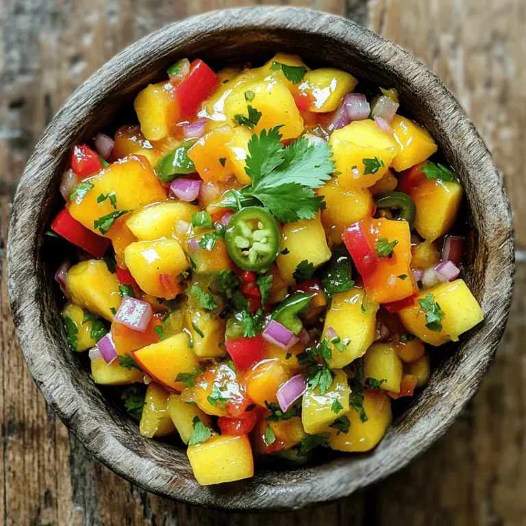 To create your easy peach salsa, gather these fresh ingredients: - 2 ripe peaches, diced into small cubes - 1 small red onion, finely minced - 1 jalapeño pepper, seeded and finely chopped - 1 red bell pepper, diced into small pieces - 1 tablespoon freshly squeezed lime juice - 1 tablespoon pure honey - 1/4 cup fresh cilantro leaves, roughly chopped - Salt and freshly ground black pepper to taste These ingredients work together to create a sweet and zesty flavor. The peaches bring sweetness, while the jalapeño adds a little kick. If you can’t find ripe peaches, try using nectarines or mangoes. Both offer a similar sweetness. For a milder salsa, skip the jalapeño. You can replace it with a small amount of bell pepper. If you want more sweetness, use agave syrup instead of honey. Fresh herbs are great, but dried cilantro works if needed. Just reduce the amount since dried herbs are stronger. When choosing peaches, look for ripe ones. They should feel slightly soft when you squeeze them. Yellow peaches are sweet and juicy, perfect for salsa. White peaches are sweeter and less acidic. For a unique twist, try using donut peaches. They are flat and sweeter, adding a fun flavor to your salsa. You can find the Full Recipe [here](#). To start, gather your fresh ingredients. You will need ripe peaches, red onion, jalapeño, and red bell pepper. Dice the peaches into small cubes for a nice texture. Mince the red onion finely so it blends well. Remove seeds from the jalapeño and chop it finely. Next, dice the red bell pepper into small pieces. Place all these into a medium mixing bowl. Gently mix the diced peaches, minced onion, chopped jalapeño, and red bell pepper together. Use a spatula or a large spoon to fold the ingredients. Be careful not to mash the peaches. They should stay firm and intact. In a separate bowl, whisk lime juice and honey together. Make sure this mixture is smooth. Pour the lime-honey dressing over the peach mixture. Use a gentle tossing motion to coat everything evenly. Now, fold in the chopped cilantro. Add salt and freshly ground black pepper to taste. Mix it all together gently again. Let the salsa sit at room temperature for about 10-15 minutes. This helps the flavors blend beautifully. You can serve the salsa right away or chill it in the fridge for a cool treat. For the Full Recipe, follow this link. To make your easy peach salsa even better, try adding more flavors. Fresh mango can bring a sweet twist. Diced cucumber adds crunch and coolness. If you like more heat, add a pinch of cayenne pepper. A splash of vinegar can give it a tangy kick. You can also mix in some diced avocado for a creamy touch. All these options can make your salsa shine. You can serve peach salsa in many fun ways. It pairs well with tortilla chips for a tasty snack. Try it on grilled chicken or fish for a fresh topping. You can also use it in tacos or burritos. It adds a burst of flavor to any dish. For a colorful plate, serve it in a bright bowl with extra cilantro on top. When making peach salsa, avoid these mistakes. First, don’t chop the peaches too small. They can turn mushy. Second, skip the salt until the end. This keeps the peaches firm. Third, don’t rush the resting time. Letting it sit helps the flavors mix well. Lastly, use ripe peaches for the best taste. Firm peaches won’t have the same sweetness. By following these tips, you can make a salsa that impresses everyone. For the Full Recipe, check out the complete guide to creating this delightful dish! {{image_4}} You can switch up the peach salsa to fit your taste. Try adding fresh mango for extra sweetness. Pineapple gives a fun twist. You can also mix in diced avocado for creaminess. Consider adding black beans for more protein. If you want heat, add more jalapeño or even a dash of hot sauce. The key is to keep it fresh and fun! Feel free to play with the ingredients. Use red onion for a sweet bite, or try green onion for a milder taste. Instead of lime, use lemon juice for a different zing. Honey can be swapped with agave syrup if you prefer. You could even add a pinch of cumin or smoked paprika for a smoky flavor. Experiment and find what makes your taste buds dance! Peach salsa shines with many meals. Serve it with grilled chicken for a light dinner. It’s also great on fish tacos, adding a fruity kick. Try it as a topping for nachos, or just enjoy it with tortilla chips. You can even mix it into a salad for a burst of flavor. The options are endless! Check out the Full Recipe for more details on making this delightful dish. To keep your peach salsa fresh, store it in an airtight container. Use glass or plastic containers that seal well. This helps keep out air and moisture. Always place it in the fridge right after use. This method preserves its vibrant flavors and crisp texture. Peach salsa lasts about 3 to 5 days in the fridge. If you notice any changes in smell or color, it's best to toss it. For longer storage, consider freezing it. However, freezing may change the texture when thawed. You can eat peach salsa cold, straight from the fridge. For a warm salsa, gently heat it on the stove for a few minutes. If it seems dry, add a splash of lime juice for extra flavor. Always stir gently to keep the peaches intact. Want to try this recipe? Check out the Full Recipe. Yes, you can make Easy Peach Salsa ahead of time. Just prepare it and store it in the fridge. This salsa tastes even better after resting for a few hours. The flavors mix well when they sit together. If you plan to serve it the next day, just stir it before serving. This will keep it fresh and tasty. Peach salsa is very versatile. You can serve it with many dishes. Here are some ideas: - Corn tortilla chips - Grilled chicken - Fish tacos - Tacos or burritos - As a topping for salads These options bring out the fresh flavor of the salsa. You can also use it as a dip for veggies. Peach salsa has a mild kick. The heat comes from the jalapeño pepper. If you prefer less heat, you can remove the seeds. For more heat, leave the seeds in or add more jalapeño. Adjust the spice level to fit your taste. For the full recipe, check out [Full Recipe]. You now have a complete guide to making Easy Peach Salsa. We covered the ingredients needed, step-by-step instructions, and tips for best flavor. You learned about variations, how to store it, and answered common questions. Remember, the right peaches can make a big difference. Customize your salsa to suit your taste and enjoy it with many dishes. For the full recipe, follow this link: [Full Recipe]. Happy cooking!