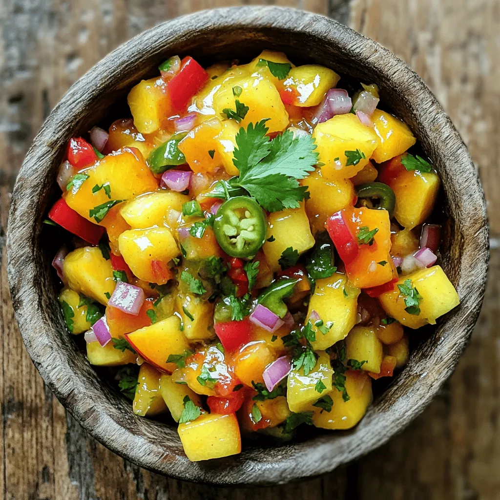 To create your easy peach salsa, gather these fresh ingredients: - 2 ripe peaches, diced into small cubes - 1 small red onion, finely minced - 1 jalapeño pepper, seeded and finely chopped - 1 red bell pepper, diced into small pieces - 1 tablespoon freshly squeezed lime juice - 1 tablespoon pure honey - 1/4 cup fresh cilantro leaves, roughly chopped - Salt and freshly ground black pepper to taste These ingredients work together to create a sweet and zesty flavor. The peaches bring sweetness, while the jalapeño adds a little kick. If you can’t find ripe peaches, try using nectarines or mangoes. Both offer a similar sweetness. For a milder salsa, skip the jalapeño. You can replace it with a small amount of bell pepper. If you want more sweetness, use agave syrup instead of honey. Fresh herbs are great, but dried cilantro works if needed. Just reduce the amount since dried herbs are stronger. When choosing peaches, look for ripe ones. They should feel slightly soft when you squeeze them. Yellow peaches are sweet and juicy, perfect for salsa. White peaches are sweeter and less acidic. For a unique twist, try using donut peaches. They are flat and sweeter, adding a fun flavor to your salsa. You can find the Full Recipe [here](#). To start, gather your fresh ingredients. You will need ripe peaches, red onion, jalapeño, and red bell pepper. Dice the peaches into small cubes for a nice texture. Mince the red onion finely so it blends well. Remove seeds from the jalapeño and chop it finely. Next, dice the red bell pepper into small pieces. Place all these into a medium mixing bowl. Gently mix the diced peaches, minced onion, chopped jalapeño, and red bell pepper together. Use a spatula or a large spoon to fold the ingredients. Be careful not to mash the peaches. They should stay firm and intact. In a separate bowl, whisk lime juice and honey together. Make sure this mixture is smooth. Pour the lime-honey dressing over the peach mixture. Use a gentle tossing motion to coat everything evenly. Now, fold in the chopped cilantro. Add salt and freshly ground black pepper to taste. Mix it all together gently again. Let the salsa sit at room temperature for about 10-15 minutes. This helps the flavors blend beautifully. You can serve the salsa right away or chill it in the fridge for a cool treat. For the Full Recipe, follow this link. To make your easy peach salsa even better, try adding more flavors. Fresh mango can bring a sweet twist. Diced cucumber adds crunch and coolness. If you like more heat, add a pinch of cayenne pepper. A splash of vinegar can give it a tangy kick. You can also mix in some diced avocado for a creamy touch. All these options can make your salsa shine. You can serve peach salsa in many fun ways. It pairs well with tortilla chips for a tasty snack. Try it on grilled chicken or fish for a fresh topping. You can also use it in tacos or burritos. It adds a burst of flavor to any dish. For a colorful plate, serve it in a bright bowl with extra cilantro on top. When making peach salsa, avoid these mistakes. First, don’t chop the peaches too small. They can turn mushy. Second, skip the salt until the end. This keeps the peaches firm. Third, don’t rush the resting time. Letting it sit helps the flavors mix well. Lastly, use ripe peaches for the best taste. Firm peaches won’t have the same sweetness. By following these tips, you can make a salsa that impresses everyone. For the Full Recipe, check out the complete guide to creating this delightful dish! {{image_4}} You can switch up the peach salsa to fit your taste. Try adding fresh mango for extra sweetness. Pineapple gives a fun twist. You can also mix in diced avocado for creaminess. Consider adding black beans for more protein. If you want heat, add more jalapeño or even a dash of hot sauce. The key is to keep it fresh and fun! Feel free to play with the ingredients. Use red onion for a sweet bite, or try green onion for a milder taste. Instead of lime, use lemon juice for a different zing. Honey can be swapped with agave syrup if you prefer. You could even add a pinch of cumin or smoked paprika for a smoky flavor. Experiment and find what makes your taste buds dance! Peach salsa shines with many meals. Serve it with grilled chicken for a light dinner. It’s also great on fish tacos, adding a fruity kick. Try it as a topping for nachos, or just enjoy it with tortilla chips. You can even mix it into a salad for a burst of flavor. The options are endless! Check out the Full Recipe for more details on making this delightful dish. To keep your peach salsa fresh, store it in an airtight container. Use glass or plastic containers that seal well. This helps keep out air and moisture. Always place it in the fridge right after use. This method preserves its vibrant flavors and crisp texture. Peach salsa lasts about 3 to 5 days in the fridge. If you notice any changes in smell or color, it's best to toss it. For longer storage, consider freezing it. However, freezing may change the texture when thawed. You can eat peach salsa cold, straight from the fridge. For a warm salsa, gently heat it on the stove for a few minutes. If it seems dry, add a splash of lime juice for extra flavor. Always stir gently to keep the peaches intact. Want to try this recipe? Check out the Full Recipe. Yes, you can make Easy Peach Salsa ahead of time. Just prepare it and store it in the fridge. This salsa tastes even better after resting for a few hours. The flavors mix well when they sit together. If you plan to serve it the next day, just stir it before serving. This will keep it fresh and tasty. Peach salsa is very versatile. You can serve it with many dishes. Here are some ideas: - Corn tortilla chips - Grilled chicken - Fish tacos - Tacos or burritos - As a topping for salads These options bring out the fresh flavor of the salsa. You can also use it as a dip for veggies. Peach salsa has a mild kick. The heat comes from the jalapeño pepper. If you prefer less heat, you can remove the seeds. For more heat, leave the seeds in or add more jalapeño. Adjust the spice level to fit your taste. For the full recipe, check out [Full Recipe]. You now have a complete guide to making Easy Peach Salsa. We covered the ingredients needed, step-by-step instructions, and tips for best flavor. You learned about variations, how to store it, and answered common questions. Remember, the right peaches can make a big difference. Customize your salsa to suit your taste and enjoy it with many dishes. For the full recipe, follow this link: [Full Recipe]. Happy cooking!