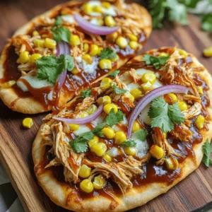- 2 pieces of flatbread or naan bread - 1 cup cooked chicken, shredded - 1/2 cup BBQ sauce (plus extra for drizzling) - 1 cup shredded mozzarella cheese - 1/2 cup red onion, thinly sliced - 1/2 cup corn kernels (canned or frozen, drained if canned) - 1/4 cup fresh cilantro, chopped - 1 teaspoon olive oil - Salt and black pepper, to taste When I make BBQ chicken flatbread pizza, I love the balance of flavors. The sweet and tangy BBQ sauce pairs well with tender chicken. Fresh veggies add a nice crunch. This recipe is fun and easy, perfect for any night. - Baking sheet - Mixing bowls - Measuring cups and spoons - Brush for olive oil Gathering your tools makes cooking smoother. A baking sheet helps with even baking. Mixing bowls are great for combining ingredients. Measuring cups and spoons ensure accuracy. An olive oil brush helps with even coating. Having everything ready makes the process enjoyable. For the full experience, check the Full Recipe for all the steps! - Preheat the oven to 400°F (200°C). - Combine shredded chicken with half of the BBQ sauce. Get your oven ready. Preheating helps the pizza cook evenly. Next, grab your shredded chicken and a bowl. Mix the chicken with half of the BBQ sauce. This makes the chicken tasty and juicy. Set this mixture aside for later. - Brush flatbreads with olive oil and season. - Spread BBQ sauce on the flatbreads and add the chicken mixture. Now, take your flatbreads and brush one side with olive oil. This step adds flavor and helps them crisp up. Season them with a little salt and black pepper. Then, spread the remaining BBQ sauce on the un-oiled side. Leave about a half-inch border so the edges stay crispy. Next, evenly distribute your BBQ chicken mixture over the sauce. This makes sure each bite is full of flavor. - Sprinkle toppings and bake in oven. - Allow cooling before slicing and serving with garnish. Sprinkle the shredded mozzarella cheese on top of the chicken. Add sliced red onion and corn kernels for extra crunch and taste. Place your flatbreads on a baking sheet and bake them in the oven for 12-15 minutes. You want the cheese to bubble and the edges to turn golden brown. Once done, let them cool for a couple of minutes. This helps with slicing and prevents burns. Just before serving, add fresh chopped cilantro on top. Slice the flatbreads into pieces, and enjoy your BBQ Chicken Flatbread Pizza! For the full recipe, check the instructions above. Preheat your oven to 400°F (200°C). This step is key for even cooking. A hot oven helps your flatbreads cook perfectly. Use a baking sheet for the best results. Place your flatbreads directly on it. Once they bake, let them cool for a few minutes. This cooling time helps the cheese set and prevents burns. Slice them after they cool down a bit. To make your BBQ Chicken Flatbread Pizza even better, try adding spices. A dash of smoked paprika or garlic powder can boost the taste. Fresh herbs like oregano or thyme work well too. You can also switch up your BBQ sauce. Use sweet, spicy, or tangy sauces based on what you like. Each type gives a different kick to your pizza. For a pretty plate, serve the flatbreads on a wooden cutting board. This adds a rustic touch. Drizzle some extra BBQ sauce over the top for flair. Sprinkle fresh cilantro leaves to brighten the dish. This not only adds color but also freshness. Enjoy the look as much as the taste! {{image_4}} You can easily switch up the protein in this recipe. Try using pulled pork for a smoky flavor. If you want a vegetarian option, tofu works great too. For cheese, mozzarella is classic, but cheddar adds a sharp touch. Vegan cheese can be a good choice as well. Adding veggies makes your flatbread even better. Try bell peppers for a sweet crunch or spinach for some greens. In summer, fresh tomatoes or zucchini can add a nice twist. Seasonal ingredients bring a burst of flavor and color to your dish. If you need a gluten-free meal, don't worry! You can use gluten-free flatbread or a cauliflower crust. Just be sure to check the labels for gluten. Keep your toppings simple and fresh to avoid cross-contamination. This way, everyone can enjoy BBQ Chicken Flatbread Pizza together. For the full recipe, check out the details above. To keep your BBQ Chicken Flatbread Pizza fresh, let it cool before storing. Store leftovers in airtight containers. This helps lock in moisture and flavor. You can also wrap them tightly in plastic wrap. Try to consume leftovers within 3 days for best taste. To reheat, the oven works best. Preheat it to 350°F (175°C). Place the flatbreads on a baking sheet. Heat for about 10 minutes. This keeps the crust crispy and cheese melty. Microwaving is quicker but can make the crust soggy. If using a microwave, heat for 30 seconds to 1 minute. You can freeze the assembled flatbread before baking. Wrap them in plastic wrap, then foil. This prevents freezer burn and keeps flavors intact. When you're ready to eat, thaw it in the fridge overnight. Bake from frozen at 400°F (200°C) for about 20-25 minutes. What type of flatbread works best for this recipe? I recommend using naan or pita bread. Both types hold toppings well. Naan offers a soft texture, while pita is slightly thicker. You can use store-bought or homemade flatbreads. Can I use raw chicken instead of cooked, and how do I prepare it? Yes, you can use raw chicken. First, season it with salt and pepper. Then, bake or grill it until fully cooked, about 20-25 minutes at 375°F (190°C). Shred the chicken before mixing it with BBQ sauce. Is this recipe suitable for meal prep? Absolutely! You can prepare and assemble the flatbreads in advance. Just store them in the fridge. When ready, bake them for a quick and tasty meal. Caloric content per serving. Each serving contains about 350 calories. This number can change based on portion sizes and added toppings. Breakdown of macronutrients for health-conscious readers. - Protein: 25g - Carbohydrates: 40g - Fat: 12g Ideal side dishes to complement BBQ Chicken Flatbread Pizza. Serve with a fresh salad or coleslaw. Both pair well with the rich flavors of the pizza. You can also offer carrot sticks or veggie trays for a crunchy side. Beverage pairings that enhance the meal experience. I suggest iced tea or a light lager. Both drinks balance the BBQ sauce’s sweetness. If you want something non-alcoholic, try lemonade. It adds a refreshing touch! Making BBQ Chicken Flatbread Pizza is easy and fun. You need simple ingredients and tools to get started. Follow the steps to make a delicious meal. Remember to use fresh toppings and experiment with flavors. You can also try different proteins or add more veggies for a twist. Store leftovers properly for later enjoyment. Enjoy your cooking and savor every bite! This recipe makes any meal special.