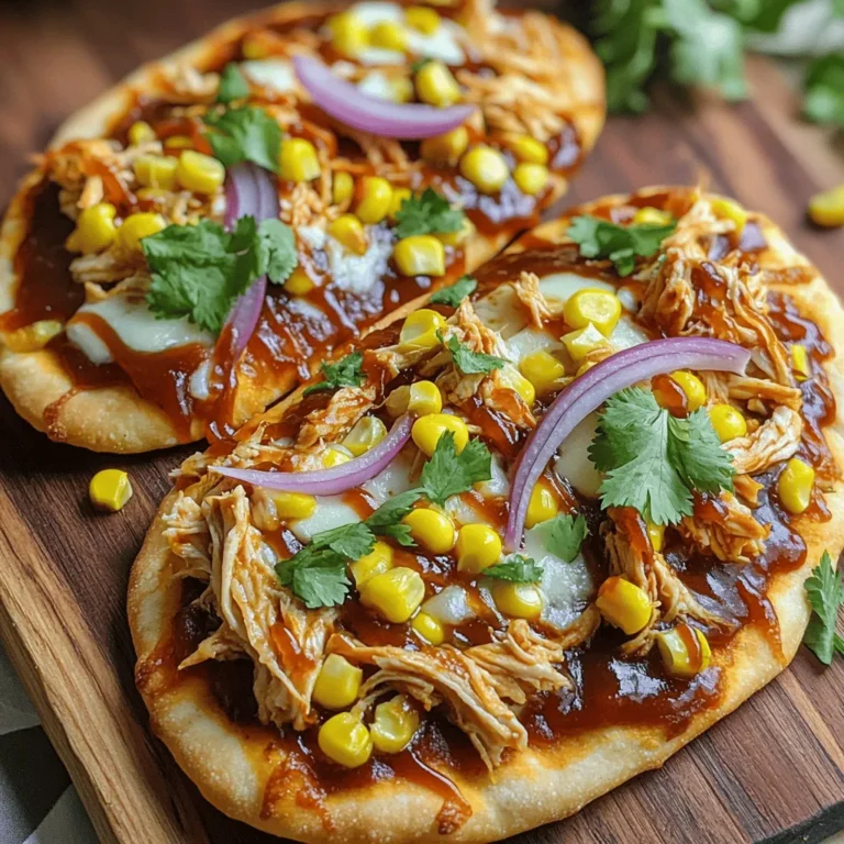 - 2 pieces of flatbread or naan bread - 1 cup cooked chicken, shredded - 1/2 cup BBQ sauce (plus extra for drizzling) - 1 cup shredded mozzarella cheese - 1/2 cup red onion, thinly sliced - 1/2 cup corn kernels (canned or frozen, drained if canned) - 1/4 cup fresh cilantro, chopped - 1 teaspoon olive oil - Salt and black pepper, to taste When I make BBQ chicken flatbread pizza, I love the balance of flavors. The sweet and tangy BBQ sauce pairs well with tender chicken. Fresh veggies add a nice crunch. This recipe is fun and easy, perfect for any night. - Baking sheet - Mixing bowls - Measuring cups and spoons - Brush for olive oil Gathering your tools makes cooking smoother. A baking sheet helps with even baking. Mixing bowls are great for combining ingredients. Measuring cups and spoons ensure accuracy. An olive oil brush helps with even coating. Having everything ready makes the process enjoyable. For the full experience, check the Full Recipe for all the steps! - Preheat the oven to 400°F (200°C). - Combine shredded chicken with half of the BBQ sauce. Get your oven ready. Preheating helps the pizza cook evenly. Next, grab your shredded chicken and a bowl. Mix the chicken with half of the BBQ sauce. This makes the chicken tasty and juicy. Set this mixture aside for later. - Brush flatbreads with olive oil and season. - Spread BBQ sauce on the flatbreads and add the chicken mixture. Now, take your flatbreads and brush one side with olive oil. This step adds flavor and helps them crisp up. Season them with a little salt and black pepper. Then, spread the remaining BBQ sauce on the un-oiled side. Leave about a half-inch border so the edges stay crispy. Next, evenly distribute your BBQ chicken mixture over the sauce. This makes sure each bite is full of flavor. - Sprinkle toppings and bake in oven. - Allow cooling before slicing and serving with garnish. Sprinkle the shredded mozzarella cheese on top of the chicken. Add sliced red onion and corn kernels for extra crunch and taste. Place your flatbreads on a baking sheet and bake them in the oven for 12-15 minutes. You want the cheese to bubble and the edges to turn golden brown. Once done, let them cool for a couple of minutes. This helps with slicing and prevents burns. Just before serving, add fresh chopped cilantro on top. Slice the flatbreads into pieces, and enjoy your BBQ Chicken Flatbread Pizza! For the full recipe, check the instructions above. Preheat your oven to 400°F (200°C). This step is key for even cooking. A hot oven helps your flatbreads cook perfectly. Use a baking sheet for the best results. Place your flatbreads directly on it. Once they bake, let them cool for a few minutes. This cooling time helps the cheese set and prevents burns. Slice them after they cool down a bit. To make your BBQ Chicken Flatbread Pizza even better, try adding spices. A dash of smoked paprika or garlic powder can boost the taste. Fresh herbs like oregano or thyme work well too. You can also switch up your BBQ sauce. Use sweet, spicy, or tangy sauces based on what you like. Each type gives a different kick to your pizza. For a pretty plate, serve the flatbreads on a wooden cutting board. This adds a rustic touch. Drizzle some extra BBQ sauce over the top for flair. Sprinkle fresh cilantro leaves to brighten the dish. This not only adds color but also freshness. Enjoy the look as much as the taste! {{image_4}} You can easily switch up the protein in this recipe. Try using pulled pork for a smoky flavor. If you want a vegetarian option, tofu works great too. For cheese, mozzarella is classic, but cheddar adds a sharp touch. Vegan cheese can be a good choice as well. Adding veggies makes your flatbread even better. Try bell peppers for a sweet crunch or spinach for some greens. In summer, fresh tomatoes or zucchini can add a nice twist. Seasonal ingredients bring a burst of flavor and color to your dish. If you need a gluten-free meal, don't worry! You can use gluten-free flatbread or a cauliflower crust. Just be sure to check the labels for gluten. Keep your toppings simple and fresh to avoid cross-contamination. This way, everyone can enjoy BBQ Chicken Flatbread Pizza together. For the full recipe, check out the details above. To keep your BBQ Chicken Flatbread Pizza fresh, let it cool before storing. Store leftovers in airtight containers. This helps lock in moisture and flavor. You can also wrap them tightly in plastic wrap. Try to consume leftovers within 3 days for best taste. To reheat, the oven works best. Preheat it to 350°F (175°C). Place the flatbreads on a baking sheet. Heat for about 10 minutes. This keeps the crust crispy and cheese melty. Microwaving is quicker but can make the crust soggy. If using a microwave, heat for 30 seconds to 1 minute. You can freeze the assembled flatbread before baking. Wrap them in plastic wrap, then foil. This prevents freezer burn and keeps flavors intact. When you're ready to eat, thaw it in the fridge overnight. Bake from frozen at 400°F (200°C) for about 20-25 minutes. What type of flatbread works best for this recipe? I recommend using naan or pita bread. Both types hold toppings well. Naan offers a soft texture, while pita is slightly thicker. You can use store-bought or homemade flatbreads. Can I use raw chicken instead of cooked, and how do I prepare it? Yes, you can use raw chicken. First, season it with salt and pepper. Then, bake or grill it until fully cooked, about 20-25 minutes at 375°F (190°C). Shred the chicken before mixing it with BBQ sauce. Is this recipe suitable for meal prep? Absolutely! You can prepare and assemble the flatbreads in advance. Just store them in the fridge. When ready, bake them for a quick and tasty meal. Caloric content per serving. Each serving contains about 350 calories. This number can change based on portion sizes and added toppings. Breakdown of macronutrients for health-conscious readers. - Protein: 25g - Carbohydrates: 40g - Fat: 12g Ideal side dishes to complement BBQ Chicken Flatbread Pizza. Serve with a fresh salad or coleslaw. Both pair well with the rich flavors of the pizza. You can also offer carrot sticks or veggie trays for a crunchy side. Beverage pairings that enhance the meal experience. I suggest iced tea or a light lager. Both drinks balance the BBQ sauce’s sweetness. If you want something non-alcoholic, try lemonade. It adds a refreshing touch! Making BBQ Chicken Flatbread Pizza is easy and fun. You need simple ingredients and tools to get started. Follow the steps to make a delicious meal. Remember to use fresh toppings and experiment with flavors. You can also try different proteins or add more veggies for a twist. Store leftovers properly for later enjoyment. Enjoy your cooking and savor every bite! This recipe makes any meal special.