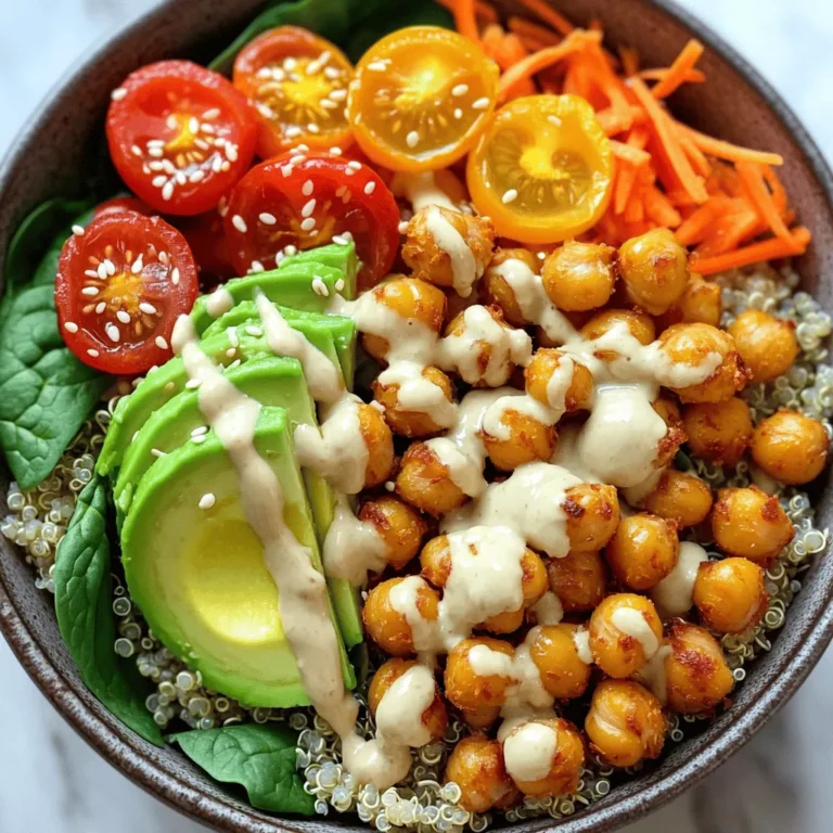 - 1 can (15 oz) chickpeas, drained and thoroughly rinsed - 2 tablespoons extra virgin olive oil - 1 teaspoon smoked paprika - 1 teaspoon garlic powder - 1 teaspoon ground cumin - Sea salt and freshly cracked black pepper, to taste - 1 cup cooked quinoa (follow package directions) - 1 cup fresh baby spinach - 1 medium avocado, sliced into thin wedges - 1 cup cherry tomatoes, halved - ½ cup shredded carrots - ¼ cup tahini - 2 tablespoons fresh lemon juice - 1 tablespoon maple syrup (optional, for sweetness) - Water, as needed to adjust tahini sauce consistency The main ingredients create a tasty and healthy Buddha bowl. Each one adds flavor and nutrition to your meal. The chickpeas give protein, while the quinoa offers fiber. The fresh veggies add crunch and color. You can add extra toppings to boost flavor and variety. Consider: - Fresh herbs like cilantro or parsley - Nuts or seeds for crunch - Pickled vegetables for tang - A dash of hot sauce for heat These optional ingredients can change the taste and feel of your bowl. Feel free to mix and match based on your likes. This Buddha bowl is packed with nutrients. Here is a quick look at what you get from one serving: - Calories: About 450 - Protein: 15g - Healthy fats: 24g - Carbs: 50g - Fiber: 12g This dish provides a good balance of protein, fats, and carbs. It’s filling and keeps you energized. For the full recipe, check out the details above. Enjoy your delicious and nourishing meal! Start by preheating your oven to 400°F (200°C). Line a baking sheet with parchment paper. This helps with easy cleanup. Next, take the can of chickpeas and drain them well. Rinse the chickpeas under cool water. Use a clean kitchen towel to pat them dry. The drier they are, the crispier they will get. In a mixing bowl, add the chickpeas. Pour in the olive oil and sprinkle the spices: smoked paprika, garlic powder, and ground cumin. Add sea salt and black pepper to taste. Toss everything until the chickpeas are well coated. Spread the seasoned chickpeas on the prepared baking sheet in a single layer. Put them in the oven and roast for 25-30 minutes. Halfway through, toss the chickpeas to help them crisp evenly. While the chickpeas roast, cook the quinoa. Follow the package instructions for the right amount of water. Once it boils, add the quinoa. Cook until soft, then fluff it with a fork and let it cool. For the tahini sauce, mix tahini, lemon juice, and maple syrup in a small bowl. Gradually add water a bit at a time. Keep stirring until the sauce is smooth but thick enough to drizzle. In a large serving bowl, start with a base of fluffy quinoa. On one side, add fresh baby spinach. Next, pile on the crispy chickpeas. Then, add sliced avocado, halved cherry tomatoes, and shredded carrots. Finally, drizzle the tahini sauce over everything. For extra flavor, sprinkle more sea salt and black pepper. Serve in colorful bowls to show off the vibrant ingredients. Enjoy your delicious and nourishing Crispy Chickpea Buddha Bowl! For the full recipe, check the details provided earlier. To make crispy chickpeas, start with dry beans. Pat them well with a towel after rinsing. This step removes excess moisture, which helps them roast better. Use olive oil and your favorite spices for flavor. Smoked paprika adds a nice touch. Roast them at 400°F for 25-30 minutes. Remember to toss them halfway through to ensure even crispiness. Making the tahini sauce is simple. Mix tahini, lemon juice, and maple syrup in a bowl. Add water a little at a time until it’s just right. You want a smooth, creamy texture. If it’s too thick, add more water. If it’s too thin, you can add more tahini. Taste it and adjust with salt or lemon juice if needed. When serving your Buddha bowl, layer it beautifully. Start with a base of quinoa. Arrange the crispy chickpeas, fresh spinach, and colorful veggies on top. Add sliced avocado and cherry tomatoes for freshness. Drizzle the tahini sauce over the bowl right before serving. You can sprinkle sesame seeds or herbs on top for extra flavor. Presentation matters, so use deep bowls to showcase the vibrant colors. Enjoy your meal! For the full recipe, check out the Crispy Chickpea Buddha Bowl! {{image_4}} This Crispy Chickpea Buddha Bowl is already vegan and gluten-free. You can enjoy it without worry. While quinoa is my favorite base, you can switch it up. Try brown rice or farro for a different taste. Both grains bring unique flavors and textures. You can also use cauliflower rice for a lower-carb option. Feel free to customize your bowl with toppings. Here are some ideas: - Roasted sweet potatoes for sweetness. - Sliced radishes for crunch. - Grilled zucchini for a smoky flavor. - Fresh herbs like basil or mint for brightness. The key is to balance flavors and textures. Mix and match your favorite toppings to make your bowl special. Enjoy the journey of creating your perfect Crispy Chickpea Buddha Bowl! For the complete recipe, check out the Full Recipe section. To keep your crispy chickpea Buddha bowl fresh, store leftovers in an airtight container. Place the chickpeas and other ingredients in separate containers. This helps maintain their texture. Store them in the fridge for up to three days. To reheat the chickpeas, place them on a baking sheet. Preheat your oven to 400°F (200°C) and roast them for about 10 minutes. This restores their crispiness. You can also microwave the other ingredients for 30 seconds to 1 minute, but they may lose some texture. You can freeze the chickpeas for up to three months. Place them in a freezer-safe bag or container. For best results, cool them completely before freezing. However, I recommend avoiding freezing fresh veggies like spinach or avocado, as they do not thaw well. Yes, you can use canned chickpeas. They are quick and easy to find. Just make sure to drain and rinse them well. This removes excess sodium. Rinsing also helps with the crispiness. If you use dried chickpeas, soak and cook them first. Both options are tasty. To lower the calories in this recipe, try these tips: - Use less olive oil when roasting chickpeas. - Swap quinoa for cauliflower rice. - Skip the maple syrup in the tahini sauce. - Add more veggies to fill your bowl. These changes keep the dish healthy and light without losing flavor. You can use various sauces with a Buddha bowl. Here are some ideas: - Hummus is creamy and rich. - A yogurt sauce adds a cool touch. - Salsa brings a fresh and zesty flavor. - Pesto adds a herby note. Try different sauces to find your favorite! For the full recipe, check the Crispy Chickpea Buddha Bowl. You learned how to create a tasty Crispy Chickpea Buddha Bowl. We covered the main ingredients and preparation steps. I shared helpful tips for perfect chickpeas and tasty sauces. You can also customize the bowl to fit your taste. Remember how to store and reheat leftovers for easy meals later. Enjoy experimenting with various toppings and grains. This bowl is fun, healthy, and satisfying. Try it out, and enjoy your tasty creation!