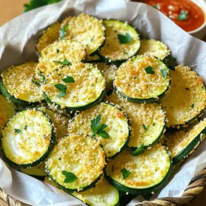 To make Garlic Parmesan Zucchini Chips, you need a few simple ingredients. Here’s what you’ll need to create this tasty snack: - 2 medium zucchinis - 1 cup freshly grated Parmesan cheese - 1 tablespoon garlic powder - 1 teaspoon onion powder - 1 teaspoon dried oregano - 1/2 teaspoon sea salt - 1/4 teaspoon freshly ground black pepper - 1 tablespoon extra virgin olive oil - 1/4 cup panko bread crumbs - Optional garnishes: fresh parsley These ingredients work together to create a crunchy and flavorful snack. The Parmesan cheese gives a rich and savory taste. Garlic powder adds a nice zing, while the dried oregano brings in a hint of earthiness. Each ingredient plays a key role in making these chips truly delightful. For the full recipe, including step-by-step instructions, check out the section on preparation. Enjoy crafting these delicious chips! First, preheat your oven to 225°F (110°C). This low heat helps the chips become crispy. Next, slice the zucchinis into thin rounds, about 1/8 inch thick. Keep them uniform for even cooking. After slicing, pat the zucchini slices dry with paper towels. This step is crucial. It removes excess moisture to ensure a perfect crunch. In a large mixing bowl, combine the following ingredients: - 1 cup freshly grated Parmesan cheese - 1 tablespoon garlic powder - 1 teaspoon onion powder - 1 teaspoon dried oregano - 1/2 teaspoon sea salt - 1/4 teaspoon freshly ground black pepper - 1/4 cup panko bread crumbs Mix well to distribute the seasonings evenly. This blend gives the zucchini chips their rich flavor. Drizzle 1 tablespoon of extra virgin olive oil over the zucchini slices. Toss them gently to coat each slice evenly with oil. This step helps the seasoning stick. Next, dip each slice into the Parmesan mixture. Press down slightly to coat both sides well. Arrange the coated slices on a baking sheet lined with parchment paper. Make sure they are in a single layer to allow for crisping. Now, place the baking sheet in the preheated oven. Bake the zucchini chips for 2 to 2.5 hours. Check frequently for a golden color and crispiness. The longer you bake, the crunchier they will be. If you like, garnish with freshly chopped parsley after baking for added color and flavor. To make your zucchini chips crispy, start by drying the slices well. Zucchini has a lot of water, so patting them dry with paper towels helps remove moisture. This step is key to getting that nice crunch. Next, cut the zucchini into uniform slices, around 1/8 inch thick. This keeps the cooking even. Thicker slices can stay soft while thinner ones get crispy. When serving, think about how to make your chips look great. A rustic basket with parchment paper feels cozy. A colorful plate adds fun to your snack time. Dipping sauces really elevate the experience. I love serving these chips with marinara sauce. It adds a nice flavor and pairs well with the garlic and cheese. Using fresh Parmesan cheese makes a big difference in taste. It gives a rich flavor that pre-grated cheese just can’t match. Fresh herbs also add brightness to your dish. When picking zucchini, look for firm ones with smooth skin. Avoid any that feel soft or have blemishes. Fresh zucchini will give you the best flavor and texture for your chips. For more tips and the full recipe, check out the full recipe. {{image_4}} You can spice things up with a spicy garlic Parmesan twist. Just add cayenne pepper to the cheese mix. This adds a nice kick! If you prefer herbs, try Italian seasoning. It gives the chips a lovely, fragrant taste. You don’t have to stick to Parmesan. Cheddar and mozzarella work well too! They melt nicely and add rich flavor. For a dairy-free option, try using vegan cheese. There are many good brands that melt well and taste great. You can easily make more or less of these chips. Just adjust the amount of zucchini and cheese based on how many people you serve. If you double the recipe, the cooking time stays the same, but smaller batches may cook faster. Always check for that perfect crispiness! To keep your garlic Parmesan zucchini chips fresh, use an airtight container. Place parchment paper between layers to avoid sticking. This method keeps chips crispy and prevents moisture buildup. I recommend glass or plastic containers with tight-fitting lids. Avoid using paper bags, as they can cause sogginess. To reheat your zucchini chips, preheat the oven to 350°F (175°C). Arrange the chips in a single layer on a baking sheet. Bake for about 5-10 minutes until they regain their crispiness. Avoid microwaving, as this can make them soggy. If you want extra crunch, use an air fryer for a few minutes. These chips store well for about 2-3 days at room temperature. If you keep them in the fridge, they can last up to a week. Always check for signs of freshness. Look for any moisture or a change in texture. If they feel soft or look discolored, it’s best to toss them. Enjoy them while they’re still crispy! For the full recipe, check the earlier section. Yes, you can use other vegetables. Carrots and sweet potatoes work well. They add great flavor and crunch. Eggplants and beets are also good choices. Cut them thin, just like zucchini. Bake them the same way for tasty results. To make these chips healthier, try using less cheese. You can also cut back on oil. Use cooking spray instead of pouring olive oil. Choose whole grain or gluten-free breadcrumbs for a lighter option. Adding herbs can boost flavor without extra calories. If you don’t have panko, use regular bread crumbs. Crush some crackers or cornflakes for a crunchy topping. Use oats for a gluten-free option. Just ensure they are dry and crunchy for the best texture. No, it is not necessary to peel zucchini. The skin adds color and nutrients. If you prefer a softer texture, feel free to peel it. Both options will taste great, so choose what you like best. Yes, you can prepare these chips ahead of time. Slice and season the zucchini, then store it in the fridge. Bake them when you’re ready to enjoy. For leftovers, store them in an airtight container for up to three days. These chips pair well with many dips. Marinara sauce brings a nice contrast. Try ranch dressing for a creamy dip. Hummus adds a healthy twist. You can also use yogurt-based dips for a refreshing option. This blog post showed how to make delicious Garlic Parmesan Zucchini Chips. With simple ingredients, you learned to prepare, bake, and enjoy this healthy snack. Remember, using fresh produce can elevate your dish. Experiment with flavors and garnishes to create your own twist. Storing and reheating leftovers correctly helps maintain their crunch. I hope you feel inspired to try this recipe or variations. Happy cooking!