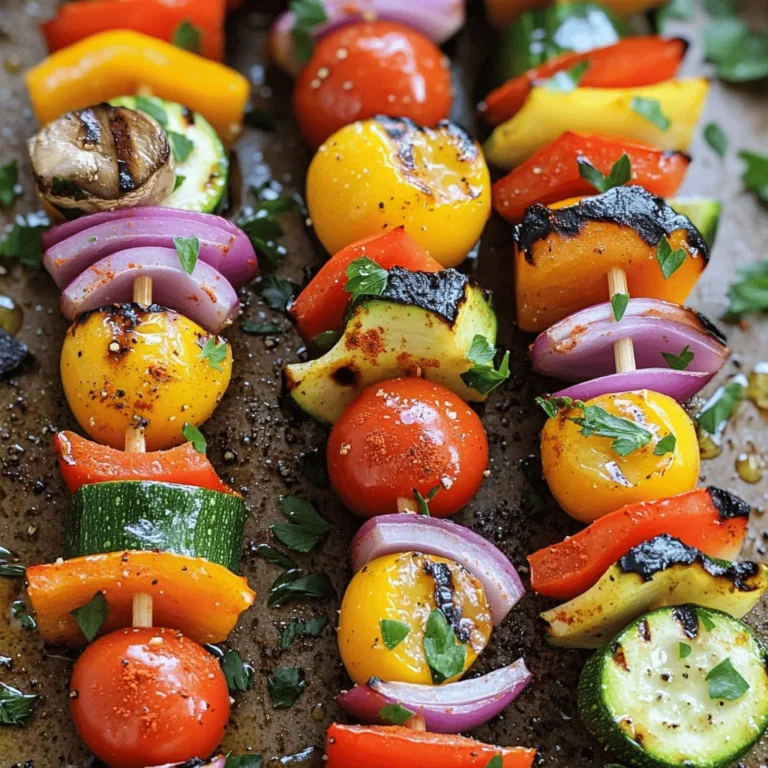 - 1 red bell pepper, cut into 1-inch pieces - 1 orange bell pepper, cut into 1-inch pieces - 1 yellow zucchini, sliced into rounds - 1 green zucchini, sliced into rounds - 1 cup cherry tomatoes - 1 small red onion, cut into wedges - 1 cup mushrooms, halved Using fresh vegetables is key for colorful, tasty skewers. Each veggie brings unique flavors and textures. The red and orange bell peppers add sweetness and crunch. Zucchinis bring a soft, tender bite. Cherry tomatoes burst with juice, while red onions offer a hint of sharpness. Mushrooms give a meaty feel, making each bite satisfying. - 3 tablespoons olive oil - 1 teaspoon garlic powder - 1 teaspoon dried oregano - 1 teaspoon smoked paprika - Salt and pepper to taste A good marinade makes all the difference. Olive oil coats the veggies, ensuring they grill nicely. Garlic powder adds depth. Oregano gives a hint of earthiness. Smoked paprika brings warmth and a touch of smokiness. Salt and pepper enhance all these flavors. Mix them well to create a delicious marinade that sticks to the veggies. - Fresh parsley, chopped Fresh parsley adds a vibrant touch. It also brightens up the dish. Just sprinkle it over the skewers before serving. This final step makes your Rainbow Veggie Skewers pop. For the full recipe, be sure to check the detailed instructions. Enjoy creating these delightful, colorful treats! To start, preheat your grill or grill pan to medium heat. This is key for cooking the veggies just right. A hot grill gives your skewers nice grill marks and a smoky flavor. Aim for a temperature of about 350°F to 400°F. You can test the heat by holding your hand above the grill. If you can keep it there for 3-4 seconds, it is ready. Next, grab a large mixing bowl. Toss in the red bell pepper, orange bell pepper, yellow zucchini, green zucchini, cherry tomatoes, red onion wedges, and halved mushrooms. Gently mix these colorful veggies. Now, let’s create the marinade. In a small bowl, mix the olive oil, garlic powder, dried oregano, smoked paprika, salt, and pepper. Whisk until everything blends well. This marinade adds depth to the veggies and brings out their natural flavors. Pour the olive oil mixture over the vegetables. Use a spatula or your hands to toss everything gently. Make sure every piece is coated in that tasty marinade. Let the veggies sit for about 10 minutes. This helps them soak up those yummy flavors. Now it's time to thread the veggies onto your skewers. Alternate between the different colors and types for a fun look. Aim for about 4-5 pieces per skewer to keep them easy to handle. Place the skewers on the preheated grill. Grill the veggies for about 10-12 minutes. Turn them every few minutes with tongs. This ensures even cooking and lets them get those lovely grill marks. Once they are tender and have a nice char, remove them from the grill. Allow the skewers to cool for a few minutes before serving. For a final touch, sprinkle chopped fresh parsley on top. This adds a pop of color and freshness. Enjoy your vibrant and flavorful Rainbow Veggie Skewers as a healthy treat or side dish! Check the [Full Recipe] for more details. For colorful skewers, use seasonal veggies. Look for fresh, bright options. Some great choices include: - Red bell pepper - Orange bell pepper - Yellow zucchini - Green zucchini - Cherry tomatoes - Red onion - Mushrooms These veggies not only taste great but also add vibrant colors to your dish. When picking vegetables, check for firmness and avoid any soft spots. Freshness is key for flavor and crunch. To avoid overcooking, keep a close eye on your skewers. Grill them for about 10-12 minutes. Turn them every few minutes. This gives an even cook and nice grill marks. Use tongs to handle the skewers safely. For the best grilling experience, use a grill basket or skewers with a flat edge. This helps keep the veggies from slipping off while cooking. Preheat your grill to medium heat for the best results. Rainbow Veggie Skewers make a great side dish or appetizer. They pair well with dips like hummus or tzatziki. You can also serve them with a drizzle of balsamic glaze for extra flavor. These skewers fit well in many meals. Use them at barbecues, picnics, or family dinners. They are a fun way to get kids excited about eating vegetables. For the full recipe, check out the Rainbow Veggie Skewers section above. {{image_4}} You can swap any veggie in the skewers. Use seasonal or personal favorites. Try asparagus, eggplant, or even sweet corn. Each change adds new flavors and colors. If you have specific dietary needs, consider low-carb options like cauliflower. You can also use bell peppers of different colors for extra flair! To make these skewers heartier, add protein. Tofu works great. Use firm tofu, cut into cubes. Halloumi cheese is another tasty option. It grills beautifully and adds a nice salty flavor. Marinate your protein in the same mix as the veggies. This ensures all components taste amazing! Make sure all ingredients are plant-based. Choose vegan-friendly marinades. Use coconut aminos instead of soy sauce for a soy-free option. For a spicy kick, add chili flakes to the marinade. You can also include herbs like basil or cilantro for fresh flavor. Enjoy a colorful, plant-based feast with these simple tweaks! To keep your Rainbow Veggie Skewers fresh, store them in an airtight container. Place them in the fridge within two hours of cooking. They will stay good for up to three days. If you see any wilting or off smells, it's best to toss them. You can freeze your skewers if you want to save some for later. Wrap each skewer in plastic wrap or foil. Then, place them in a freezer-safe bag. They can last for up to three months in the freezer. When you're ready to use them, thaw the skewers in the fridge overnight. To reheat, the oven is your best friend. Place the skewers on a baking sheet and warm them at 350°F. This method keeps their texture nice. Avoid using the microwave, as it makes them soggy. You can also grill them again for a few minutes to bring back that grilled flavor. Rainbow Veggie Skewers take about 10-12 minutes to grill. The key is to turn them every few minutes. This helps them cook evenly and get nice grill marks. Yes, you can use wooden skewers! Make sure to soak them in water for at least 30 minutes. This prevents them from burning on the grill. You can enjoy these skewers with many dips. Here are some tasty options: - Hummus - Tzatziki - Yogurt sauce - Garlic aioli - Pesto Yes, this recipe is gluten-free! Just ensure your marinade and dips are gluten-free, too. For extra flavor, try adding gluten-free soy sauce to your marinade. Absolutely! You can prep the veggies and marinate them a few hours ahead. Just keep them in the fridge until grilling time. This makes cooking easy and quick. Rainbow Veggie Skewers are healthy and vibrant! They are low in calories and packed with vitamins. Here’s a quick overview: - Calories: About 100 per serving - High in fiber - Rich in vitamins A and C - Contains healthy fats from olive oil For the full recipe, check out the detailed instructions and enjoy these fresh delights! Rainbow veggie skewers are a fun and tasty way to enjoy fresh vegetables. We discussed the best ingredients, from vibrant bell peppers to flavorful mushrooms. I shared easy steps for marinating, grilling, and serving these skewers. You also learned tips for perfect grilling and how to store leftovers. Whether you want a meal or a snack, these skewers are versatile and enjoyable. Remember, experimenting with different veggies can make each batch unique. Enjoy your grilling adventures and tasty meals!