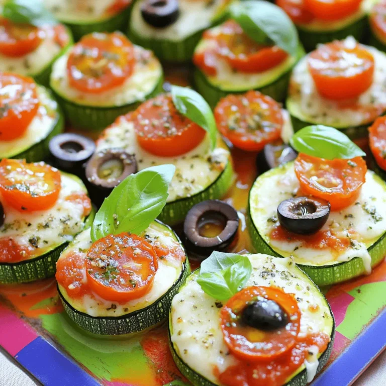To make zucchini pizza bites, you need fresh and simple ingredients. This recipe keeps it easy and tasty. Here’s what you will need: - 2 medium zucchinis - 1 cup marinara sauce - 1 cup shredded mozzarella cheese - 1/2 cup cherry tomatoes, halved - 1/4 cup black olives, sliced - 1 teaspoon Italian seasoning - 1/2 teaspoon garlic powder - 1/4 teaspoon red pepper flakes (optional) - Fresh basil leaves for garnish - Olive oil for drizzling - Salt and pepper to taste These ingredients create a mix of flavors that makes each bite special. The zucchini gives a nice crunch, while the cheese adds creaminess. The marinara sauce brings a classic pizza taste. You can adjust the toppings based on what you like. For the full recipe, check the above section. - Preheat your oven to 400°F (200°C). - Slice the zucchinis into thick rounds, about 1/2 inch thick. - Arrange the zucchini rounds on a baking sheet in a single layer. Start by preheating your oven. This step is key for crispy bites. Slice zucchinis thickly to keep them sturdy. Thin slices may turn too soft. Lay them out flat on the baking sheet. This helps them roast evenly. - Drizzle olive oil and seasonings over zucchini. - Bake for 10-12 minutes. Drizzle olive oil on the zucchini rounds. This adds flavor and helps with cooking. Sprinkle salt, pepper, garlic powder, and Italian seasoning on top. Toss the rounds gently to coat them evenly. Bake the zucchini until they soften. You want them slightly tender but not fully cooked yet. - Add marinara sauce, cheese, and toppings. - Bake until cheese melts and is golden. After roasting, take the zucchini out. Spoon a little marinara sauce on each round. Spread it out, but leave some space. Now, sprinkle shredded mozzarella cheese over the sauce. Add halved cherry tomatoes and sliced black olives on top. Return the baking sheet to the oven. Bake until the cheese melts and turns golden. For a nice finish, broil for 1-2 minutes. Watch closely to avoid burning. - Ideal thickness for zucchini rounds: Slice your zucchinis into 1/2-inch thick rounds. This thickness helps them cook well without becoming too soggy. If they are too thin, they may burn. - Importance of pre-roasting the zucchini: Pre-roasting your zucchini is key. This step enhances the flavor and texture. It makes sure the rounds are tender yet firm. Roasting them before adding toppings prevents sogginess when baked again. - Broiling for a golden finish: To achieve a beautiful golden top, use the broiler for the last minute or two. This step adds a nice crunch to the cheese. Just keep a close watch to prevent burning. - Pairing with dips or sides: Serve your zucchini pizza bites with marinara sauce or a creamy dip. They also pair well with a fresh salad for a complete meal. A simple ranch or garlic dip can add a nice touch. - Creative presentation ideas: Arrange the bites on a colorful platter. Add fresh basil leaves for a pop of color. You can even drizzle a little balsamic glaze over them for extra flair. {{image_4}} You can change up your zucchini pizza bites to fit your taste. Here are some ideas: - Vegetarian options: Try using different veggies like bell peppers, mushrooms, or spinach. They add color and flavor. - Protein additions: Add some pepperoni or sausage for a meaty twist. You can even use cooked chicken for a fun variation. - Gluten-free alternatives: Swap out the marinara sauce for a gluten-free base, like hummus or pesto. This keeps it tasty for those avoiding gluten. Want to kick up the flavor? Here’s how: - Spice level adjustments: If you like heat, add more red pepper flakes or even jalapeños. You can make these bites as spicy as you want. - Cheese variations and combinations: Try mixing different cheeses. A blend of mozzarella and parmesan adds a unique taste. Or use feta for a tangy twist. These variations can help you create a fun and unique snack every time! Check the Full Recipe for the basic steps, then let your creativity shine. To keep your zucchini pizza bites fresh, store leftovers in the fridge. Place them in an airtight container. They will stay good for up to three days. When reheating, use an oven or toaster oven. This helps keep the texture crisp. Avoid using a microwave, as it can make them soggy. You can also freeze zucchini pizza bites for later. First, let them cool completely. Then, place them in a single layer on a baking sheet. Freeze this layer for about two hours. Once they are firm, transfer them to a freezer bag. Be sure to remove as much air as possible. This helps prevent freezer burn. When you want to eat them, thaw in the fridge overnight. Reheat them in the oven at 375°F (190°C) for about 10-15 minutes. This will restore their crispy texture and melt the cheese again. For the best taste, enjoy them fresh, but freezing is a great option if you have leftovers from the full recipe. Yes, you can prepare zucchini pizza bites ahead of time. First, slice the zucchinis and season them as per the recipe. Place the rounds on a baking sheet, cover, and refrigerate them. You can also prepare the toppings in advance. Just store them in separate containers in the fridge. When you're ready to eat, bake the zucchini rounds and add your toppings. This saves time and keeps things easy. You can tell zucchini pizza bites are done by checking the cheese. It should be melted, bubbly, and slightly golden. The zucchini should feel tender but not mushy. If you want a crisp finish, broil them for a minute or two. Just watch closely to prevent burning. Perfectly cooked zucchini bites will have a nice balance of textures. If you need a cheese substitute, try using goat cheese or feta for a tangy twist. For a vegan option, consider using cashew cheese or a store-bought vegan cheese. Nutritional yeast also adds a cheesy flavor without dairy. Each option gives a unique taste to your zucchini pizza bites, so feel free to experiment. For full details on making these bites, check out the Full Recipe. Zucchini pizza bites are a fun and tasty way to enjoy a healthy snack. We covered the ingredients, prep steps, and tips to make them just right. Remember to roast your zucchini for the best base. You can mix toppings to match your taste, and meal prep makes them even easier. Enjoy these bites fresh, or store them for later. Keep experimenting, and have fun with this versatile recipe!