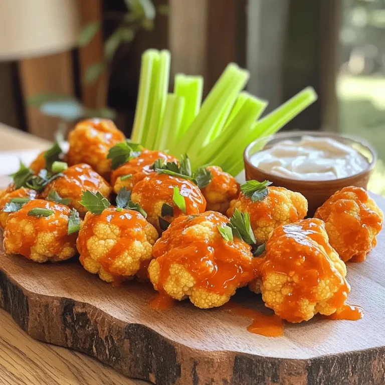 To make these tasty buffalo cauliflower bites, gather these simple ingredients: - 1 medium head of cauliflower, cut into bite-sized florets - 1 cup all-purpose flour - 1 teaspoon garlic powder - 1 teaspoon onion powder - 1 teaspoon smoked paprika - ½ teaspoon salt - ½ teaspoon freshly ground black pepper - 1 cup water - 1 cup buffalo sauce (your choice: store-bought or homemade) - 2 tablespoons extra virgin olive oil - Fresh celery sticks, for serving - Ranch or blue cheese dressing, for dipping You will need a few key tools for this recipe: - A large baking sheet - Parchment paper - A mixing bowl - A whisk - A spatula or tongs These tools help you mix, bake, and serve your bites easily. Buffalo cauliflower bites are not just tasty; they also have some health benefits. Here’s a quick look at the nutritional values per serving: - Calories: Approximately 150 - Protein: About 5 grams - Carbs: Around 20 grams - Fat: About 7 grams - Fiber: 3 grams This snack gives you a good balance of nutrients while satisfying your craving for something crispy and savory. You can enjoy them guilt-free! For the full recipe, check the earlier section. Start by washing the cauliflower head. Cut it into bite-sized florets. Aim for pieces that are similar in size. This helps them cook evenly. Place the florets aside on a clean towel to dry. Moisture can keep them from getting crispy. In a large bowl, mix the dry ingredients. Combine one cup of flour, garlic powder, onion powder, smoked paprika, salt, and pepper. Use a whisk to blend them well. Next, slowly add one cup of water while stirring. Your goal is a smooth, lump-free batter. If it’s too thick, add a bit more water. Preheat your oven to 450°F (230°C). Line a baking sheet with parchment paper for easy cleanup. Dip each cauliflower floret into the batter. Let the excess drip off. Place the coated florets on the baking sheet. Make sure they don’t touch. Bake for 20-25 minutes until golden brown. Flip them halfway for even cooking. While they bake, mix buffalo sauce and olive oil in a bowl. Stir until well combined. When the cauliflower is done, take it out of the oven. Toss the hot florets in the buffalo sauce mixture. Coat each piece well. Return them to the baking sheet and bake for another 10-15 minutes. This final bake makes them extra crispy. Once finished, let them cool a bit before serving. Enjoy with celery sticks and your favorite ranch or blue cheese dressing. For the full recipe, check out the details above! To make your buffalo cauliflower bites extra crispy, start with dry florets. Pat them with a paper towel to remove any moisture. Use cold water in your batter. Cold water helps create a light and crispy texture. Bake the bites on a lined baking sheet. Be sure to leave space between each piece. This helps hot air circulate and crisp them up. If you like it hot, add more buffalo sauce to your batter. You can also sprinkle cayenne pepper for an extra kick. If you prefer it milder, try using a milder sauce or mix in some honey. This will sweeten the heat and balance the flavors. Always taste your sauce before tossing it with the bites. This way, you can adjust to your liking. One common mistake is overcooking the cauliflower. Keep an eye on them as they bake. They should be golden brown but not burnt. Another mistake is using too much batter. A light coating is best. If you use too much, they may become soggy. Finally, don’t skip the last baking step after saucing. This step is key for that crispy finish. Follow these tips for perfect buffalo cauliflower bites every time. For the full recipe, refer to the earlier section. {{image_4}} You can change up the flavor of buffalo cauliflower bites with different sauces. Try BBQ sauce for a sweet twist. Teriyaki sauce adds a nice tang. You can even use homemade ranch dressing. This gives a creamy touch. Mix it up and find your favorite! Making these bites vegan is easy. Use chickpea flour instead of all-purpose flour. Just mix it with water to create the batter. You can also try nutritional yeast for a cheesy flavor. For dipping, use a vegan ranch or tahini sauce. This keeps your snack plant-based and delicious. If you are gluten-sensitive, go for almond flour or coconut flour. These options work well in the batter. Just remember to adjust the water amount until it’s smooth. Always check your sauces too; many buffalo sauces are gluten-free. Enjoy these bites worry-free! After making your crispy buffalo cauliflower bites, let them cool completely. Place the leftovers in an airtight container. Store them in the fridge for up to three days. Remember, the longer they sit, the less crispy they become. To reheat your buffalo cauliflower bites, the oven is best. Preheat it to 400°F (200°C). Place the bites on a baking sheet. Bake for about 10 minutes or until they feel hot and crispy. You can also use an air fryer for quick reheating. Just set it to 375°F (190°C) and heat for about five minutes. If you have extra bites, freezing is a great option. First, let them cool down completely. Then, arrange them in a single layer on a baking sheet. Freeze them for about an hour. Once frozen, transfer them to a freezer-safe bag. They can last for up to three months. To enjoy, just reheat directly from the freezer. Follow the reheating tips for best results. For the full recipe, check out the details above. Buffalo cauliflower bites can last for about 3 to 5 days in the fridge. Store them in an airtight container to keep them fresh. Reheat them in the oven for a crispy texture. This way, you’ll enjoy that crunch again. Yes, you can make buffalo cauliflower bites in an air fryer! Preheat your air fryer to 400°F (200°C). After coating the florets, arrange them in a single layer in the basket. Cook for about 15 to 20 minutes, shaking the basket halfway through. This method gives you a great crunch with less oil. Buffalo cauliflower bites pair well with several side dishes. Here are some great options: - Fresh celery sticks - Carrot sticks - A crisp garden salad - Homemade coleslaw - Sweet potato fries These sides complement the spicy flavor and add some freshness. You can find the full recipe for these delicious bites above. Enjoy! Buffalo cauliflower bites are easy and fun to make. We covered ingredients, tools, and nutrition. I shared step-by-step instructions for perfect prep and cooking. You learned tips for crispiness and spice, plus ways to avoid mistakes. You can also explore variations, storage tips, and answers to common questions. Enjoy these bites as a tasty snack or a meal side. Now, you have all the tools to make your own Buffalo cauliflower bites at home. Happy cooking!