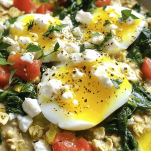 To make this tasty dish, gather these key ingredients: - 1 cup rolled oats - 2 cups vegetable broth (or water for a lighter option) - 1 tablespoon olive oil - 1 small onion, finely diced - 2 cloves garlic, minced - 1 cup fresh spinach, roughly chopped - 1 medium tomato, diced - 1 teaspoon smoked paprika - 1/2 teaspoon ground cumin - Salt and freshly ground black pepper, to taste - 2 large eggs These ingredients create a hearty base. The rolled oats offer a creamy texture, while the broth adds flavor. You can make your savory oatmeal special with these extras: - Crumbled feta cheese - Fresh herbs like parsley or cilantro - Chili flakes for a kick - Avocado slices for creaminess Feel free to mix and match. These garnishes bring colors and flavors to your bowl. This dish is not just tasty; it is also good for you. Here’s why: - Oats provide fiber, helping digestion and keeping you full. - Spinach offers vitamins A and C, plus iron for energy. - Tomatoes are rich in antioxidants, supporting heart health. - Eggs deliver protein, essential for muscle and repair. With these ingredients, you not only enjoy great taste but also nourish your body. To start, grab a medium saucepan. Pour in 2 cups of vegetable broth. Bring it to a rolling boil over medium heat. Once it boils, add 1 cup of rolled oats. Turn the heat down low. Let the oats simmer for about 5 to 7 minutes. Stir occasionally until they are tender. When done, remove the saucepan from heat and set it aside. Next, take a separate skillet and add 1 tablespoon of olive oil. Heat it over medium heat. When the oil is hot, toss in 1 small diced onion. Sauté for about 3 minutes until it’s soft and translucent. Now add 2 minced cloves of garlic. Cook for another minute until you smell that lovely fragrance. Add 1 cup of chopped spinach and 1 diced tomato to the skillet. Sauté for 3 to 4 minutes. The spinach should wilt, and the tomato should soften. Season this mix with 1 teaspoon of smoked paprika, 1/2 teaspoon of ground cumin, salt, and freshly ground black pepper. Stir everything well to mix the flavors. Now, fold the cooked oatmeal into the vegetable mixture. Gently mix until everything is heated through. Create two small wells in the oat mixture. Carefully crack 2 large eggs into each well. Cover the skillet with a lid. Cook for about 4 to 5 minutes. This time allows the eggs to cook to your liking. If you want firmer yolks, cook them a bit longer. Once done, take the skillet off the heat. For a delicious finish, sprinkle some crumbled feta cheese and fresh herbs on top if you like. This dish is not just filling; it’s a colorful delight to serve as breakfast. For the complete recipe, check out the Full Recipe section above. For the best eggs, start by using a non-stick skillet. This helps prevent sticking. After mixing your oatmeal and veggies, create small wells in the mix. Crack an egg into each well. Cover the skillet. Cooking with the lid keeps the heat in. This helps the eggs cook evenly. For runny yolks, cook for about 4 minutes. For firm yolks, let them go a bit longer. Watch closely to avoid overcooking. Spices can make your savory oatmeal pop. I love using smoked paprika and cumin. They add depth and warmth. Don’t forget salt and pepper to taste. Fresh herbs like parsley or cilantro can brighten the dish. Add them right before serving. You can mix in some chili flakes for heat. Experiment with your favorite spices. This will make your oatmeal unique every time. Deciding on texture is key. For a creamy oatmeal, stir in a splash of vegetable broth or olive oil after cooking. This adds richness. If you like it chunky, skip that step. Let the oats stay as they are. Both ways taste great! Adjust the texture based on your mood. You can even add a dollop of Greek yogurt on top for extra creaminess. Follow these tips for a perfect savory oatmeal experience. Enjoy your cooking! For the complete recipe, check out the Full Recipe link. {{image_4}} To make a vegan version of savory oatmeal, simply swap the eggs for tofu. Use firm tofu and crumble it into the vegetable mix. Cook the tofu until it’s warm and slightly crispy. You can also add nutritional yeast for a cheesy flavor. This keeps the dish hearty and satisfying without any animal products. You can boost the protein in your savory oatmeal by adding chicken, turkey, or even sausage. Cook the meat in the skillet before adding the vegetables. For plant-based options, consider beans or lentils. They add protein and fiber, making the dish more filling. This way, you can customize your breakfast to fit your needs. Cheese can elevate the flavor of your savory oatmeal. Try using goat cheese, cheddar, or even a sharp blue cheese. Just sprinkle it on top once the dish is done cooking. Each cheese brings a unique taste, so feel free to experiment. This will make your breakfast even more delightful and rich in flavors. For a full recipe of this savory oatmeal, you can find the details above. Enjoy your culinary adventure! To keep your savory oatmeal fresh, let it cool first. Then, transfer it to an airtight container. This step helps keep moisture in and prevents it from drying out. Store it in the fridge for up to three days. If you want to save it longer, consider freezing it. Just scoop portions into freezer-safe bags, and remove as much air as you can. This way, you can enjoy this dish later without losing its great taste. When it's time to enjoy your leftovers, reheat them gently. You can use the microwave or stovetop. For the microwave, place your oatmeal in a bowl and add a splash of water or broth. Cover the bowl and heat it for one to two minutes, stirring halfway through. On the stovetop, warm it in a pan over low heat, adding a little liquid if needed. Stir until heated through. This method keeps the flavors intact and ensures it's not too dry. Meal prepping this savory oatmeal is easy and rewarding. Start by cooking a big batch using the full recipe. Divide it into single-serving containers. You can also pre-cook the vegetables and store them separately. When ready to eat, just combine everything and add fresh eggs. This method saves time and allows you to enjoy healthy breakfasts all week. Don't forget to label your containers with dates to ensure freshness. Yes, you can use quick oats. They cook faster than rolled oats. Just remember, they will change the texture of your dish. Quick oats may become mushy. This might not give you the hearty feel of traditional savory oatmeal. If you prefer a chewier bite, stick with rolled oats. You can add many different vegetables! Consider using bell peppers, zucchini, or mushrooms. These add great flavor and color. You can also try kale or Swiss chard for a nutrient boost. Feel free to mix and match based on what you have at home. Just make sure to sauté them until tender. To make this dish gluten-free, simply use certified gluten-free oats. Oats are naturally gluten-free, but they can be processed in facilities with gluten. Always check the label! For the broth, use gluten-free vegetable broth or homemade broth. This way, you enjoy a tasty breakfast without worry. Savory oatmeal with egg is both tasty and nutritious. We explored essential ingredients, cooking steps, and helpful tips. You can customize it with different vegetables and proteins. Storing leftovers ensures you always have a quick meal ready. This dish fits any diet, whether you prefer vegan options or added cheese. It’s versatile and easy to make. Enjoy experimenting with flavors to find your favorite mix. Healthy meals can be simple, fun, and filling. Dive in and make your savory oatmeal today!
