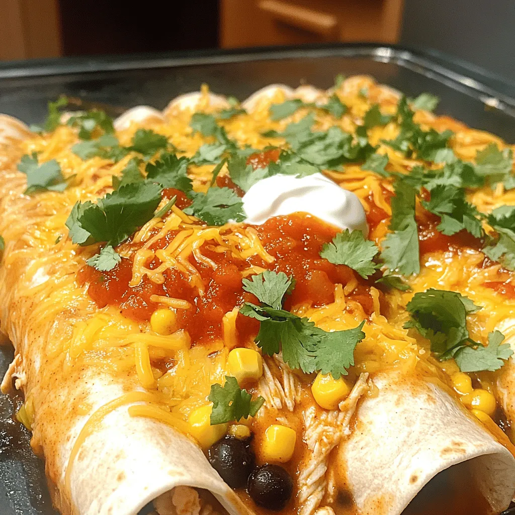 To make these tasty enchiladas, you need some simple ingredients. Here’s what you will use: - 2 cups cooked chicken, shredded - 1 cup black beans, drained and rinsed - 1 cup corn (fresh or frozen) - 1 cup salsa (adjust based on your heat preference) - 8 small flour tortillas - 1 ½ cups shredded cheese (cheddar or a Mexican cheese blend works well) Spices add flavor to your dish. For this recipe, you will need: - 1 teaspoon ground cumin - 1 teaspoon chili powder These spices give the enchiladas a warm, tasty kick. Toppings make your meal even better. Here are some great options: - ½ cup sour cream (for topping) - Fresh cilantro, chopped (for garnish) Feel free to mix and match toppings based on what you like! For more great ideas, check the Full Recipe. To start, preheat your oven to 375°F (190°C). Grease a 9x13 inch baking dish with olive oil. This helps prevent sticking. In a large bowl, mix 2 cups of shredded chicken, 1 cup of black beans, and 1 cup of corn. Add 1 teaspoon of ground cumin and 1 teaspoon of chili powder for flavor. Pour in half of the salsa and stir everything together. Make sure all ingredients blend well. Take one tortilla and place about ¼ cup of the chicken mixture in the center. Add a sprinkle of shredded cheese on top. Roll the tortilla tightly around the filling. Do this for all the tortillas. Once rolled, place them seam-side down in the greased baking dish. Arrange them neatly in a single layer. Pour the remaining salsa over the enchiladas to coat them. Then, sprinkle the rest of the shredded cheese on top. Cover the baking dish with aluminum foil. This traps steam while baking. Bake in the oven for 20 minutes. After that, carefully take off the foil. Bake for another 10 minutes until the cheese is melted and bubbly. Let the enchiladas cool for about 5 minutes. Top with sour cream and chopped cilantro before serving. Enjoy your delicious creation! You can find the full recipe in the earlier sections. Shredding chicken can be simple. Here are my best tips: - Cool the Chicken First: Let your chicken cool down before shredding. This makes it easier to handle. - Use Two Forks: Grab two forks. Hold one fork steady and pull apart the chicken with the other. - Use Your Hands: If the chicken is cool enough, use your hands. This gives you better control and speed. - Try a Stand Mixer: For large batches, place the chicken in a stand mixer. Use the paddle attachment for quick shredding. Cracking tortillas can ruin your enchiladas. Here’s how to keep them soft: - Warm the Tortillas: Heat them in a dry pan or microwave for a few seconds. This softens them up. - Use a Damp Cloth: Wrap the tortillas in a damp cloth while heating. This keeps them moist and pliable. - Don’t Overstuff: Fill each tortilla with just enough filling. Overstuffing can lead to cracks when rolling. You can easily boost flavor in your enchiladas. Consider these ideas: - Add Vegetables: Chopped bell peppers or onions mix well with the chicken. Sauté them for extra taste. - Use Different Cheeses: Try pepper jack or queso fresco for a spicy twist. Each cheese adds its own flavor. - Incorporate Fresh Herbs: Cilantro or green onions give a fresh taste. Mix them into the filling or use them as a garnish. - Experiment with Spices: Try adding smoked paprika or garlic powder for deeper flavor. This will make your enchiladas stand out. For the complete recipe of these Easy Chicken Enchiladas, you can refer to the Full Recipe. {{image_4}} You can make these enchiladas vegetarian. Simply swap the chicken for beans or tofu. Black beans work great. They are full of protein and flavor. You can also use pinto beans or lentils. If you choose tofu, pick firm tofu for a nice texture. Just press and cube the tofu, then sauté it in a pan until golden. This gives it a nice crunch and flavor. Cheese can change the taste of your enchiladas. Cheddar is common, but you can try others too. Monterey Jack melts well and adds a creamy touch. Queso fresco adds a fresh flavor. For a bolder taste, use pepper jack cheese. Mix different cheeses for a unique blend. Just remember to sprinkle cheese generously on top for that gooey, melty goodness. Want some heat? Add hot sauce or jalapeños. You can mix hot sauce into the chicken filling for a kick. If you love spicy food, slice fresh jalapeños and add them inside the tortillas. You can also sprinkle them on top before baking. Adjust the amount based on your spice level. Enjoy the extra flavor and warmth these ingredients bring to your meal! For a complete guide, check out the Full Recipe. To store leftover enchiladas, let them cool first. Place them in an airtight container. You can also cover the baking dish with plastic wrap. Keep them in the fridge for up to three days. This helps keep the flavors fresh and tasty. If you want to save space, you can cut them into smaller portions. When you're ready to eat the leftovers, preheat your oven to 350°F (175°C). Place the enchiladas in an oven-safe dish. Cover them with foil to keep them moist. Heat for about 20 minutes or until they are warm all the way through. You can also microwave them for a quick option. Heat them for 1-2 minutes, checking to avoid overheating. Freezing enchiladas is easy and a great way to save time. Wrap each enchilada tightly in plastic wrap. Then, place them in a freezer bag or container. They can stay frozen for up to three months. When you want to eat them, thaw them in the fridge overnight. Reheat them in the oven as mentioned above. This keeps them flavorful and enjoyable. For the full recipe, check out the complete guide to Easy Chicken Enchiladas. To make homemade enchilada sauce, start with simple ingredients. You need: - 2 tablespoons olive oil - 2 tablespoons flour - 2 cups chicken broth - 1 tablespoon chili powder - 1 teaspoon garlic powder - Salt to taste First, heat the oil in a pan. Add flour and stir for one minute. Then, slowly add chicken broth while stirring. Mix in chili powder and garlic powder. Simmer for 10 minutes until thick. This sauce is rich and full of flavor. Yes, you can use corn tortillas! They add a unique taste and texture. When using corn tortillas, warm them before filling. This helps prevent cracking. You can also choose to dip them in enchilada sauce for extra flavor. Many sides work great with chicken enchiladas. Here are a few ideas: - Mexican rice - Refried beans - Guacamole - Fresh salsa - Green salad These sides add freshness and balance to your meal. They make your dinner more enjoyable. Chicken enchiladas can last in the fridge for about 3 to 4 days. Store them in an airtight container. To keep them fresh longer, freeze the enchiladas. They can last for up to three months in the freezer. You can find the full recipe for Easy Chicken Enchiladas above. This recipe gives detailed steps to make tasty enchiladas at home. Enjoy making this dish with your loved ones! Easy chicken enchiladas are simple and tasty. We covered the main ingredients, spices, and optional toppings. You learned how to prepare, assemble, and bake enchiladas step by step. I shared tips for shredding chicken and keeping tortillas whole. You also saw variations like vegetarian options and spicy twists. Remember, storing leftovers can keep your meals fresh. Enjoy these enchiladas today or freeze for later. Try new flavors or stick to the basics. You can't go wrong with this crowd-pleaser! Enjoy your cooking journey!