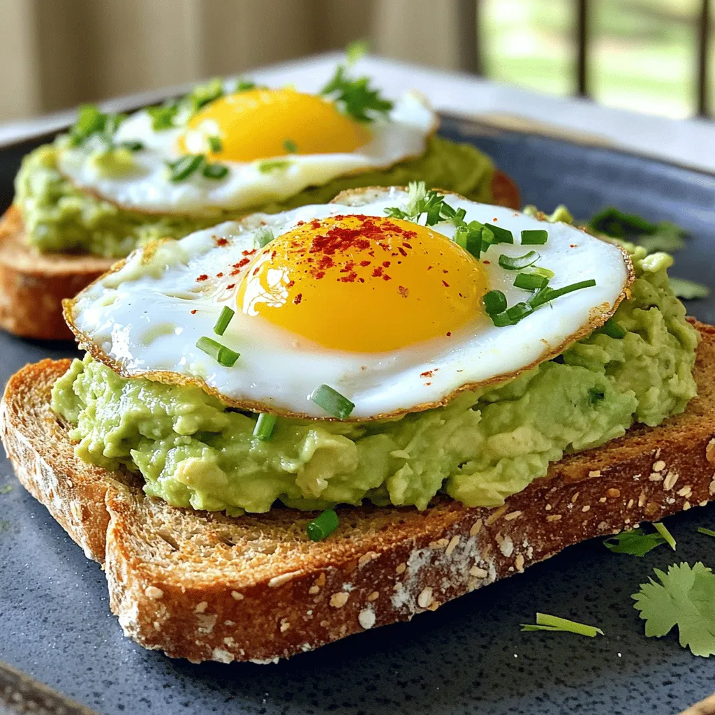 To make the perfect avocado toast with egg, you need a few key ingredients. Here’s what you will need: - 2 slices of whole grain bread - 1 ripe avocado - 1 large egg - 1 tablespoon butter or olive oil - 1 tablespoon freshly squeezed lemon juice - Sea salt and freshly cracked black pepper to taste - 1/4 teaspoon red pepper flakes (optional, for heat) - Fresh herbs for garnish (such as cilantro or chives) These ingredients combine to create a delicious and healthy meal. You can customize your avocado toast with different flavors. Here are some optional ingredients to consider: - Sliced tomatoes for a fresh touch - Feta cheese for a creamy bite - Sliced radishes for crunch - Smoked salmon for a protein boost - A drizzle of balsamic glaze for sweetness Feel free to mix and match these ingredients to suit your taste! Avocado toast with egg is not just tasty; it is also good for you. Here’s a quick overview of its nutritional benefits: - Healthy Fats: Avocado provides heart-healthy fats. - Protein: The egg adds protein for muscle health. - Fiber: Whole grain bread gives you fiber for digestion. - Vitamins: Fresh herbs and lemon juice add vitamins and minerals. This meal is a great way to start the day, keeping you full and energized. For the full recipe, check out the details above. Start by toasting 2 slices of whole grain bread. You can use a toaster or a grill. Toast until the bread turns golden brown and crisp. This step gives your toast a great base. Once toasted, set the slices aside on a plate to cool a bit. Next, grab a ripe avocado. Cut it in half and take out the pit carefully. Scoop the soft inside into a bowl. Use a fork to mash the avocado. You can make it as smooth or chunky as you like. Add 1 tablespoon of freshly squeezed lemon juice, a pinch of sea salt, and some cracked black pepper. Mix it all together until it tastes great. This creamy spread adds a rich flavor. Now, heat a small non-stick skillet over medium heat. Add 1 tablespoon of butter or olive oil to the pan. Once it’s hot, crack 1 large egg into the skillet. Cook it how you like: sunny-side up for a runny yolk or over-easy for a firmer egg. Sprinkle a little sea salt and cracked black pepper on top while it cooks. This adds extra taste. Now you have everything ready. You can find the full recipe in the earlier section. To pick a great avocado, feel the skin gently. It should be slightly soft but not mushy. Look for a dark green color. If it’s too light, it may not be ripe. You can also check the stem. If it pops off easily and is green underneath, it’s ready to eat. Avoid any avocados with brown spots or too many dents. These signs show they are overripe or bad. For the best toast, use whole grain bread. It adds texture and flavor. Toast it until golden brown for a crispy bite. If you like, grill the bread instead for a smoky taste. Keep an eye on it while toasting, so it doesn’t burn. This can happen quickly! Once it's done, let the bread cool slightly. This helps keep it crunchy when you add toppings. You can cook your egg in various ways for avocado toast. Here are some methods: - Sunny-side up: Cook until the white is set but the yolk stays runny. - Over-easy: Flip the egg once to cook the other side lightly. This gives you a firmer yolk. - Scrambled: Whisk eggs in a bowl and cook them in a skillet until fluffy. - Poached: Cook without the shell in simmering water for a soft texture. Each method changes the flavor and texture of the dish. Choose your favorite way to match your taste! {{image_4}} For a vegan twist, you can replace the egg. Here are some great ideas: - Tofu Scramble: Crumble firm tofu and sauté it with spices. - Chickpea Flour Pancake: Mix chickpea flour with water, season, and cook. - Vegan Egg Substitute: Use flaxseed meal or chia seeds mixed with water. These options give you protein and flavor without using eggs. They keep the dish filling and nutritious. Want to make your avocado mix pop? Try these tasty add-ins: - Garlic: Mince a clove and mix it into the avocado for zest. - Onion: Finely chop red onion for a sharp bite. - Tomato: Dice tomatoes to add freshness and color. - Spices: Add cumin or smoked paprika for depth. Each of these boosts brings a new layer of flavor to your dish. Looking to switch things up? Here are some fun toppings: - Feta Cheese: Crumble feta on top for a tangy taste. - Radishes: Thinly slice radishes for crunch and color. - Pomegranate Seeds: These add a burst of sweetness. - Sriracha or Hot Sauce: Drizzle for a spicy kick. These unique toppings can turn your avocado toast into a gourmet meal. Want to explore more? Check out the Full Recipe for ideas! If you have leftover mashed avocado, store it in an airtight container. Add a layer of plastic wrap directly on the avocado. This helps keep it fresh and bright. You can also squeeze a bit of lemon juice on top to slow browning. Avocado toast tastes best when fresh. If you have leftover toast, wrap it in foil. Place it in the fridge for up to a day. Keep the egg and avocado separate if possible. This keeps the toast from getting soggy. To reheat your avocado toast, use the toaster or oven. Toast it for a few minutes to regain crispness. If the egg is on the toast, use a low setting to warm gently. Avoid the microwave, as it can make the bread chewy. For the full recipe, check out Avocado Toast Delight with Egg. The best bread for avocado toast is whole grain. It has a nice crunch and flavor. Sourdough is also great for its tangy taste. You can try rye bread for a different twist. Look for bread that toasts well. This helps hold the avocado topping better. You can prepare some parts ahead of time. Toast the bread and store it in a container. You can mash the avocado but it may brown quickly. If you want to make it ahead, use lemon juice to keep it fresh. Store the avocado in an airtight container. Cook the egg fresh for the best taste. To prevent avocado from browning, use lemon juice. The acid in the juice slows down oxidation. Cover the mashed avocado tightly if you store it. You can also place the pit in the mixture to help. For best results, use it soon after cutting. Avocado toast with egg is easy and tasty. We covered key ingredients, step-by-step directions, and helpful tips. You can mix flavors, choose your eggs, and customize your toast. Don't forget the storage tips for leftovers. Remember, this dish is versatile. Explore new toppings and enjoy! Make it your own and share it with friends. Avocado toast can be a healthy and fun dish for anyone. Now, get cooking and enjoy your meal!
