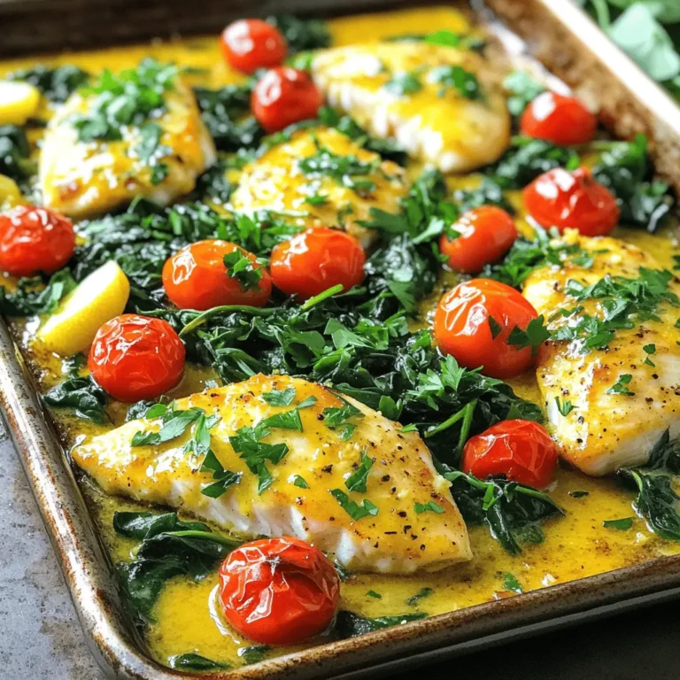 - 4 tilapia fillets - 3 tablespoons extra virgin olive oil - 4 cloves of garlic, finely minced - Zest and juice of 1 large lemon - 1 teaspoon smoked paprika - ½ teaspoon sea salt - ¼ teaspoon freshly cracked black pepper - 1 cup cherry tomatoes, cut in half - 1 cup fresh baby spinach leaves - Fresh parsley leaves, chopped, for garnish Gather these simple ingredients to create a delightful meal. The fresh tilapia fillets serve as a light base, while olive oil adds richness. Garlic gives a strong aroma and flavor. The lemon zest and juice brighten the dish, making it fresh and zesty. Smoked paprika adds a lovely depth, while sea salt and black pepper enhance all the flavors. The cherry tomatoes and spinach add color and nutrients. The tomatoes burst with sweetness, and the spinach brings a nice texture. Finally, fresh parsley adds a pop of green and a hint of earthiness. This recipe is all about balance and freshness. With these ingredients, you craft a meal that is not just tasty but also visually stunning. For the complete cooking instructions, check out the Full Recipe. - Preheat your oven to 400°F (200°C). - In a small bowl, whisk together olive oil, garlic, lemon juice, zest, paprika, salt, and pepper. This mix will give your fish a bright flavor. - Place the tilapia fillets on a large baking sheet. Make sure they are not touching. - Drizzle the lemon garlic marinade over the tilapia. Ensure every piece is coated. - Add halved cherry tomatoes and fresh spinach around the fish. This will add color and taste. - Bake the dish for 15-20 minutes. Set a timer to keep track. - Check for doneness. The fish should flake easily with a fork and look opaque. This means it’s perfectly cooked. This method keeps things simple and tasty. For the full recipe, just check the details above. To get the best results with your tilapia, space the fillets evenly on the baking sheet. This allows hot air to flow around each piece. Proper spacing helps the fish cook evenly. Keep an eye on your cooking time, too. Timed right, the fish will be flaky and tender. Bake for about 15 to 20 minutes. Check if it flakes easily with a fork. If it does, it's ready! Want to amp up the taste? Try adding some extra herbs or spices to your marinade. Fresh thyme or dill can add a nice touch. You can also play with vegetables. Swap in bell peppers or zucchini for a change. Each adds a unique flavor that pairs well with tilapia. Presentation is key! You can serve this dish straight from the baking sheet. It gives a rustic charm. Alternatively, transfer it to a lovely platter. Just make sure to keep it colorful. Garnish with lemon wedges for a bright look. This simple touch makes your meal pop visually and adds a hint of freshness to each bite. {{image_4}} You can easily mix things up in this recipe. Try substituting tilapia with other white fish like cod or haddock. Both have a mild taste and cook similarly to tilapia. If you want to add more color, use different vegetables such as bell peppers or zucchini. They will add a nice crunch and flavor. For a smokier flavor, consider grilling the fish instead of baking. Just marinate the tilapia as you would and place it on a hot grill. Cook until it flakes easily. If you're short on time, use a stovetop skillet. Heat some olive oil, add the marinated tilapia, and cook for about five minutes on each side. This method gives you a quick and tasty meal. If you're following a gluten-free diet, this dish is already perfect for you. Just ensure your ingredients are gluten-free. For a low-carb option, swap out the cherry tomatoes and spinach for spiralized vegetables like zucchini or carrots. This will give you a fresh twist while keeping it healthy. For the full recipe, you can refer to the One-Pan Lemon Garlic Tilapia. To store your leftover One-Pan Lemon Garlic Tilapia, place it in an airtight container. You want to keep it fresh for the next day. Use a glass or plastic container with a good seal. It helps to keep the fish moist and tasty. Store it in the fridge for up to two days. Remember to cool it to room temperature before sealing it. If you want to save tilapia for later, freezing is a great option. Wrap each fillet tightly in plastic wrap. Then, place them in a freezer bag. This helps prevent freezer burn. You can also freeze the cooked vegetables but keep them separate from the fish. For best results, use them within three months. When you're ready to eat, move the tilapia to the fridge to thaw overnight. When it comes to reheating, you have options. You can use an oven or microwave. For the oven, set it to 350°F (175°C). Place the tilapia on a baking sheet and cover it with foil. This keeps it from drying out. Heat for about 10 minutes. In the microwave, use a microwave-safe plate and cover it with a damp paper towel. Heat in short bursts, checking often to avoid overcooking. Enjoy your meal just like the first time! To make One-Pan Lemon Garlic Tilapia, start by preheating your oven to 400°F (200°C). Mix extra virgin olive oil, minced garlic, lemon zest, lemon juice, smoked paprika, sea salt, and black pepper in a bowl. This mix adds great flavor to the fish. Place tilapia fillets on a baking sheet. Drizzle the marinade over the fillets to coat them well. Add halved cherry tomatoes and spinach around the fish. Bake for 15-20 minutes. Your tilapia is done when it flakes easily with a fork. That’s it! You now have a tasty dish ready to serve. This dish pairs well with many sides. Here are some great options: - Quinoa - Couscous - Steamed broccoli - Garlic bread - A fresh green salad These sides complement the tilapia's bright flavors and add variety to your meal. Yes, you can prepare this dish ahead of time. You can marinate the tilapia and chop the vegetables a few hours in advance. Store them in the fridge until you're ready to cook. This makes it easy to whip up a quick meal later. If you want to store leftovers, place them in an airtight container. You can enjoy them for lunch or dinner the next day! This blog post covered a simple and tasty one-pan lemon garlic tilapia recipe. You learned about key ingredients like tilapia, olive oil, and fresh herbs. I provided step-by-step instructions for baking, plus tips for flavor and presentation. To wrap up, experiment with variations to match your taste. Enjoy this healthy dish with friends and family. The easy cooking methods make it perfect for busy days. Embrace the joy of cooking and savor every bite!