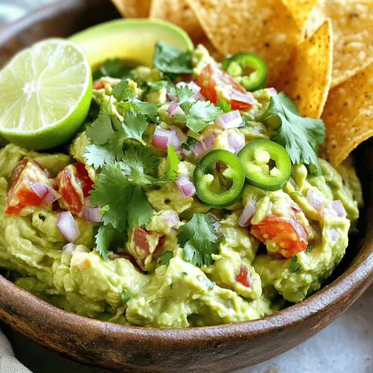 - 3 ripe avocados - 1 medium tomato, diced - 1 small red onion, finely chopped - 1-2 jalapeños, deseeded and minced - Juice of 1 lime - 1/4 cup fresh cilantro, chopped - 1 teaspoon garlic powder or 1 clove of fresh garlic, minced - Salt and freshly ground black pepper, to taste How to assess ripeness Look for avocados that feel soft but not mushy. Gently squeeze them in your palm. If they yield slightly, they are ripe. A dark green color is often a good sign too. Signs of overripeness If the avocado feels very soft or has large dark spots, it may be overripe. You can also check for a foul smell, which signals it’s time to toss it. Fresh avocados should smell nutty and earthy. Using ripe and fresh avocados makes your guacamole taste amazing. Always choose quality ingredients for the best results. For the full recipe, click [Full Recipe]. 1. How to prepare avocados Begin with 3 ripe avocados. Cut each one in half. Remove the pit carefully. Scoop the green flesh into a large mixing bowl. Be gentle to keep the flesh intact. 2. Mixing ingredients for best texture Use a fork or potato masher to mash the avocados. You can choose smooth or chunky. This choice adds fun to your guacamole. Next, mix in the diced tomato, chopped red onion, and minced jalapeños. Each ingredient adds freshness and crunch. Then, squeeze the juice of 1 lime over the mix. This adds zing and prevents browning. 3. Final seasoning adjustments Sprinkle in garlic powder or fresh minced garlic. Add salt and ground black pepper to taste. Fold everything together gently. You want a nice blend without overmixing. Taste your guacamole; adjust lime juice, salt, or jalapeños as needed. This step lets you find your perfect flavor. - Best food pairings Guacamole pairs well with crispy tortilla chips. You can also serve it on tacos or burritos. It adds a creamy touch to salads too. - Creative ways to serve guacamole Get creative! Serve guacamole in colorful bowls. Garnish with extra cilantro leaves for flair. A lime wedge on the side adds a pop of color. You can also use small cups for individual servings. This makes sharing easy and fun. For the complete recipe, check out the Full Recipe! To take your guacamole to the next level, consider some unique add-ins. Try adding a hint of cumin for a warm, earthy taste. A splash of hot sauce can bring some heat. Adding diced mango or pineapple gives a sweet twist. Balance spice levels by adjusting the amount of jalapeños. If you love heat, leave in the seeds. For a milder guacamole, remove all the seeds. Having the right tools makes all the difference. A good knife helps you cut avocados and chop veggies easily. A sturdy mixing bowl allows you to mash and mix without any mess. Use a fork or potato masher to get the perfect texture. A spatula is great for folding in ingredients gently. These tools help you create the best ever guacamole. They ensure your flavors blend well, making every bite a delight. {{image_4}} You can switch up the flavors in guacamole to keep it fresh and fun. One great way is to add a tropical twist. Consider mixing in diced mango or pineapple. These fruits add a sweet touch that pairs well with creamy avocado. You get a nice balance of sweet and savory in every bite. Another option is to spice things up with chipotle. This smoky chili adds a bold kick to your guacamole. Just chop a chipotle pepper and mix it in. If you love heat, this version is for you! If you follow a vegan diet, you can still enjoy guacamole. This recipe is already vegan since it uses only plant-based ingredients. You can feel good about serving this dish to anyone. For those who need gluten-free options, guacamole is naturally gluten-free. Just make sure to serve it with gluten-free chips or fresh veggies. This way, everyone can enjoy it without worry. Explore these variations to find your favorite way to enjoy guacamole! For the full recipe, check the Ultimate Creamy Guacamole section above. To keep guacamole fresh, you must store it well. Start by placing it in an airtight container. This helps keep air out, which can cause browning. Press a piece of plastic wrap directly onto the guacamole's surface. This adds another layer of protection against air. Store it in the fridge for up to two days. You can freeze guacamole if you need to save some for later. Start by putting the guacamole in a freezer-safe container. Leave some space at the top for expansion. Seal it tightly to keep out air. When you are ready to eat it, thaw it in the fridge overnight. The texture might change a bit, but it will still taste good. Guacamole can last in the freezer for about three months. Always check for quality before using it. For the full recipe, check out the Ultimate Creamy Guacamole. To make the best guacamole, start with ripe avocados. Look for ones that feel soft but not mushy. Mash them well but leave some chunks for texture. Add diced tomato, chopped red onion, and minced jalapeños for flavor. Fresh lime juice brightens the taste. Season with garlic powder, salt, and pepper. Mix gently, and taste as you go. Each bite should burst with flavor. Yes, you can make guacamole ahead of time. To keep it fresh, store it in an airtight container. Press plastic wrap directly onto the surface of the guacamole. This helps prevent air from getting in. If you do this, it stays green longer. Enjoy it within one day for the best taste. If guacamole turns brown, it’s still safe to eat. To prevent browning, add lime juice right after you make it. The citric acid slows down oxidation. If it does brown, stir it well to mix in fresh avocado beneath. You can also scrape off the top layer. This will reveal the bright green guacamole underneath. Yes, guacamole is healthy! Avocados are full of good fats that can help your heart. They also have fiber, which is great for digestion. A serving size is about two tablespoons. This gives you all the benefits without too many calories. Enjoy guacamole with fresh veggies or whole-grain chips for a tasty snack. In this post, we explored how to make fantastic guacamole. We covered choosing ripe avocados, mixing the right ingredients, and adding secret flavors. I shared tips on serving and storing guacamole, along with some tasty variations. Guacamole can fit different diets and suit many tastes. With these steps, you can whip up a fresh, flavorful dip that everyone will love. Enjoy your cooking adventure!