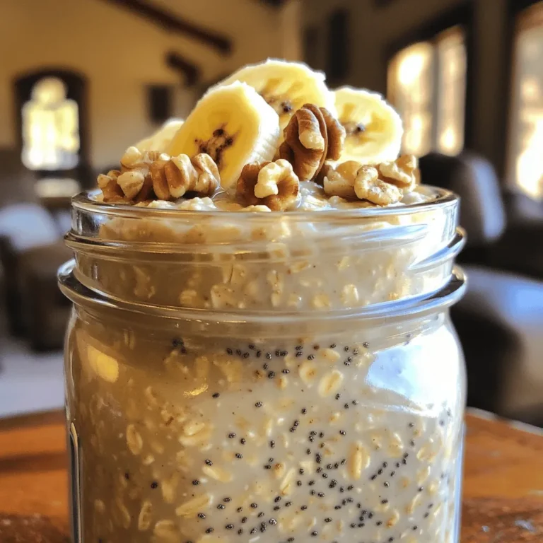 To make delicious banana bread overnight oats, you need these simple ingredients: - 1 cup rolled oats - 1 ripe banana, thoroughly mashed - 1 cup almond milk (or your preferred milk alternative) - 1 tablespoon chia seeds - 1 teaspoon vanilla extract - 1 teaspoon ground cinnamon - 1/4 cup walnuts, chopped (plus extra for garnish) - 2 tablespoons maple syrup (optional, for added sweetness) - Pinch of salt These ingredients work together to create a creamy and flavorful dish. The oats soak up the almond milk and banana, giving you a soft texture. Chia seeds add nutrients and help thicken the mix. You can easily change some of these ingredients to fit your needs: - For gluten-free oats, choose certified gluten-free rolled oats. - Use coconut milk or oat milk if you want a different flavor or are nut-free. - Swap walnuts for pecans or sunflower seeds if you have nut allergies. - For a vegan option, skip the maple syrup or use agave syrup instead. These swaps let you enjoy the recipe without worrying about dietary restrictions. Each serving of banana bread overnight oats packs a punch in nutrition. Here’s a rough breakdown: - Calories: 350 - Protein: 9g - Carbohydrates: 54g - Fat: 14g - Fiber: 8g - Sugar: 8g These oats are rich in fiber and healthy fats, keeping you full and satisfied. You get a great mix of nutrients from the oats, banana, and walnuts. Enjoy your healthy breakfast and feel good about starting your day right! Making banana bread overnight oats is quick and easy. Start by gathering all your ingredients. You will need rolled oats, a ripe banana, almond milk, chia seeds, vanilla extract, cinnamon, walnuts, maple syrup, and salt. This recipe takes about 10 minutes to prep, but the oats need to sit overnight. In a medium bowl, combine the rolled oats and the mashed banana. Add your almond milk and chia seeds next. Pour in the vanilla extract, ground cinnamon, and a pinch of salt. Mix these ingredients well until everything is blended. If you want more sweetness, stir in the maple syrup. Finally, fold in the chopped walnuts, saving a few for later. Divide the oat mixture into two jars or containers. Make sure to seal them tightly. Place the jars in the fridge overnight. This helps the oats soak up the milk and flavors. The next morning, stir the oats before serving. If you like a creamier texture, add a splash more almond milk. Top with reserved walnuts and banana slices for extra flavor. Enjoy your banana bread overnight oats cold or warm! To get the best texture in your banana bread overnight oats, focus on the oats. Use rolled oats instead of quick oats. Rolled oats absorb the liquid better and stay chewy. The chia seeds add a nice thickness. They help bind everything together. If your oats seem too thick, add a splash of milk before serving. This will make them creamier. To boost the flavor, add extra spices. A sprinkle of nutmeg gives warmth. You can also try using different extracts. Almond extract works well, too. For a sweeter taste, adjust the maple syrup. A drizzle on top right before eating adds a nice touch. Don't forget to top with fresh banana slices or toasted walnuts. These add both taste and crunch. One common mistake is not mashing the banana enough. You want it creamy, not chunky. If you skip the chia seeds, your oats might lack texture. Another mistake is not letting them soak long enough. Overnight oats need at least four hours to soften. Lastly, don’t forget to seal your jars well. This keeps them fresh and tasty. For the full recipe, check the recipe section above. {{image_4}} If you want extra crunch in your banana bread overnight oats, try using different nuts. Pecans and almonds work great in this recipe. They add flavor and texture. Just chop them up and mix them in. You can also sprinkle some on top for a nice finish. You can change the flavor of your oats by adding spices or extracts. Try adding nutmeg for a warm taste. A dash of cardamom can also give it a unique twist. If you like, add a few drops of almond extract. It pairs well with banana and gives a lovely aroma. To make your banana bread overnight oats vegan, simply use almond milk or any plant-based milk. The other ingredients are already vegan-friendly. For a gluten-free option, choose certified gluten-free oats. This way, everyone can enjoy this tasty breakfast, no matter their diet! You can find the Full Recipe for all the details and ingredients. To keep your banana bread overnight oats fresh, use airtight containers. Glass jars work well. They help retain moisture and flavor. Seal each container tightly. This prevents air from getting in and spoiling your oats. In the refrigerator, your banana bread overnight oats last about 3 to 5 days. This gives you time to enjoy them throughout the week. The oats will soften as they sit, making them creamier. If you notice any off smells or changes in color, it’s best to toss them. You can freeze banana bread overnight oats if you want to save some for later. Just pour the mixture into freezer-safe containers. Leave space at the top for expansion. When ready to eat, thaw them in the fridge overnight. You can enjoy them cold or warm them up for a cozy breakfast. Yes, you can make this dish without bananas. You can use applesauce or mashed sweet potatoes instead. These options give a similar texture and sweetness. If you miss the banana flavor, add a little more cinnamon or a splash of vanilla. This way, you keep the spirit of banana bread oats. You can keep overnight oats in the fridge for up to five days. Make sure to store them in airtight containers. This keeps them fresh and safe to eat. If you notice any changes in smell or texture, it is best to throw them out. Enjoy them within a few days for the best taste. Yes, you can use quick oats instead of rolled oats. Quick oats will absorb liquid faster and make a creamier texture. Keep in mind that your oats might become softer. If you prefer a bit of chewiness, stick with rolled oats. Each option has its charm. Choose what fits your taste best. For the full recipe, check out the details above! You learned about the key ingredients and how to prepare delicious Banana Bread Overnight Oats. I provided tips and tricks for better texture and flavor. You found out how to make it fit various diets, like vegan or gluten-free. Finally, I shared storage tips to keep your oats fresh longer. Use this knowledge to create your own tasty bowls. Enjoy experimenting with flavors and textures!