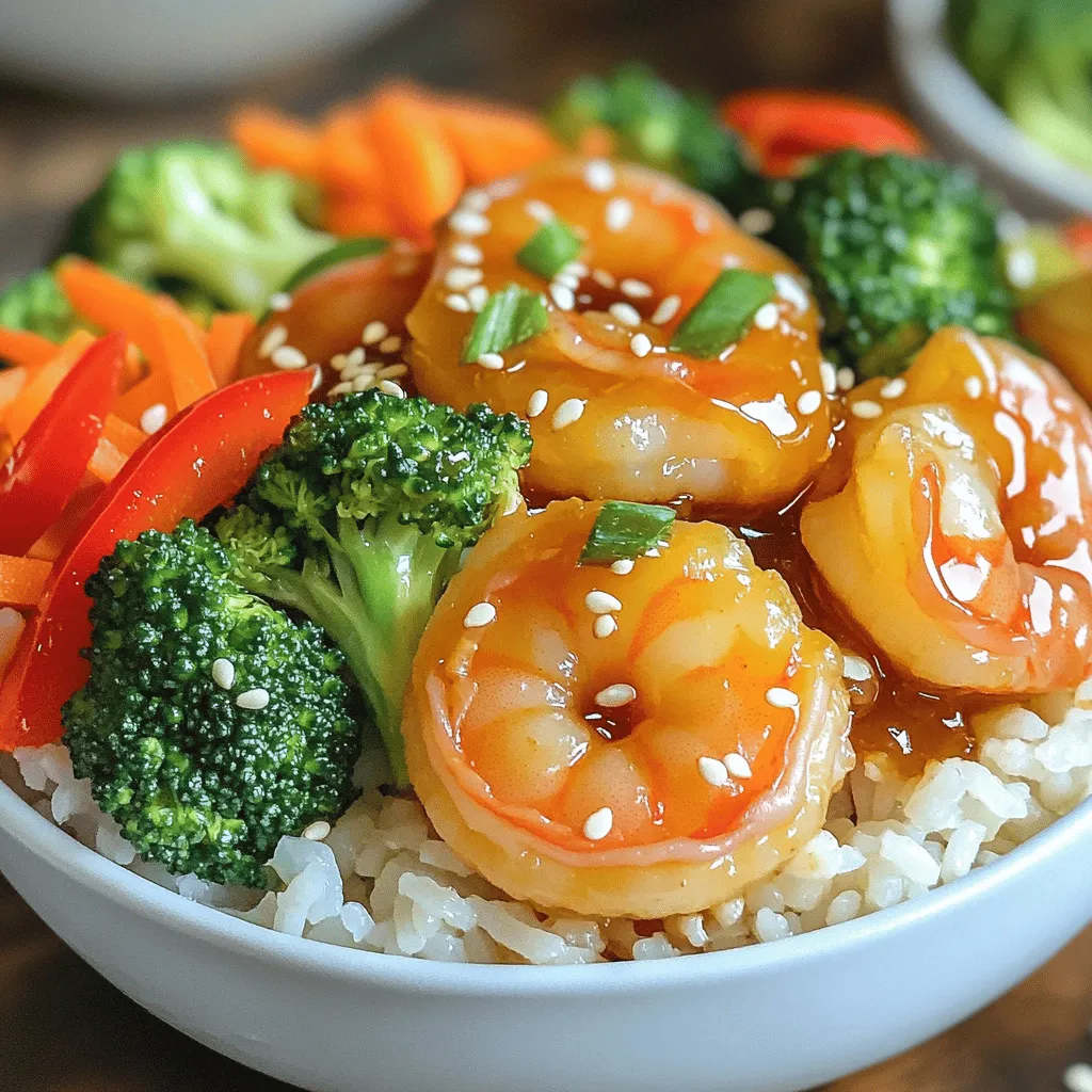 - 1 pound large shrimp, peeled and deveined - 4 tablespoons honey - 2 tablespoons low-sodium soy sauce Shrimp are the star here. They cook fast and soak up flavors well. Honey adds sweetness, while soy sauce brings saltiness. Together, they make an amazing sauce for our dish. - 1 cup broccoli florets - 1 red bell pepper, thinly sliced - 1 carrot, julienned Fresh vegetables make your bowl vibrant and colorful. Broccoli adds crunch. Bell pepper gives sweetness and color. Carrots add a nice texture and taste. These veggies balance the rich sauce. - 1 tablespoon sesame oil - 1 tablespoon olive oil - 1 tablespoon fresh ginger, finely grated Sesame oil has a strong flavor that enhances our dish. Olive oil helps cook the shrimp and veggies. Fresh ginger adds warmth and spice. This mix of oils and seasonings creates a tasty base for the bowls. For the full recipe, check out [Full Recipe]. To start, make the marinade. In a bowl, mix together: - 4 tablespoons honey - 3 cloves garlic, minced - 2 tablespoons low-sodium soy sauce - 1 tablespoon sesame oil - 1 tablespoon fresh ginger, finely grated - Salt and pepper to taste Whisk until smooth. This mix gives a sweet and savory kick. Next, coat the shrimp. Add 1 pound of peeled and deveined shrimp to the bowl. Stir well to coat each shrimp. Let them sit for at least 15 minutes. This step helps the shrimp soak up all the flavors. While the shrimp marinates, heat 1 tablespoon of olive oil in a large skillet over medium heat. Add: - 1 cup broccoli florets - 1 red bell pepper, thinly sliced - 1 carrot, julienned Stir-fry these veggies for about 5 minutes. You want them to be bright and tender-crisp. This keeps them full of flavor and nutrition. Once done, remove the veggies from the skillet and keep them warm. Now it's time to cook the shrimp. In the same skillet, pour in the marinated shrimp along with the remaining marinade. Cook for about 3-4 minutes on each side. You want them to turn pink and opaque in the center. This shows they are cooked through. Once cooked, you can move on to assembling your bowls. Start with jasmine rice, add the veggies, and top with the shrimp for a beautiful dish. For more details, refer to the Full Recipe. Choosing fresh shrimp When making honey garlic shrimp bowls, fresh shrimp is key. Look for shrimp that smells clean and briny. The shells should be firm and shiny. If you see any black spots or a strong fishy smell, choose another batch. Fresh shrimp will taste much better. Selecting the right vegetables Choose vibrant vegetables for your bowls. Broccoli should be bright green and firm. Pick bell peppers that are smooth and firm, avoiding any wrinkles. For carrots, select ones that are crisp and bright orange. Fresh veggies add flavor and crunch to your dish. Perfecting the stir-fry technique Heat your skillet before adding oil. This helps vegetables cook evenly and stay crisp. Stir frequently to avoid burning. Cook in batches if your pan is small. This keeps the heat high and ensures a great stir-fry. Checking shrimp doneness Cook shrimp until they turn pink and opaque. This usually takes just 3-4 minutes per side. If unsure, cut one open. The center should be white with no gray. Overcooked shrimp can turn rubbery, so keep an eye on them. Presentation ideas For a lovely presentation, start with jasmine rice at the base. Layer your colorful vegetables on top. Finish with shrimp arranged neatly. A well-presented dish makes it more appetizing and fun to eat. Adding garnishes Top your bowls with chopped green onions and sesame seeds. These add flavor and a nice crunch. You can also serve lime wedges on the side for a fresh twist. Fresh herbs like cilantro can add color and taste, too. For the full recipe, check out the Honey Garlic Shrimp Bowls. {{image_4}} You can change the main protein in this dish. Instead of shrimp, you can use chicken or tofu. Both options work well with the honey garlic sauce. Chicken is a great choice if you want a heartier meal. For a plant-based option, tofu soaks up the flavors nicely. You can also try different seafood, like scallops or salmon. Each swap brings a new taste to your bowl. Want to spice things up? Add a spoonful of chili paste to the marinade. It gives a nice kick to the dish. You can also bring in some citrus flavors. A squeeze of lime or lemon adds brightness. This balance of sweet and spicy makes the dish pop. Change up your base for a new twist. Instead of jasmine rice, try quinoa or brown rice. Both are nutritious and fill you up. For a low-carb option, use cauliflower rice. This swap keeps the meal light while still being tasty. Each choice adds its own flair to the bowl. For the full recipe, check out the Honey Garlic Shrimp Bowls . To keep your honey garlic shrimp bowls fresh, follow these tips: - Place leftovers in an airtight container. - Store in the fridge within two hours of cooking. - Use within three days for best taste. You can reheat your bowls in two ways: microwave or stovetop. - Microwave: Place in a microwave-safe dish. Heat for 1-2 minutes, stirring halfway. - Stovetop: In a skillet, add a splash of water or oil. Heat on medium until warm, stirring gently. To keep shrimp tender, avoid high heat and long cooking times. If you want to store your shrimp bowls for longer, freezing is an option. - How to freeze: Cool the dish completely. Portion it into containers and seal tightly. - Thawing and reheating: Thaw overnight in the fridge. Reheat as mentioned above. This method helps keep flavors intact and shrimp in good shape. For the full recipe, check here. Making honey garlic shrimp bowls takes about 30 minutes. - Prep time: 15 minutes - Cook time: 15 minutes This quick meal lets you enjoy great flavors in no time. You can prepare the shrimp and veggies while the rice cooks. This way, everything comes together nicely. Yes, you can use frozen shrimp! Just be sure to thaw them first. - To thaw, place shrimp in cold water for 15-20 minutes. - Drain and pat them dry before marinating. Fresh shrimp gives a better taste, but frozen works well too. Just remember to adjust your cooking time, as thawed shrimp cooks faster. You can pair honey garlic shrimp bowls with many tasty sides! - Steamed bok choy adds a nice crunch. - Cucumber salad brings a refreshing touch. - Mango slices offer a sweet contrast. These sides enhance the meal and create a more balanced plate. For the full recipe, check out the Honey Garlic Shrimp Bowls section! This blog post covered how to make honey garlic shrimp bowls. We discussed key ingredients, including shrimp, honey, soy sauce, and fresh veggies. I shared step-by-step instructions on marinating, stir-frying, and cooking shrimp. We also explored tips for ingredient selection and cooking techniques. You learned about variations, storage, and reheating methods. Enjoying this dish is simple and fun. It's easy to make and packed with flavor. You can mix it up with different proteins and sides. Now, get cooking and savor your delicious creation!