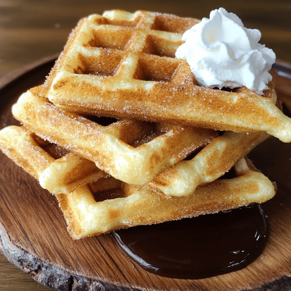 - 1 cup all-purpose flour - 1 tablespoon baking powder - 1/4 teaspoon salt - 1 tablespoon granulated sugar - 1 teaspoon ground cinnamon (plus extra for coating) - 1 cup milk - 2 large eggs - 4 tablespoons unsalted butter, melted - 1 teaspoon vanilla extract To start, you need all-purpose flour. It gives the waffles structure. Next, add baking powder. This helps them rise and become fluffy. A pinch of salt enhances the flavor. Granulated sugar adds sweetness. Don’t forget cinnamon for that classic churro taste. You also need milk and eggs to bind everything. Finally, melted butter and vanilla extract add richness and depth. - 1/2 cup granulated sugar (for coating) - 1 tablespoon ground cinnamon - 2 tablespoons unsalted butter, melted (for coating) The coating is what transforms these waffles into churros. Combine extra granulated sugar with cinnamon for that sweet crust. Melted butter is essential too. It helps the sugar mix stick to the waffles. - Waffle maker - Mixing bowls - Measuring cups and spoons You need a waffle maker to cook the batter. Choose one that fits your kitchen space. Mixing bowls are essential for combining your ingredients. Use measuring cups and spoons for accuracy. This ensures your churro waffles turn out just right. For the full recipe, refer to the Churro Waffles Delight section. Start by preheating your waffle maker. Check the manual for specific settings. This step helps your waffles cook evenly and become crispy. In a large bowl, sift together the dry ingredients. Use 1 cup of all-purpose flour, 1 tablespoon of baking powder, 1/4 teaspoon of salt, 1 tablespoon of granulated sugar, and 1 teaspoon of ground cinnamon. Make sure to mix well so everything blends together. In another bowl, blend the wet ingredients. Whisk 1 cup of milk, 2 large eggs, 4 tablespoons of melted butter, and 1 teaspoon of vanilla extract. This mix adds moisture and flavor to your waffles. Now, pour the wet mixture into the dry ingredients. Gently stir with a spatula or wooden spoon. You want to combine them, but don't overmix. A few lumps are okay and help keep your waffles fluffy. Lightly coat your preheated waffle maker with non-stick spray. Pour enough batter into the center to almost reach the edges. Close the lid and cook for about 3-5 minutes. Look for a golden brown color to know they are ready. Repeat until you cook all the batter. While your waffles cook, mix 1/2 cup of granulated sugar with 1 tablespoon of ground cinnamon in a shallow dish. This is the tasty coating that gives churro waffles their sweet flavor. Once cooked, brush the warm waffles with melted butter. Then, dip each waffle into the cinnamon-sugar mix for a sweet finish. Now you can enjoy your churro waffles! To make sure your churro waffles are light and fluffy, avoid overmixing the batter. When you combine wet and dry ingredients, stir just until you see no more flour. A few lumps are okay. Overmixing can make the waffles tough. You can add more flavor to your churro waffles. Try mixing in a pinch of nutmeg or some cocoa powder for a twist. Almond extract gives a nice touch too. Each option brings a new taste to your breakfast. To get that perfect cinnamon sugar coating, mix sugar and cinnamon in a shallow dish. When the waffles come out hot, brush them with melted butter. Then, dip them into the cinnamon sugar mix. Make sure to coat them evenly for the best flavor. You can find the full recipe for churro waffles in the main article. {{image_4}} You can dress up your churro waffles in many fun ways. Consider adding: - Chocolate sauce - Whipped cream - Fresh fruit like strawberries or bananas These toppings add flavor and make the dish look stunning. A drizzle of chocolate sauce brings a rich taste. Whipped cream adds a light and fluffy texture. Fresh fruit brings a touch of color and freshness. Mix and match to find your favorite combination! To change things up, try adding different extracts. Almond or orange extracts work great. Just a few drops can change the taste. Almond gives a sweet, nutty flavor. Orange adds a bright, citrus twist. Feel free to experiment with other flavors, too. Coconut or peppermint can create a festive touch. For a unique twist, make savory churro waffles. You can add cheese or herbs to the batter. Cheddar cheese melts beautifully inside the waffle. It adds a nice salty kick. Fresh herbs like chives or parsley can add a fresh taste. This savory version pairs well with salsa or sour cream. Enjoy the mix of sweet and savory! To keep your churro waffles fresh, place them in an airtight container. If you plan to eat them later, refrigerate them for up to three days. For longer storage, freeze them. Lay the waffles flat in a single layer on a baking sheet, freeze until solid, then stack them in a freezer bag. This method prevents sticking. When it's time to enjoy your leftover waffles, I recommend reheating them in a toaster or oven. This keeps them crispy. For the toaster, set it to medium and toast until heated through. If using an oven, preheat it to 350°F (175°C). Place the waffles on a baking sheet and heat for about 5-7 minutes. Churro waffles stay fresh for about three days in the fridge. If you freeze them, they can last for up to two months. To enjoy the best taste, eat them within this time frame. After thawing, they might lose some crispness, but reheating can help restore their texture. Churro waffles are a fun twist on classic waffles. They blend waffle and churro flavors. They are crispy on the outside and soft on the inside. You coat them in cinnamon sugar, just like churros. You can enjoy them plain or with toppings. These waffles work great for breakfast or dessert. Yes, you can prepare churro waffles in advance. Cook the waffles and let them cool. Once cooled, store them in an airtight container. You can keep them in the fridge for a few days. If you want to keep them longer, freeze them. Reheat them in a toaster or oven for best results. This way, you can enjoy a tasty treat anytime. Churro waffles can fit different diets with some tweaks. For a gluten-free version, use almond or coconut flour. You can also find gluten-free baking mixes. For a vegan option, replace eggs with flaxseed meal or applesauce. Use plant-based milk and butter for the wet ingredients. This way, everyone can enjoy churro waffles. You can tell waffles are done by their color and texture. They should be golden brown and crispy. Open the waffle maker carefully; if the steam stops, they're ready. If you press the waffle, it should feel firm but spring back. This means they are cooked just right. Enjoy your churro waffles warm for the best taste. In this post, I shared how to make delicious churro waffles. We covered the main and coating ingredients, the equipment needed, and provided detailed step-by-step instructions. Tips on fluffiness and creative variations added extra fun. Churro waffles are easy to make and offer endless options for customization and enjoyment. With the right storage practices, you can savor your tasty treats longer. Enjoy making and sharing these delightful waffles with family and friends!