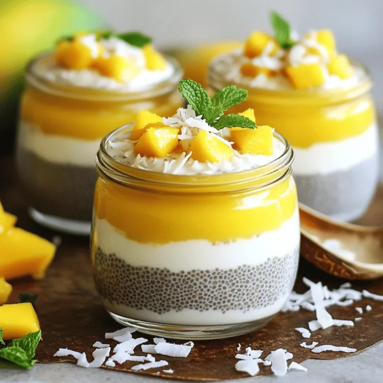 - Chia seeds - Coconut milk - Sweetener options (maple syrup or honey) - Vanilla extract Chia seeds are the star of this dish. They are small but pack a big punch. They soak up liquid and form a gel-like texture. This makes them perfect for pudding. You can find them in most grocery stores. Coconut milk adds creaminess and flavor. I prefer canned coconut milk for its rich taste. It makes the pudding feel indulgent, yet healthy. For sweetness, you can use maple syrup or honey. Both work well, but maple syrup gives a nice caramel flavor. Lastly, vanilla extract adds a warm, inviting aroma. It ties all the flavors together. - Ripe mango - Unsweetened shredded coconut - Fresh mint leaves Toppings make your chia pudding even better! Ripe mango adds natural sweetness and a tropical vibe. It's a great addition. Unsweetened shredded coconut gives a nice texture. It pairs well with the creamy pudding. Fresh mint leaves add a pop of color and freshness. They brighten up your dish and make it look fancy. Chia seeds are very healthy. They are high in fiber and omega-3 fatty acids. These nutrients help your heart and digestion. Each serving of pudding has about 200 calories. It is filling and can keep you energized. In terms of macronutrients, you get protein, healthy fats, and fiber. This balance helps you feel full and satisfied. For the Full Recipe, check out the instructions later in the article. Enjoy making your chia pudding! 1. Start by mixing your base ingredients. 2. In a medium bowl, combine: - 1/2 cup chia seeds - 2 cups coconut milk - 1/4 cup maple syrup or honey - 1 teaspoon pure vanilla extract 3. Whisk or stir until all chia seeds are wet. This helps prevent clumps. 4. Let the mixture sit for about 10 minutes. 5. Stir again to break up any clumps that form. 1. Cover the bowl tightly with plastic wrap. 2. You can also divide the mixture into jars with lids. 3. Place your pudding in the fridge to chill. 4. Let it set for at least 4 hours, or overnight for the best texture. 1. When ready to serve, gently stir the pudding to smooth it out. 2. Layer the pudding into bowls or jars. 3. Add diced mango on top for a sweet burst. 4. Sprinkle shredded coconut for extra texture. 5. Finish with fresh mint leaves for a pop of color and flavor. This method ensures a tasty, creamy chia pudding that you can enjoy any time! For the full recipe, see the earlier section. To avoid clumping of chia seeds, mix them well with the liquid. I whisk the chia seeds into the coconut milk quickly. Let the mixture sit for about 10 minutes, then stir again. This helps keep the seeds evenly spread. If you want a thicker pudding, add more chia seeds. For a thinner texture, use more liquid. You can add more fruits for a burst of flavor. Berries, bananas, or peaches all work well. Try adding spices like cinnamon or nutmeg to make it unique. A dash of cocoa powder can turn it into a chocolate treat. Be bold and explore different combinations! Make this pudding ahead of time. It’s perfect for busy mornings. Use small jars or airtight containers for easy storage. You can grab them on the go. Chia pudding stays fresh in the fridge for up to five days. This way, you always have a healthy snack ready! {{image_4}} You can make chia pudding fun with different flavors. One of my favorites is coconut mango bliss. This mix brings together creamy coconut and sweet mango. It’s like a tropical vacation in a bowl! For chocolate lovers, try adding cocoa powder or melted dark chocolate. This gives a rich, decadent taste. You can also add chocolate chips for an extra treat. Berry-infused variations are another excellent choice. Mix in mashed berries like strawberries, blueberries, or raspberries. This adds a burst of color and flavor. You can even layer different berries for a pretty look. Chia pudding is easy to adapt for different diets. It’s vegan-friendly since it uses plant-based milk. You can choose almond, soy, or oat milk. All of these options work great! For gluten-free eaters, chia seeds are naturally gluten-free. Just check any added ingredients to be sure they are safe. Seasonal fruits can make your chia pudding shine. In summer, use fresh peaches, berries, or melons. In fall, try apples or pears with a sprinkle of cinnamon. Winter calls for citrus fruits like oranges or grapefruits. You can also get creative with your garnishes. Top with nuts or seeds for crunch. A dollop of yogurt can add creaminess. Fresh herbs like mint or basil give a lovely touch and flavor. Enjoy trying these variations to find your favorite. For the full recipe, check the link! Store your chia pudding in an airtight container. This keeps it fresh and tasty. The best way to store leftovers is in individual jars. This also makes it easy to grab and go. Chia pudding lasts about 5 days in the fridge. If you notice any odd smells or colors, it’s time to toss it. You can freeze chia pudding if you have too much. Use freezer-safe containers for this. Just pour the pudding in, leaving some space at the top. The pudding can last for about 1 month in the freezer. When you're ready to eat it, move it to the fridge overnight. Once it thaws, stir it well and enjoy. Leftover chia pudding is great for many things. You can mix it into smoothies for added texture. It also works well as a topping for desserts. Try layering it with yogurt or fresh fruit. This adds flavor and makes your meals more fun. Remember, creativity is key when using leftovers! Overnight chia pudding can last up to five days in the fridge. Store it in a sealed container. The flavor stays fresh, and the texture remains creamy. Just check for any signs of spoilage before eating. Yes, you can use any milk you like for chia pudding. Almond milk, oat milk, or regular cow's milk all work well. Each type gives a different taste, so choose what you enjoy most. Adjust sweetness if needed. If your chia pudding is too thick, simply add more milk. Stir well to combine. You can add a little at a time until you reach your desired consistency. This way, you keep it smooth and enjoyable. Chia seeds are very nutritious. They are high in fiber, protein, and omega-3 fatty acids. These nutrients help with digestion and heart health. Eating chia seeds may also support weight management. They are a great addition to your diet. Chia pudding is simple and fun to make. With just a few ingredients, like chia seeds, coconut milk, and sweetener, you can create a tasty treat. Remember to adjust your flavors and toppings for your taste. Now that you know how to prepare, store, and enjoy chia pudding, it’s time to try it. Whether you want a healthy breakfast or a sweet dessert, this pudding fits the bill. Experiment, enjoy, and make it your own!