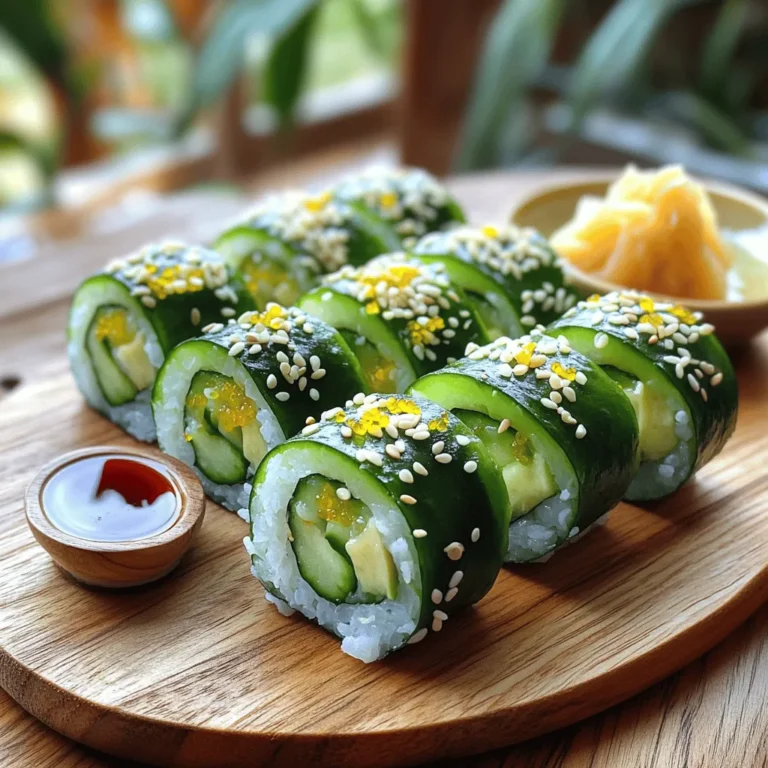 - 1 cup sushi rice - 1 1/4 cups water - 2 tablespoons rice vinegar - 1 tablespoon sugar - 1 teaspoon salt - 4 sheets nori (seaweed) - 1 medium cucumber, julienned - 1 ripe avocado, sliced - 1 medium carrot, julienned - 1 tablespoon sesame seeds (optional) - Soy sauce, for dipping - Wasabi and pickled ginger, for serving When I make cucumber avocado sushi rolls, I always start with sushi rice. The rice is vital for the roll's texture. I rinse it well under cold water. This helps remove extra starch. I want the rice to be fluffy and not sticky. Next, I cook the rice. I use a pot with a lid. I add the rinsed rice to water and bring it to a boil. Then, I lower the heat and cover it. It simmers for 18-20 minutes. After cooking, I let it steam for another 10 minutes. This step is key to fluffy rice. While the rice rests, I prepare the seasoning. I mix rice vinegar, sugar, and salt in a small bowl. I whisk until it dissolves. Once the rice cools, I fold this mix in. This gives the rice a nice flavor. For the filling, I choose fresh vegetables. I julienne cucumber and carrot and slice the avocado. These add crunch and creaminess. Sometimes, I sprinkle sesame seeds on top for extra taste. I also need nori sheets for wrapping. These sheets hold everything together. Finally, I have soy sauce, wasabi, and pickled ginger ready for dipping. These condiments enhance the sushi's flavor. This is what makes cucumber avocado sushi rolls so fresh and tasty. You can find the full recipe in the recipe section above. How do I rinse sushi rice? First, place the sushi rice in a bowl. Rinse the rice under cold water. Swirl it gently until the water turns clear. This step is key. It removes extra starch. What is the cooking method and timing? Combine the rinsed rice with 1 1/4 cups of water in a pot. Bring it to a boil over medium-high heat. Once boiling, lower the heat. Cover and simmer for 18-20 minutes. After the water is gone, turn off the heat and let it sit, covered, for 10 more minutes. This steams the rice. How do I season the rice? While the rice rests, mix rice vinegar, sugar, and salt in a bowl. Whisk until dissolved. Once the rice has cooled, fold this mixture into it gently. Spread the rice on a plate or tray to cool faster. How do I set up the sushi mat and nori? Place a bamboo sushi mat on a clean surface. Lay a sheet of nori on the mat, shiny side down. This helps the rice stick. How do I spread the rice? Wet your hands to prevent sticking. Take a small handful of sushi rice. Spread it evenly over the nori, leaving about 1 inch at the top. Aim for a thin layer. How do I add fillings and roll? In the center of the rice, place a line of julienned cucumber, avocado slices, and julienned carrot. If you like, sprinkle sesame seeds on top. To roll, lift the edge of the mat closest to you. Tuck the filling tightly as you roll towards the uncovered edge. Moisten this edge with water to seal the roll. How do I slice the sushi rolls? Once your rolls are ready, take a sharp knife. Slice each roll into bite-sized pieces. Wipe the knife with a damp cloth between cuts for clean edges. What are some serving suggestions and presentation tips? Arrange the sushi on a platter. Serve with soy sauce, wasabi, and pickled ginger. For a stunning look, use a wooden board. Garnish with sesame seeds and green onions. This adds color and flair to your dish. For the full recipe, check the earlier section. To make great sushi, you need perfect rice. Rinsing sushi rice is the first step. Rinse it until the water runs clear. This removes excess starch. If you skip this, your rice may turn gummy. Next, cook the rice properly. Use 1 1/4 cups of water for every cup of rice. Bring it to a boil, then lower the heat. Cover and let it simmer for 18 to 20 minutes. After cooking, let it sit for 10 minutes. This steaming helps the rice fluff up nicely. Seasoning is key. Mix rice vinegar, sugar, and salt until dissolved. Gently fold this into the rice. This step adds flavor and makes the rice sticky, perfect for rolling. Rolling sushi takes practice. Start by using the right pressure. When you roll, don’t press too hard. This can squish the filling out. Instead, apply even pressure as you roll. Keep the roll tight. If it's loose, the sushi may fall apart later. Use a bamboo mat to help. Tuck the nori over the filling and keep rolling. Seal the edge with a little water to hold everything together. How you serve sushi matters. Try unique ways to present your rolls. Use a wooden board for a rustic look. Garnish with sesame seeds and chopped green onions. This adds a pop of color. Pair your sushi with soy sauce, wasabi, and pickled ginger. These sides enhance the flavors. You can even serve sushi with a side salad for a fresh touch. For more details, check the Full Recipe. {{image_4}} You can play with the fillings in your cucumber avocado sushi rolls. Besides cucumber and avocado, try these tasty veggies: - Bell peppers - Spinach - Radish If you want some protein, consider adding: - Tofu for a vegan option - Crab if you enjoy seafood - Cooked shrimp for a fresh twist These changes can make each roll unique. The right sauce can elevate your sushi rolls. Traditional soy sauce works well. However, you might want to try: - Spicy mayo for a kick - Teriyaki sauce for sweetness - Ponzu sauce for a citrus twist If you like to make your own dips, here are some ideas: - Mix mayo with sriracha for a creamy dip - Blend soy sauce with a dash of sesame oil for added flavor If you have dietary needs, you can still enjoy these sushi rolls. For gluten-free options, use gluten-free soy sauce. If you follow a vegan diet, stick with tofu and veggies. Avoid any seafood or animal-based products. These adjustments ensure everyone can enjoy fresh and flavorful sushi rolls. For the full recipe, check out my guide on cucumber avocado sushi rolls. To keep your cucumber avocado sushi rolls fresh, store them in an airtight container. This helps prevent them from drying out. You can place a damp paper towel inside to maintain moisture. It is best to eat sushi within 24 hours for the best taste. The sushi can last up to 48 hours in the fridge, but the texture may change. Sushi is best served cold, so reheating is usually not needed. If you want to enjoy it warm, heat the rolls gently in the microwave. Use a low power setting for about 10-15 seconds. Check to see if it warms evenly. Avoid overheating, as this can make the rice tough. Enjoy your sushi the next day for a quick and tasty meal! For more ideas, check out the Full Recipe for more delicious serving suggestions. The best rice for sushi is short-grain sushi rice. This type of rice has a high starch content. It becomes sticky when cooked, which helps the rolls hold together. Look for brands like Koshihikari or Calrose when shopping. These options give a perfect texture for sushi. Yes, you can make sushi without a bamboo mat. If you don't have one, use a clean kitchen towel. Lay the nori on the towel, then spread the rice on top. Roll it tightly, using your hands to shape it. You can also use a plastic wrap for easier handling. To check if an avocado is ripe, gently squeeze it. It should feel soft but not mushy. Look for a dark green or black skin color. You can also remove the stem cap; if it’s green underneath, it’s ripe. If it’s brown, wait a few days before using it. Making sushi at home is easy with the right ingredients and steps. We covered sushi rice, seasoning, and assembling the rolls. Remember to avoid common mistakes in rice preparation and rolling techniques. You can also explore different fillings, sauces, and dietary options to make sushi your own. Lastly, store any leftovers properly to enjoy later. Now, you can confidently create delicious sushi tailored to your taste! Enjoy the process and make it a fun meal for you and your loved ones.