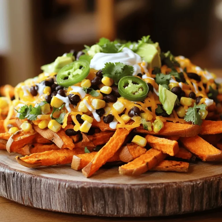 To make loaded sweet potato fries, you need a few key items. Here’s what you should gather: - 2 large sweet potatoes, cut into thin fries - 2 tablespoons olive oil - 1 cup black beans, rinsed and drained - 1 cup corn (fresh or canned) - 1 cup shredded cheese (cheddar or a blend of your choice) - 1 ripe avocado, diced - 1/4 cup sour cream or Greek yogurt - 2 tablespoons fresh cilantro, chopped - 1 jalapeño, sliced (optional for heat) Seasoning is essential for great flavor. You can use simple spices that elevate your dish. Here are the must-have seasonings: - 1 teaspoon paprika - 1 teaspoon garlic powder - Salt and black pepper to taste These spices add warmth and depth to your fries. Adjust the amounts based on your taste. Toppings take your sweet potato fries to the next level. Here are some tasty ideas: - A sprinkle of fresh cilantro gives a fresh taste. - Diced jalapeño adds a nice kick. - You can swap sour cream for Greek yogurt for a tangy twist. - For extra crunch, try adding diced red onion or sliced green onions. Feel free to mix and match these toppings to create your own perfect loaded sweet potato fries. For the full recipe, check out the linked section above. To make loaded sweet potato fries, start with two large sweet potatoes. Wash them well and peel off the skin. Then, cut them into thin fries, about a quarter-inch thick. This helps them cook evenly and get crispy. Place the fries in a large bowl. Add two tablespoons of olive oil, one teaspoon of paprika, one teaspoon of garlic powder, and a pinch of salt and black pepper. Toss everything together until each fry is coated with the oil and spices. Next, preheat your oven to 425°F (220°C). Line a baking sheet with parchment paper. Spread the seasoned fries in a single layer on the sheet. Make sure they are not crowded; give them space to crisp up. Bake the fries for 20 to 25 minutes. Halfway through, flip them to cook both sides evenly. They should turn golden brown and crispy when done. When the fries are finished, take them out of the oven. Immediately sprinkle one cup of shredded cheese over the hot fries. The heat will melt the cheese perfectly. Next, add one cup of rinsed black beans and corn mixture on top. Then, layer on diced avocado and jalapeño slices if you want some heat. Finally, drizzle a little sour cream or Greek yogurt over everything. Don't forget to sprinkle some fresh chopped cilantro for extra flavor. Serve these loaded sweet potato fries right away for a tasty treat. Check the full recipe for detailed steps. To get that perfect crispiness on your sweet potato fries, follow a few key steps. First, cut your fries evenly. This helps them cook at the same rate. Use a good amount of olive oil. This adds flavor and helps with crispness. Don't overcrowd the baking sheet. Space between the fries allows hot air to circulate. Flip the fries halfway through baking. This ensures they brown evenly on all sides. If you want to try a different method, use an air fryer. Preheat your air fryer to 400°F (200°C). Toss your sweet potato fries with olive oil and spices. Place them in the air fryer basket in a single layer. Cook for 15-20 minutes, shaking the basket halfway through. This method gives you crunchy fries with less oil. It's a quick way to enjoy your loaded sweet potato fries! If you like heat, add some spice! Mix cayenne pepper or chili powder into your oil. You can also sprinkle crushed red pepper flakes on top before baking. For an extra kick, add sliced jalapeños. These can go on top after baking. They add flavor and heat to every bite. Enjoy experimenting with different levels of spice to find your perfect match! {{image_4}} To make a vegan version, skip the cheese and sour cream. Instead, use a creamy cashew sauce. Blend soaked cashews with lemon juice, garlic, and water until smooth. Pour this over the fries for a rich flavor. You can also top with diced tomatoes, green onions, and avocado for freshness. For cheese lovers, variety is key! Try using pepper jack for a spicy kick. Gouda melts well for a smoky flavor. Vegan cheese options like cashew cheese or almond-based cheese work great too. Choose your favorite to add a personal touch. You can really amp up the taste with sauces and spices. Drizzle sriracha or chipotle sauce for heat. A sprinkle of taco seasoning can add zest. Try fresh herbs like chives or dill for a bright finish. Use lime juice for a tangy twist that brightens the dish. Each choice adds a unique spin to your loaded sweet potato fries. For the full recipe, check out the [Full Recipe]. Store leftover loaded sweet potato fries in an airtight container. Let them cool first. Keep them in the fridge for up to three days. To keep them crispy, separate the fries from the toppings. This way, they won’t get soggy. To reheat, use the oven for best results. Preheat your oven to 400°F (200°C). Spread the fries on a baking sheet. Heat for about 10 to 15 minutes. This will help them regain their crispiness. You can also use an air fryer. Cook at 350°F (175°C) for around 5 to 7 minutes. Check to make sure they heat evenly. You can freeze loaded sweet potato fries, but it’s best to freeze them before adding toppings. After baking them, let the fries cool completely. Place them in a single layer on a baking sheet and freeze for 1 to 2 hours. Once frozen, transfer them to a freezer bag. They can stay fresh for up to three months. When ready to enjoy, bake them straight from the freezer. Cook them for a few extra minutes to ensure they cook through. For the best flavor, add fresh toppings after baking. For the full recipe, check the section above. To make sweet potato fries crispy, you need to coat them well in oil. Use olive oil and toss the fries so they are fully covered. Spread the fries in a single layer on the baking sheet. This helps air circulate around them. Bake at a high temperature, like 425°F (220°C). Flip them halfway through baking to ensure they brown evenly. Yes, you can use other potatoes. Regular potatoes, like russets, work well too. They also get crispy and soft inside. Yukon golds are another good choice. Each type will give a different taste and texture. Feel free to experiment and find your favorite! You can mix and match toppings to suit your taste. Here are some ideas: - Pulled pork or chicken for a meaty option. - Salsa or guacamole for a fresh kick. - Chili adds warmth and heartiness. - Buffalo sauce for a spicy twist. - Feta cheese for a tangy flavor. Feel free to get creative with your toppings! The Full Recipe offers a solid base to start with any of these. Enjoy your tasty creations! Loaded sweet potato fries are a tasty and fun dish. We covered the main ingredients, special seasonings, and great toppings. I shared step-by-step tips to prepare, bake, and assemble them. Achieving crispiness is key, and I provided alternative cooking methods and variations, including vegan options. Lastly, I gave storage tips for leftovers and answered common questions. You can enjoy these fries your way. Experiment with flavors and toppings to create your perfect dish. Enjoy making and sharing them with friends and family!