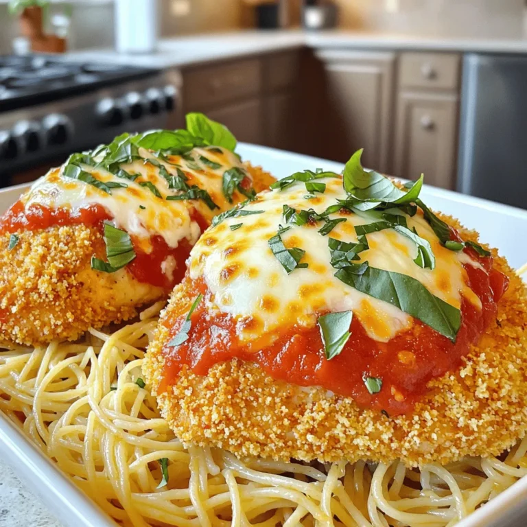To make Easy Chicken Parmesan, gather these ingredients: - 2 boneless, skinless chicken breasts - 1 cup all-purpose flour - 2 large eggs, beaten - 1 cup Italian-seasoned breadcrumbs - 1 cup marinara sauce - 1 ½ cups shredded mozzarella cheese - ½ cup grated Parmesan cheese - 2 tablespoons fresh basil, finely chopped - 1 teaspoon garlic powder - Salt and freshly ground black pepper, to taste - Olive oil, for frying You will need some basic tools to make this dish: - A large skillet for frying - A baking dish to hold the chicken - Shallow dishes for breading - A meat thermometer to check the chicken's doneness Seasoning is key to great flavor. Here are my top picks: - Fresh basil adds a bright touch. - Garlic powder gives a savory kick. - Salt and pepper enhance all the flavors. Feel free to adjust these to your taste! For a twist, try adding oregano or Italian seasoning. Don't forget to check the [Full Recipe] for more details! Start with two boneless, skinless chicken breasts. Trim any extra fat. Season both sides with salt, pepper, and garlic powder. This adds flavor and depth. Let the chicken sit for a few minutes to soak in the spices. Set up a breading station. In one dish, put flour. In a second dish, beat two eggs. In a third dish, add Italian-seasoned breadcrumbs. Take a chicken breast and dip it in flour, coating it well. Shake off the extra flour. Then, dip it in the egg, allowing any excess to drip off. Next, roll it in the breadcrumbs, pressing gently to ensure it sticks. Repeat this with the second chicken breast. Heat a skillet over medium heat and add enough olive oil to cover the bottom. Wait until the oil shimmers but does not smoke. Carefully add the breaded chicken breasts to the skillet. Cook each side for about 4-5 minutes until they are golden brown and cooked through. The internal temperature should reach 165°F (75°C). Once cooked, transfer the chicken to a baking dish. Pour marinara sauce over each piece, then sprinkle mozzarella and Parmesan cheese on top. Bake in the oven at 375°F (190°C) for about 20 minutes until the cheese is melted and bubbly. Finish by adding fresh basil on top before serving. For the full recipe, check out the details above! To get that perfect golden color, you need to fry the chicken just right. Start by heating the oil in your skillet until it shimmers. If the oil is too cool, the chicken will soak up oil and turn soggy. Cook each side for about 4-5 minutes. You want to see a deep golden brown. Use a meat thermometer to check the inside. It should reach 165°F (75°C). This way, your chicken stays juicy and delicious. For melting cheese perfectly, use a mix of mozzarella and Parmesan. Mozzarella gives that gooey stretch, while Parmesan adds flavor. After you top the chicken with sauce, place it in the oven at 375°F (190°C). Bake until the cheese is bubbly and golden, about 20 minutes. If you want a crispier top, broil for a minute or two at the end. Just watch it closely so it doesn’t burn. To serve your Easy Chicken Parmesan beautifully, think about color and texture. Place it on a bed of spaghetti for a classic look. Add a side of bright steamed veggies for contrast. Garnish with fresh basil and a drizzle of olive oil. This not only enhances the dish but makes it appealing. Your guests will love the vibrant colors and fresh flavors. For the full recipe, check out the details above. {{image_4}} You can easily make this dish gluten-free. Just swap the all-purpose flour and breadcrumbs for gluten-free versions. Look for gluten-free flour blends and gluten-free breadcrumbs at your store. This way, you can enjoy the same great taste without the gluten. Want to add more flavor? Try adding spinach or other veggies. You can mix fresh spinach into the marinara sauce. Or, layer cooked mushrooms or roasted red peppers on top of the chicken. This adds color and nutrition to your meal. It also makes your Easy Chicken Parmesan unique. If you want to change things up, try different cheeses. Instead of just mozzarella and Parmesan, use provolone or fontina. These cheeses melt well and add a rich taste. You can even mix in some goat cheese for a tangy twist. Experimenting with different cheeses can make each batch special. For the full recipe, check out the [Full Recipe]. To keep your Easy Chicken Parmesan fresh, let it cool first. Place leftovers in an airtight container. Make sure to separate layers with parchment paper to avoid sticking. Store in the fridge for up to three days. If you want to keep it longer, freezing is a good option. When reheating, use an oven for the best taste. Preheat your oven to 350°F (175°C). Place the chicken in an oven-safe dish. Cover it with foil to keep it moist. Heat for about 15-20 minutes until warm. For a crispy top, remove the foil in the last few minutes. Freezing is a smart way to save leftovers. After cooking, let the chicken cool completely. Wrap each piece tightly in plastic wrap, then in foil. You can also use freezer bags. Label with the date and freeze for up to three months. Thaw in the fridge overnight before reheating. You can make Easy Chicken Parmesan healthier by using a few simple swaps. Try using whole wheat breadcrumbs instead of regular ones. This adds more fiber to the dish. You can also bake the chicken instead of frying it. Coat the chicken with a small amount of olive oil, then bake it until golden. Use low-fat cheese or reduce the amount of cheese used to cut calories. Lastly, add more veggies by serving it with steamed broccoli or spinach. Yes, you can use chicken thighs instead of breasts. Thighs have more flavor and stay juicy during cooking. They can add a nice twist to your Easy Chicken Parmesan. Just remember that thighs may take a bit longer to cook. Ensure they reach an internal temperature of 165°F (75°C) to be safe to eat. The best sauce for Chicken Parmesan is marinara sauce. It has a rich tomato flavor that pairs well with the chicken and cheese. You can use store-bought marinara or make your own for an extra touch. If you want something different, try a pesto sauce. It adds a fresh, herby taste. No matter what sauce you choose, it should complement the cheese and chicken perfectly. For the full recipe, check out the full recipe section. Easy Chicken Parmesan is fun and simple to make. You learned about the key ingredients, cooking steps, and must-have tools. We explored tips to get golden chicken and melt cheese just right. Plus, you discovered ways to mix it up with gluten-free options and different cheeses. In the end, this dish is all about balance and flavor. Now you’re ready to impress your loved ones with your kitchen skills. Enjoy making it your own!