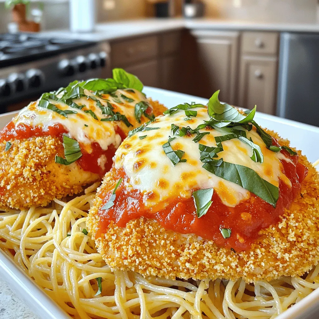To make Easy Chicken Parmesan, gather these ingredients: - 2 boneless, skinless chicken breasts - 1 cup all-purpose flour - 2 large eggs, beaten - 1 cup Italian-seasoned breadcrumbs - 1 cup marinara sauce - 1 ½ cups shredded mozzarella cheese - ½ cup grated Parmesan cheese - 2 tablespoons fresh basil, finely chopped - 1 teaspoon garlic powder - Salt and freshly ground black pepper, to taste - Olive oil, for frying You will need some basic tools to make this dish: - A large skillet for frying - A baking dish to hold the chicken - Shallow dishes for breading - A meat thermometer to check the chicken's doneness Seasoning is key to great flavor. Here are my top picks: - Fresh basil adds a bright touch. - Garlic powder gives a savory kick. - Salt and pepper enhance all the flavors. Feel free to adjust these to your taste! For a twist, try adding oregano or Italian seasoning. Don't forget to check the [Full Recipe] for more details! Start with two boneless, skinless chicken breasts. Trim any extra fat. Season both sides with salt, pepper, and garlic powder. This adds flavor and depth. Let the chicken sit for a few minutes to soak in the spices. Set up a breading station. In one dish, put flour. In a second dish, beat two eggs. In a third dish, add Italian-seasoned breadcrumbs. Take a chicken breast and dip it in flour, coating it well. Shake off the extra flour. Then, dip it in the egg, allowing any excess to drip off. Next, roll it in the breadcrumbs, pressing gently to ensure it sticks. Repeat this with the second chicken breast. Heat a skillet over medium heat and add enough olive oil to cover the bottom. Wait until the oil shimmers but does not smoke. Carefully add the breaded chicken breasts to the skillet. Cook each side for about 4-5 minutes until they are golden brown and cooked through. The internal temperature should reach 165°F (75°C). Once cooked, transfer the chicken to a baking dish. Pour marinara sauce over each piece, then sprinkle mozzarella and Parmesan cheese on top. Bake in the oven at 375°F (190°C) for about 20 minutes until the cheese is melted and bubbly. Finish by adding fresh basil on top before serving. For the full recipe, check out the details above! To get that perfect golden color, you need to fry the chicken just right. Start by heating the oil in your skillet until it shimmers. If the oil is too cool, the chicken will soak up oil and turn soggy. Cook each side for about 4-5 minutes. You want to see a deep golden brown. Use a meat thermometer to check the inside. It should reach 165°F (75°C). This way, your chicken stays juicy and delicious. For melting cheese perfectly, use a mix of mozzarella and Parmesan. Mozzarella gives that gooey stretch, while Parmesan adds flavor. After you top the chicken with sauce, place it in the oven at 375°F (190°C). Bake until the cheese is bubbly and golden, about 20 minutes. If you want a crispier top, broil for a minute or two at the end. Just watch it closely so it doesn’t burn. To serve your Easy Chicken Parmesan beautifully, think about color and texture. Place it on a bed of spaghetti for a classic look. Add a side of bright steamed veggies for contrast. Garnish with fresh basil and a drizzle of olive oil. This not only enhances the dish but makes it appealing. Your guests will love the vibrant colors and fresh flavors. For the full recipe, check out the details above. {{image_4}} You can easily make this dish gluten-free. Just swap the all-purpose flour and breadcrumbs for gluten-free versions. Look for gluten-free flour blends and gluten-free breadcrumbs at your store. This way, you can enjoy the same great taste without the gluten. Want to add more flavor? Try adding spinach or other veggies. You can mix fresh spinach into the marinara sauce. Or, layer cooked mushrooms or roasted red peppers on top of the chicken. This adds color and nutrition to your meal. It also makes your Easy Chicken Parmesan unique. If you want to change things up, try different cheeses. Instead of just mozzarella and Parmesan, use provolone or fontina. These cheeses melt well and add a rich taste. You can even mix in some goat cheese for a tangy twist. Experimenting with different cheeses can make each batch special. For the full recipe, check out the [Full Recipe]. To keep your Easy Chicken Parmesan fresh, let it cool first. Place leftovers in an airtight container. Make sure to separate layers with parchment paper to avoid sticking. Store in the fridge for up to three days. If you want to keep it longer, freezing is a good option. When reheating, use an oven for the best taste. Preheat your oven to 350°F (175°C). Place the chicken in an oven-safe dish. Cover it with foil to keep it moist. Heat for about 15-20 minutes until warm. For a crispy top, remove the foil in the last few minutes. Freezing is a smart way to save leftovers. After cooking, let the chicken cool completely. Wrap each piece tightly in plastic wrap, then in foil. You can also use freezer bags. Label with the date and freeze for up to three months. Thaw in the fridge overnight before reheating. You can make Easy Chicken Parmesan healthier by using a few simple swaps. Try using whole wheat breadcrumbs instead of regular ones. This adds more fiber to the dish. You can also bake the chicken instead of frying it. Coat the chicken with a small amount of olive oil, then bake it until golden. Use low-fat cheese or reduce the amount of cheese used to cut calories. Lastly, add more veggies by serving it with steamed broccoli or spinach. Yes, you can use chicken thighs instead of breasts. Thighs have more flavor and stay juicy during cooking. They can add a nice twist to your Easy Chicken Parmesan. Just remember that thighs may take a bit longer to cook. Ensure they reach an internal temperature of 165°F (75°C) to be safe to eat. The best sauce for Chicken Parmesan is marinara sauce. It has a rich tomato flavor that pairs well with the chicken and cheese. You can use store-bought marinara or make your own for an extra touch. If you want something different, try a pesto sauce. It adds a fresh, herby taste. No matter what sauce you choose, it should complement the cheese and chicken perfectly. For the full recipe, check out the full recipe section. Easy Chicken Parmesan is fun and simple to make. You learned about the key ingredients, cooking steps, and must-have tools. We explored tips to get golden chicken and melt cheese just right. Plus, you discovered ways to mix it up with gluten-free options and different cheeses. In the end, this dish is all about balance and flavor. Now you’re ready to impress your loved ones with your kitchen skills. Enjoy making it your own!