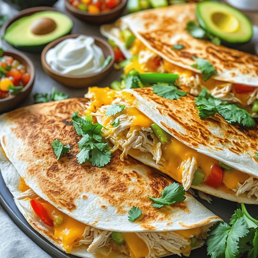 To make easy chicken quesadillas, gather these key ingredients: - 2 cups cooked chicken, shredded - 1 cup shredded sharp cheddar cheese - 1 cup shredded Monterey Jack cheese - 4 large flour tortillas - 1/2 cup bell pepper, diced - 1/4 cup red onion, finely chopped - 1 tablespoon olive oil - 1 teaspoon ground cumin - 1 teaspoon chili powder - Salt and pepper, to taste If you want to boost the taste, consider adding: - Fresh cilantro, chopped - Jalapeños, sliced for spice - Black beans, rinsed and drained - Corn, fresh or canned - Avocado, sliced for creaminess Serve your chicken quesadillas with these tasty sides: - Sour cream for creaminess - Salsa for a zesty kick - Guacamole for richness - A side salad for freshness These ingredients make a delicious meal that everyone will love. For the full recipe, check out the details above! Start by washing the bell pepper and onion. Dice the bell pepper into small pieces. Chop the red onion finely to mix well. Heat a large skillet over medium heat. Add olive oil to the pan. Once hot, toss in the diced bell pepper and chopped onion. Cook for 3-4 minutes. Stir often until the veggies are soft and smell great. Next, add the shredded chicken, cumin, chili powder, salt, and pepper. Mix it well. Cook for another 2-3 minutes. This warms the chicken and blends the flavors. Remove the chicken mixture from the skillet. Wipe the skillet clean. Place it back on the heat. Lay one tortilla in the skillet. Sprinkle half of it with a mix of cheddar and Monterey Jack cheese. Spoon some chicken mixture onto the cheesy side. Add a bit more cheese on top. Fold the tortilla in half carefully. Cook for 3-4 minutes until golden brown. Flip it over and cook for another 3 minutes until crispy. Slice the quesadilla into wedges with a sharp knife. Place them on a colorful platter. For a fun touch, add fresh cilantro and avocado slices. Serve with sour cream and salsa on the side for dipping. This makes the dish even better! Enjoy your quesadillas warm, right from the skillet. Check out the Full Recipe for more details. To make the best quesadillas, follow these simple tips: - Use fresh tortillas. Fresh tortillas cook evenly and taste great. - Heat your skillet well. A hot skillet gives a nice crunch. - Don’t overfill. Less is more for even cooking and easy flipping. - Use a mix of cheeses. Combining cheeses adds depth and creaminess. - Cook on medium heat. This allows the cheese to melt without burning the tortilla. Avoid these common pitfalls for perfect quesadillas: - Skipping the oil. Always add oil to prevent sticking. - Using cold ingredients. Cold chicken or cheese can lead to uneven melting. - Not letting it rest. Let the quesadilla sit for a minute after cooking; it firms up. - Flipping too soon. Wait until the bottom is golden before flipping to keep everything intact. - Overcooking. Watch the time; burnt quesadillas lose their charm. Feel free to mix things up! Here are some ideas: - Add different proteins. Try beef, shrimp, or black beans for variety. - Explore veggies. Spinach, zucchini, or corn can add color and flavor. - Spice it up. Add jalapeños or hot sauce for a kick. - Experiment with cheeses. Try pepper jack or feta for a different taste. - Garnish creatively. Use fresh herbs, avocado, or lime for a fresh finish. For a detailed guide, check the Full Recipe. {{image_4}} You can change the protein in your quesadillas. Instead of chicken, try beef or shrimp. Shredded pork also works well. If you want a lighter option, use turkey. Each protein brings its own taste. Cook it just like the chicken. Season well for the best flavor. Vegetarian quesadillas are easy to make. Use beans, like black beans or pinto beans, for protein. You can also add mushrooms and zucchini for extra flavor. For a vegan twist, skip the cheese and use a plant-based cheese. This keeps the recipe tasty while being good for you. Want to kick up the flavor? Add spices like paprika or cayenne for heat. Fresh herbs, like cilantro or parsley, brighten your dish. You can also include corn or diced tomatoes for sweetness. Consider adding avocado for creaminess. These little extras make your quesadillas special. For the full recipe, check out the Cheesy Chicken Quesadillas Delight. Store leftover quesadillas in an airtight container. Keep them in the fridge. They will last for up to three days. Make sure to let them cool before sealing. This helps maintain their texture. You can freeze quesadillas too! Wrap each one in plastic wrap. Place them in a freezer-safe bag. They will keep well for up to two months. When you're ready, thaw them in the fridge overnight. To reheat, use a skillet for best results. Heat over medium heat for about 3-4 minutes on each side. This keeps them crispy. You can also use a microwave. If you use it, place a damp paper towel over the quesadilla. Heat for 30 seconds at a time until warm. Enjoy your Easy Chicken Quesadillas from the Full Recipe! To make quesadillas crispy, use a hot skillet. You want the heat high enough to brown the tortilla. Use a little oil for added crunch. Keep the skillet clean and dry between cooking. Flip the quesadilla carefully to get both sides crispy. Yes, you can use store-bought flour tortillas. They save time and still taste great. Look for fresh tortillas for the best flavor. You can find them in most grocery stores. Just make sure they are soft and pliable for easy folding. You can spice up your chicken quesadilla by adding more spices. Try adding jalapeños or hot sauce for heat. You can also mix in spices like smoked paprika or cayenne pepper. Fresh herbs like cilantro or oregano add great flavor too. Serve chicken quesadillas with sour cream and salsa for dipping. Guacamole is another tasty option. You can also add a side salad or rice for a complete meal. Chips and fresh veggies make good sides too. You’ve learned how to make delicious quesadillas using simple steps and ingredients. We covered essential and optional items for great flavor. I shared tips to avoid mistakes and enhance your dish. You can customize your quesadillas, whether you prefer meat or plant-based. Remember to store them properly to keep them fresh. Enjoy cooking and sharing this easy and fun meal. Each bite can bring joy to your table. Keep experimenting and have fun with your recipes!