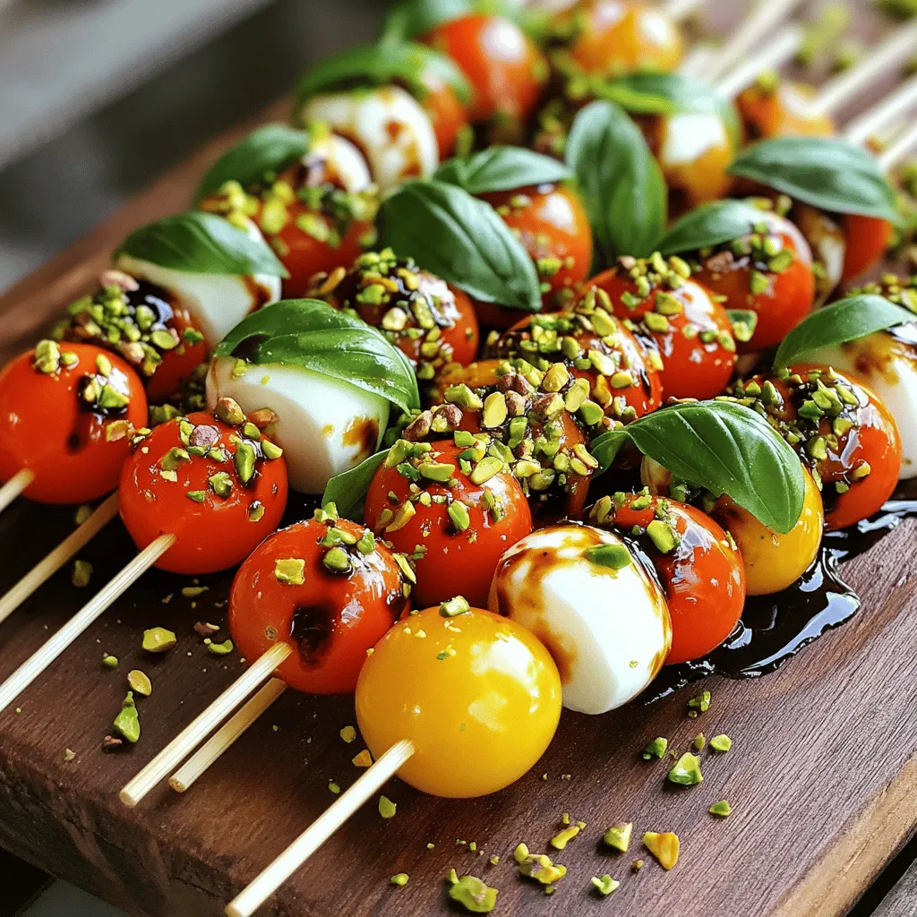 To make delicious Caprese salad skewers, gather these fresh ingredients: - 1 cup cherry tomatoes, halved - 1 cup fresh mozzarella balls (bocconcini), drained - 1 cup fresh basil leaves - 1/4 cup balsamic glaze - 1/4 cup extra virgin olive oil - Salt and freshly cracked black pepper, to taste - Optional: 1 tablespoon chopped pistachios for garnish - Skewers (6-inch or 12-inch) Each ingredient brings its own flavor. The tomatoes add sweetness, while the mozzarella gives a creamy touch. Fresh basil adds a bright, herbal flavor that makes the skewers pop. Balsamic glaze and olive oil create a rich dressing that ties everything together. If you want a crunch, add pistachios on top. You can use either wooden or metal skewers. If you choose wooden ones, soak them in water for 15 minutes. This step helps prevent burning if you grill the skewers. For the best taste, always use fresh ingredients. They make a big difference in flavor. You can find these items at most grocery stores. Now that you have your ingredients ready, you can move on to making the skewers. Check out the Full Recipe for more details on how to prepare them! Start by soaking wooden skewers in water for about 15 minutes. This helps them not burn if you grill later. If you use metal skewers, there's no need to soak. They are ready to go! In a small bowl, whisk together balsamic glaze and olive oil. Add a pinch of salt and some black pepper. Mix until it is smooth. A well-seasoned dressing makes your skewers pop with flavor. Now it’s time to build your skewers! Begin with a cherry tomato. Next, add a fresh basil leaf. Follow this with a mozzarella ball. Repeat this pattern until you fill the skewer. Four to five sets per skewer works great for balance. After you assemble all your skewers, lay them on a platter. Drizzle the dressing over the skewers, making sure all are coated. Let them sit for 10-15 minutes. This helps the flavors mix and enhances your tasty Caprese Salad Skewers. Check out the Full Recipe for more details! To make your Caprese salad skewers stand out, try a few fun ideas. First, use a glass to display the skewers vertically. This way, everyone can see the vibrant colors. It adds a nice touch to your table. Second, for a rustic look, place the skewers upright in a base of salt. This gives a charming feel and keeps them stable. The key to great flavor lies in fresh ingredients. When you use ripe cherry tomatoes and fresh mozzarella, the taste shines. You can also try different dressings to give your skewers a twist. For a zesty kick, mix in some pesto or a squeeze of lemon juice. These options can bring new life to your dish. Pair your skewers with complementary dishes. They go well with a light pasta salad or a fresh green salad. For an extra burst of flavor, drizzle more balsamic glaze over the skewers before serving. This adds a sweet touch and makes them look even more inviting. For a complete guide, don’t forget to check the Full Recipe! {{image_4}} Caprese salad skewers are fun to make. You can add your favorite veggies. Try bell peppers for a sweet crunch or olives for a salty bite. These twists keep the dish exciting and colorful. You can also add proteins. Grilled chicken gives a nice flavor. Shrimp adds a touch of the sea. Both options make the skewers more filling and flavorful. Mix and match to suit your taste! If you're vegan, there are great swaps for mozzarella. Try using vegan cheese made from nuts. This keeps the creamy texture without dairy. For gluten-free options, use skewers made from wood or metal. They work great for everyone. Just make sure the dressing is also gluten-free. Seasonal ingredients add freshness to your skewers. In summer, use ripe tomatoes and fragrant basil. In fall, consider adding roasted squash for a sweet touch. You can even create holiday-themed skewers! For Halloween, use black olives and orange bell peppers. For Christmas, add red cherry tomatoes and green basil. Get creative and have fun with seasonal items! For the full recipe, check out Caprese Salad Skewers with a Twist. To keep your Caprese salad skewers fresh, place them in an airtight container. This helps lock in moisture and flavor. You can refrigerate them for up to two days. After that, they may lose their crispness and taste. You should not freeze assembled skewers. The tomatoes and mozzarella will become mushy when thawed. Instead, consider storing the ingredients separately. Keep the tomatoes, mozzarella, and basil in different containers. This way, you can enjoy fresh skewers anytime. To make the best Caprese Salad Skewers, use fresh ingredients. Choose ripe cherry tomatoes and high-quality mozzarella. This will give you great flavor. Here are my key tips: - Select the Right Mozzarella: Use fresh mozzarella balls (bocconcini) for creaminess. - Tomato Quality Matters: Ripe tomatoes add sweetness and a juicy bite. - Fresh Basil is Key: Use whole basil leaves for a fragrant touch. - Layering Counts: Alternate layers neatly on the skewer for a colorful, appealing look. - Drizzle Wisely: A generous drizzle of balsamic glaze enhances flavor and presentation. Yes, you can make these skewers ahead of time. Prepare them up to a day in advance. However, here are some tips for timing and storage: - Assemble and Chill: Keep them in the fridge until serving time. - Marinate Quickly: Allow them to rest for 10-15 minutes to blend flavors. - Avoid Sogginess: Don’t add dressing until just before serving to keep them fresh. If you need a substitute for mozzarella, there are several tasty options: - Vegan Cheese: Try plant-based mozzarella for a dairy-free option. - Feta Cheese: Crumbled feta gives a tangy twist. - Avocado: Use slices of ripe avocado for creaminess. These options cater to different dietary needs while keeping the salad fresh. Caprese Salad Skewers are best served cold. They taste fresh and vibrant this way. Here’s how to serve them: - Chill Before Serving: Keep them in the fridge until ready to enjoy. - No Heating Needed: They don’t require cooking, so serve straight from the platter. For more details, check out the Full Recipe for Caprese Salad Skewers with a Twist. Caprese salad skewers are simple and fun to make. You have learned about the fresh ingredients, easy steps, and creative ways to serve them. Remember to use quality ingredients for the best taste. Try different flavors and seasonal options to keep things exciting. Don't forget about storage tips so they stay fresh. Enjoy crafting these delicious, colorful skewers for your next gathering!