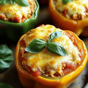- Ground chicken - Bell peppers - Marinara sauce For this recipe, use ground chicken. It cooks quickly and keeps the dish light. Choose large bell peppers, any color you like. They hold the filling well and add a sweet taste. Marinara sauce brings all the flavors together. Use your favorite brand or homemade sauce for the best taste. - Mozzarella cheese - Parmesan cheese Cheese makes this dish creamy and rich. Use shredded mozzarella for a gooey topping. It melts beautifully and adds a nice stretch. Grated Parmesan cheese gives a salty kick. Together, they create that classic chicken Parmesan flavor. - Garlic, oregano, basil - Cooked quinoa or rice Seasonings are key for flavor. Minced garlic adds aroma while oregano and basil bring warmth. You can add cooked quinoa or rice for extra texture. Both options make the dish heartier. Use what you have on hand to keep it easy and fun! For the full recipe, check out the details to create this tasty dinner. 1. Preheat your oven to 375°F (190°C). This ensures a perfect bake for our peppers. 2. Take four large bell peppers and slice off the tops. Remove the seeds and ribs. Set them upright and ready to be stuffed. 1. In a large skillet, add a splash of olive oil and heat over medium. 2. Add one minced clove of garlic and sauté for about one minute until fragrant. 3. Next, add one pound of ground chicken. Season with salt, pepper, oregano, and basil. Stir and cook until the chicken is no longer pink, about five to seven minutes. 4. Once cooked, mix in one cup of marinara sauce. If using, add half a cup of cooked quinoa or rice for extra texture. Simmer for two to three minutes to blend the flavors. 5. Remove the skillet from the heat and stir in half of the mozzarella cheese and all the grated Parmesan cheese. Mix until everything is creamy and well combined. 1. Use a spoon to fill the hollowed bell peppers with the chicken mixture. Press gently to pack them well. 2. Place the stuffed peppers in a baking dish. Top each pepper with more marinara sauce and the remaining mozzarella cheese. 3. Cover the dish tightly with aluminum foil and bake for 25 minutes. 4. After 25 minutes, take off the foil and bake for another 10 to 15 minutes. Look for bubbly, golden cheese on top. 5. Let the peppers cool for a few minutes before serving. Garnish with fresh basil leaves if you like. For the complete recipe, check out the full recipe section. Enjoy every bite! Choosing the right bell peppers is key. Look for large, firm peppers. Red, yellow, or green all work. Each color has its unique taste. I prefer red for sweetness. Slice the tops off and scoop out the seeds. This makes a perfect bowl for your filling. When it comes to seasoning, keep it simple. Use salt and pepper to taste. Add garlic for depth. Dried oregano and basil bring classic Italian flavors. Mix well and taste as you go. Adjust as needed for your palate. To achieve a bubbly cheese topping, use a mix of cheeses. Mozzarella melts well, while Parmesan adds flavor. After baking, uncover the dish to allow the cheese to brown. Keep an eye on it to avoid burning. You want that golden color, not dark brown. Managing cooking times for cheese is vital. Bake covered for the first 25 minutes. This helps the filling cook through. Remove the cover for the last 10-15 minutes. This timing creates the perfect melt. For presentation, use a large platter. Arrange the stuffed peppers upright. Drizzle extra marinara sauce over them. Garnish with fresh basil leaves. This adds color and a fresh taste. Pair with sides for a complete meal. A simple salad works well. Garlic bread also complements the dish nicely. These sides enhance the flavors of your Chicken Parmesan Stuffed Peppers. For the full recipe, check the link provided. Enjoy your dinner! {{image_4}} You can easily swap ground chicken for turkey or beef. Both options still taste great. Turkey provides a leaner choice, while beef gives a rich flavor. If you want meatless options, try using lentils or chickpeas. These options add protein and are hearty. Adding spices can change the dish's taste. For a kick, mix in red pepper flakes. A little heat goes a long way. You can also play with different sauces. Try pesto or Alfredo for a unique twist. These sauces can bring new layers of flavor. If you want a low-carb option, use cauliflower rice instead of quinoa or rice. This swap keeps the meal light and still filling. For dairy-free diets, choose dairy-free cheese. Many brands offer options that melt well. These swaps make the dish more inclusive for everyone. For the full recipe, check out the details above. To store your Chicken Parmesan Stuffed Peppers, place them in the fridge. Use airtight containers for best results. You can keep them fresh for about four days. If you have more than one pepper left, separate them with parchment paper. This will help keep them from sticking together. You can reheat your stuffed peppers in the oven or microwave. The oven gives a better texture, while the microwave is faster. If you choose the oven, set it to 350°F (175°C) and heat for about 20 minutes. For the microwave, heat them in short bursts, checking often. Avoid overheating to keep the peppers from getting mushy. Freezing is a great way to save your stuffed peppers for later. Wrap each pepper in plastic wrap, then place them in a freezer bag. This keeps them fresh for up to three months. When you want to eat them, move them to the fridge overnight for thawing. This helps keep the flavor and texture intact. For best results, reheat them after thawing. Check out the Full Recipe for more details! Yes, you can prepare the stuffing ahead of time. Just cook the ground chicken with garlic, seasonings, and marinara sauce as usual. Let it cool, then store it in an airtight container in the fridge. This keeps the flavors fresh. You can prepare the stuffing up to two days in advance. Just remember to fill the bell peppers right before baking. This keeps them crisp and tasty. Stuffed peppers are filling, but sides can make a meal even better. Consider serving: - A simple green salad with vinaigrette - Garlic bread for a crunchy side - Roasted vegetables for added nutrition - Pasta tossed in olive oil or marinara sauce Each of these options brings a different flavor and texture. They complement the stuffed peppers well. Stuffed peppers last about three to four days in the fridge. Store them in a tightly sealed container. They may lose some crunch but stay flavorful. Always check for any signs of spoilage before eating. If you want to keep them longer, freezing is a great option. Just wrap them well and store them for up to three months. Enjoy your Chicken Parmesan Stuffed Peppers anytime! For the complete recipe, check out the [Full Recipe]. This blog post covered how to make Chicken Parmesan Stuffed Peppers. We discussed the main ingredients such as ground chicken, bell peppers, and marinara sauce. You learned the steps for preparation and cooking the filling, plus tips for perfect cheese melting. In closing, this dish is simple and fun to make. Feel free to customize it with your favorite ingredients. With a few tweaks, you can make it your own and enjoy every bite. Happy cooking!