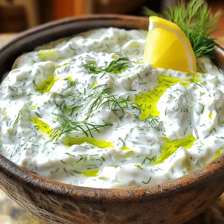 - 1 cup of creamy Greek yogurt - 1 medium cucumber, finely grated and well-drained of excess moisture - 2 cloves of fresh garlic, finely minced - 1 tablespoon fresh dill, finely chopped - 1 tablespoon fresh mint, finely chopped - 1 tablespoon fresh lemon juice - 1 tablespoon extra virgin olive oil - Salt and freshly ground black pepper to taste To make tzatziki sauce, you'll need these fresh and simple ingredients. Use creamy Greek yogurt as the base. It gives the sauce a rich texture. The cucumber adds crunch and a fresh taste. Grate it finely so it mixes well. Garlic gives tzatziki its signature flavor. Use fresh garlic for the best taste. Fresh dill and mint bring bright and aromatic notes. Lemon juice adds a zesty kick, while olive oil makes it smooth. Finally, season with salt and pepper to enhance all the flavors. Gather your ingredients before starting. This will make the process easier. If you want to dive deeper, check the full recipe to see how to put them all together! First, grab your medium cucumber. Use a box grater or a food processor to grate it. Aim for fine shreds to help blend the flavors smoothly. Place the grated cucumber in a bowl when finished. To keep your tzatziki from being too watery, you must remove some moisture. Take a clean kitchen towel and place the grated cucumber in the center. Wrap it up and squeeze firmly. This step is key for a creamy texture in your sauce. In a medium mixing bowl, add one cup of creamy Greek yogurt. Next, add your prepared cucumber. Stir well until the yogurt and cucumber mix evenly. This combination creates the base of your tzatziki. Now, let’s add some flavor! Mince two cloves of fresh garlic and chop a tablespoon each of fresh dill and mint. Add these to the yogurt mixture. Fold everything together gently. This step builds the fresh taste you’re after. Pour in one tablespoon of fresh lemon juice and drizzle in one tablespoon of extra virgin olive oil. Stir again to combine. This addition brightens the flavors and gives a nice finish. Taste your mixture! Add salt and freshly ground black pepper to your liking. Start with a pinch of salt and a few cracks of pepper. Adjust as needed to keep the taste balanced. Cover the bowl with plastic wrap or a lid. Place it in the fridge for at least 30 minutes. Chilling helps the flavors blend and enhances the overall taste. You can find the complete recipe in the [Full Recipe]. Enjoy your tzatziki as a delightful dip! Avoiding Watery Sauce To keep your tzatziki thick, make sure to drain the cucumber well. After grating the cucumber, wrap it in a clean towel. Squeeze out all the extra water. This step is key to a perfect texture. Proper Mixing Techniques Mixing well is essential. Start by combining the Greek yogurt and cucumber in a bowl. Use a spatula to fold in the minced garlic and herbs gently. This ensures all flavors blend without losing creaminess. Recommended Pairings Tzatziki goes great with many dishes. Serve it with warm pita bread or fresh veggies. It also pairs well with grilled meats, like chicken or lamb. This sauce adds a fresh touch to any meal! Presentation Ideas Make your tzatziki look appealing. Use a nice bowl to serve it. Drizzle olive oil on top for shine. Sprinkle fresh dill or mint for color. This will wow your guests! Refrigeration Tips Store any leftover tzatziki in an airtight container. This keeps it fresh and tasty. Place it in the fridge as soon as possible. How Long it Lasts Your tzatziki sauce will stay good for about 3 to 5 days. Always check for any off smells or changes in texture before using. Enjoy your zesty creation! {{image_4}} For a dairy-free tzatziki, you can use plant-based yogurt. Look for a brand made from coconut or almond. These yogurts have a creamy texture similar to Greek yogurt. The taste may be a bit different, but it still works well. You can follow the same steps in the full recipe. Just replace the Greek yogurt with your chosen plant-based yogurt. This way, everyone can enjoy tzatziki! If you like heat, add spices! A pinch of cayenne can give your tzatziki a nice kick. You can also try a dash of smoked paprika for a rich flavor. Mix these spices in when you add the garlic and herbs. Adjust the amount to your taste. Start small and add more if needed. This will make your tzatziki sauce exciting and unique! To give your tzatziki a Mediterranean twist, consider adding olives or feta cheese. Chopped Kalamata olives can add a salty, briny flavor. If you enjoy feta, crumble some into the sauce. This will give your tzatziki a richer taste. Mix these ingredients in after you combine the yogurt and cucumber. It’s a fun way to change up a classic dish! - Homemade Hummus: This dip is easy to make. Just blend chickpeas, tahini, lemon juice, and garlic. You can add spices for extra flavor. Hummus pairs well with pita or veggies. - Garlic Aioli: This sauce is creamy and full of flavor. Mix mayonnaise, minced garlic, lemon juice, and salt. It’s great as a dip or a spread on sandwiches. - Greek Salad: A Greek salad is refreshing and colorful. Combine tomatoes, cucumbers, red onion, olives, and feta. Drizzle with olive oil and lemon juice for a tasty side. - Grilled Vegetable Platter: Grilling brings out the natural flavors of veggies. Use zucchini, bell peppers, and eggplant. Brush with olive oil and season with salt. Serve alongside tzatziki for a great meal. These recipes and dishes work well with your zesty herb tzatziki delight. For the full recipe, check out the section above! If you need a substitute for Greek yogurt, try plain yogurt. You can also use sour cream for a rich flavor. For a dairy-free option, look for coconut yogurt or almond yogurt. These options work well, but they may change the taste slightly. Tzatziki sauce can stay fresh in your fridge for about three to five days. Make sure to store it in an airtight container. If you see any change in color or smell, it's best to toss it. Yes, you can make tzatziki sauce ahead of time. It actually tastes better after sitting for a few hours. Making it one day in advance allows the flavors to blend nicely. Just remember to keep it chilled until serving. Freezing tzatziki sauce is not recommended. The texture may change when thawed. The yogurt can become watery, and herbs may lose their fresh taste. It’s best to enjoy it fresh for the best experience. Tzatziki sauce pairs well with many dishes. Serve it with grilled meats, pita bread, or fresh vegetables. It also goes great with falafel or gyros. You can even use it as a dip for chips or crackers. For a fun twist, try it on a wrap or sandwich! Check out the Full Recipe for more ideas. In this post, we explored how to make an easy tzatziki sauce. You learned about the simple ingredients and the steps to create a creamy dip. I shared tips for the best texture and ways to enjoy it alongside other dishes. Remember, you can modify this sauce to suit your taste, whether vegan or spicy. Tzatziki is not just a side; it adds flavor to many meals. Enjoy making it and experimenting with new flavors!