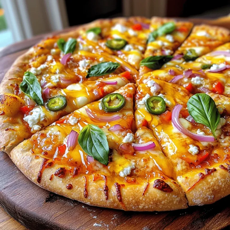 - 1 pre-made pizza crust (store-bought or homemade) - 1 cup pizza sauce - 2 cups shredded mozzarella cheese - 1/2 cup crumbled goat cheese - 1 small red onion, thinly sliced - 1 red bell pepper, sliced into thin strips - 1 jalapeño, thinly sliced (seeds removed for a milder flavor) - 3 tablespoons hot honey (or regular honey with a pinch of cayenne pepper for added heat) - 1 tablespoon olive oil - Fresh basil leaves for garnish - Salt and pepper to taste In this recipe, we combine great flavors and textures. The pizza crust is your base, so choose one you love. I often use a store-bought crust for ease, but homemade is even better if you have the time. Next, the pizza sauce adds that classic taste. I like to spread it evenly, leaving a border for the crust. For cheese, the combination of shredded mozzarella and crumbled goat cheese gives creaminess and a tangy bite. You can never go wrong with extra cheese! Now for the veggies! Sliced red onion adds sweetness, while red bell pepper brings color and crunch. The jalapeño adds heat, but you can skip the seeds if you want a milder flavor. Lastly, we drizzle hot honey on top after baking. This sweet and spicy touch makes the pizza special. The olive oil helps the crust crisp up, while fresh basil leaves add a pop of flavor. Salt and pepper will round out each bite. For the Full Recipe, check the steps that follow. Enjoy every bite! First, preheat your oven to 475°F (245°C). This high heat helps your pizza crust get crispy. If you have a pizza stone, place it in the oven to heat up too. Next, prepare your pizza crust. If you use store-bought, roll it out on a floured surface until it’s the thickness you like. Coat the surface of your crust with olive oil. This step helps create a nice, golden crust. Now, spoon pizza sauce evenly over the crust, leaving about half an inch at the edges. Sprinkle shredded mozzarella on top, then add crumbled goat cheese for a creamy taste. Distribute sliced red onion, bell pepper, and jalapeño evenly across the cheese. Make sure to spread them out for great flavor in every bite. Next, season your pizza with a bit of salt and pepper. This enhances all the flavors. Carefully slide your pizza onto the hot stone or baking sheet. Bake your pizza for about 12-15 minutes. Look for a golden-brown crust and bubbly cheese. Once it's done, take it out and immediately drizzle hot honey over the pizza. This adds a sweet and spicy touch. Let it rest for a few minutes, then slice it up and enjoy! For the full recipe, see above. To get a great pizza crust, first think about thickness. I like my crust crispy yet chewy, so I roll it out to about a quarter-inch thick. If you prefer a thicker crust, just roll it out less. You can use a pizza stone or a baking sheet. A pizza stone gives you a crispier crust. It holds heat well and cooks the bottom evenly. If you're using a baking sheet, preheat it in the oven. This helps the crust cook better. Want to kick up the heat? Add jalapeños! You can slice them thin and remove the seeds for less spice. If you love heat, keep the seeds for a big kick. Cheese is key too! While mozzarella is classic, mix in some cheddar for a sharp taste. You can also try feta for a tangy twist. How you serve your pizza matters. A wooden board makes a great base. You can also use a colorful plate. For extra flair, drizzle more hot honey around the pizza. Don’t forget fresh basil! A few leaves on top can make your pizza look and taste amazing. It adds color and a fresh flavor that pairs well with the hot honey. For the full recipe, check out the detailed steps above. {{image_4}} You can easily make this pizza meatless. Start by adding more vegetables. Try mushrooms, spinach, or artichokes for great flavor. You can also use a mix of colorful veggies. Bell peppers and sliced olives add nice textures. For a savory bite, add some marinated artichokes. These options keep it fresh and fun! If you love meat, spice it up! Add spicy sausage or crispy bacon. These meats pair well with the sweet heat of hot honey. You can also use pepperoni or prosciutto for extra flavor. Each bite will be a tasty balance of sweet and savory. This twist makes it a hit at any party! Don’t be afraid to experiment with different honeys. Try clover honey for a mild sweetness or wildflower honey for a more complex taste. You can also mix in flavored sauces like barbecue or ranch. These sauces can add exciting new layers to your pizza. Get creative and find your favorite combo! For the full recipe, check out the Hot Honey Drizzle Pizza section. To keep your leftover pizza fresh, place it in the fridge. Wrap each slice in plastic wrap or foil. This keeps the pizza from drying out. You can also use an airtight container. Make sure to eat it within three days for the best taste. When reheating pizza, the goal is to keep it crispy. The best method is to use an oven or a skillet. Preheat your oven to 375°F (190°C). Place the pizza directly on the rack for about 10 minutes. If you use a skillet, heat it on medium heat. Cover the skillet with a lid to warm the top. This way, the crust stays nice and crunchy. If you want to save pizza for longer, freezing is a great option. Allow the pizza to cool completely. Wrap each slice in plastic wrap, then in foil. This prevents freezer burn. Place the wrapped slices in a freezer bag. They can last up to two months in the freezer. To thaw, simply move the pizza to the fridge overnight. For reheating, follow the same oven or skillet method. Enjoy that hot honey drizzle flavor again! Hot honey is honey mixed with chili peppers or spices. It has a sweet and spicy taste. The heat level can vary based on how much spice is added. This flavor makes it great for drizzling on pizza. It adds an exciting twist to your dish. Yes, you can make your own hot honey easily. Here’s a simple recipe: - Ingredients: - 1 cup honey - 2-3 tablespoons chili flakes or sliced fresh peppers Instructions: 1. Heat honey in a small pot over low heat. 2. Add chili flakes or peppers. 3. Stir and let it simmer for 10-15 minutes. 4. Remove from heat and cool. 5. Strain if desired and store in a jar. This homemade hot honey is fun to make and perfect for your pizza. Pair your Hot Honey Drizzle Pizza with tasty sides and drinks. Here are some ideas: - A fresh green salad with a light vinaigrette - Garlic bread or breadsticks for extra crunch - A refreshing drink like iced tea or lemonade - A cold beer for a nice contrast to the heat These options will enhance your meal and make it even more enjoyable. Enjoy your cooking! Hot Honey Drizzle Pizza combines sweet and spicy flavors for a unique dish. You start with a simple crust and add fresh toppings. The hot honey drizzle elevates the pizza to new heights. Remember, you can customize this recipe to match your tastes. Enjoy experimenting with different ingredients and serving suggestions. This pizza is great for any meal or gathering. Make storage easy for leftovers, and don’t forget to reheat it properly. Dive in and savor each flavorful bite. You’ll love the balance of heat and taste!