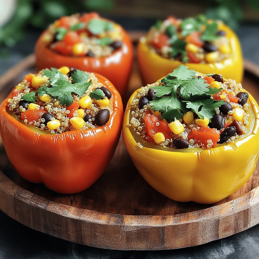 To make vegan stuffed peppers, gather the following fresh and wholesome ingredients: - 4 large bell peppers (any color) - 1 cup quinoa, rinsed - 2 cups vegetable broth - 1 can (15 oz) black beans, drained and rinsed - 1 cup corn (fresh, frozen, or canned) - 1 small red onion, diced - 2 cloves garlic, minced - 1 teaspoon ground cumin - 1 teaspoon smoked paprika - 1 teaspoon chili powder - Salt and black pepper to taste - 1 tablespoon extra virgin olive oil - 1 cup diced tomatoes (fresh or canned) - ½ cup fresh cilantro, chopped (optional, for garnish) These ingredients create a hearty and colorful dish. The bell peppers are the star, holding a delicious filling. Quinoa adds a nutty flavor and a good source of protein. Black beans and corn provide texture and sweetness. Onions and garlic bring depth to the mix. Spices like cumin and paprika offer warmth and smokiness. You can find the full recipe for these vegan stuffed peppers in the earlier section. Enjoy cooking! 1. Preheat and prepare baking dish: Start by preheating your oven to 375°F (190°C). This step is key to ensuring your peppers cook evenly. While the oven heats, grab a baking dish and set it aside. 2. Cooking the quinoa: In a medium saucepan, mix 1 cup of rinsed quinoa with 2 cups of vegetable broth. Bring the mixture to a boil. Then, lower the heat and cover it. Let it simmer for about 15 minutes until all the liquid is absorbed. Fluff the quinoa with a fork afterward. 3. Hollowing the bell peppers: Carefully cut the tops off 4 large bell peppers. Remove the seeds and membranes inside. Place the hollowed peppers cut-side up in your baking dish. This step prepares them for stuffing later. 1. Sautéing onions and garlic: In a large skillet, heat 1 tablespoon of extra virgin olive oil over medium heat. Add in the diced red onion. Cook for 3 to 4 minutes until it softens. Then, add 2 minced garlic cloves. Sauté for 1 more minute, stirring often. 2. Mixing in the filling ingredients: Now, stir in the cooked quinoa. Add 1 can of drained black beans, 1 cup of corn, and 1 cup of diced tomatoes. Season with 1 teaspoon each of ground cumin, smoked paprika, and chili powder. Add salt and black pepper to taste. Cook for 3 to 4 minutes until heated through. 3. Stuffing the bell peppers: Take the quinoa mixture and generously stuff each bell pepper. Press down lightly to pack the filling tightly. This ensures every bite is full of flavor. 1. Covering and baking: Cover the baking dish with aluminum foil. Place it in the preheated oven and bake for 25 minutes. This helps the peppers cook and become tender. 2. Finishing the bake without foil: After 25 minutes, carefully remove the foil. Bake for an extra 10 minutes. This allows the tops to brown slightly, creating a nice texture. Enjoy your vibrant vegan stuffed peppers! For the full recipe details, refer to [Full Recipe]. To make sure your peppers are tender, here are some tips: - Choose ripe peppers: Look for peppers that are firm and shiny. - Pre-bake the peppers: Bake them for 10 minutes before stuffing. This softens them. - Cover with foil: When baking, cover your dish with foil for part of the time. This traps steam and helps cook them evenly. For cooking quinoa, these practices work well: - Rinse it well: Rinsing removes the bitter saponins. This gives your quinoa a better taste. - Use the right ratio: For fluffy quinoa, use 2 cups of vegetable broth for each cup of quinoa. - Let it sit: After cooking, let quinoa sit covered for 5 minutes. Then fluff it with a fork for the best texture. When serving your stuffed peppers, consider these garnishes: - Fresh cilantro: A sprinkle adds color and flavor. - Avocado slices: Creamy avocado pairs well with the spices. - Lime wedges: A squeeze of lime brightens the dish. These sides pair nicely with stuffed peppers: - Simple salad: A green salad helps balance the meal. - Rice or quinoa: Serve extra grains for a filling meal. - Sautéed veggies: Lightly cooked veggies add color and nutrients. To make your dish stand out, try these serving platters: - Colorful ceramic plates: Bright colors make the peppers pop. - Wooden boards: A rustic look adds charm to the meal. - Bamboo platters: These are eco-friendly and stylish. For colorful plating techniques: - Layer ingredients: Stack peppers with quinoa and beans on top. - Drizzle sauces: A light drizzle of olive oil adds shine. - Use edible flowers: They add a fancy touch and extra color. Enjoy these tips to make your vegan stuffed peppers both tasty and beautiful! For the full recipe, check out the link! {{image_4}} You can change the grains in your stuffed peppers. Quinoa is great, but try rice or farro too. Brown rice gives a chewy texture. Farro adds a nutty flavor. Both options work really well. You can also swap out the veggies. Instead of black beans, use chickpeas for a different taste. You can add spinach or kale for extra greens. Mix and match according to what you have. Spices and herbs can really boost flavor. Try adding oregano or thyme for a fresh taste. A pinch of cayenne pepper can add some heat. You can also use fresh herbs like basil or parsley for a bright touch. Sauces can add depth too. A splash of soy sauce or tamari can enhance the umami. You might also drizzle some hot sauce on top for a kick. You can make these stuffed peppers in different ways. The oven is a classic method. It gives a nice, soft texture. Simply bake at 375°F until tender. If you want a quicker option, use an air fryer. It cooks them fast and keeps them crispy. Just set it to 360°F and check after 15 minutes. Grilling stuffed peppers is also a fun choice. It gives them a smoky flavor. Just wrap them in foil and grill until soft. Enjoy the charred taste! For the full recipe, check out the Vibrant Vegan Stuffed Peppers section. After cooking, let the stuffed peppers cool. Store them in a container. Cover the container tightly. Place it in the fridge. They stay fresh for about 3 to 5 days. For best taste, eat them sooner. If you want to freeze stuffed peppers, wrap each one in plastic wrap. Then, place them in a freezer bag. Make sure to squeeze out as much air as you can. This helps prevent freezer burn. They can last in the freezer for up to 3 months. To reheat, you can use the microwave or the oven. If using the microwave, place a pepper on a plate. Heat it for about 2 to 3 minutes. Check if it’s hot enough. You may need to add more time. If you prefer the oven, preheat it to 350°F (175°C). Place the stuffed peppers in a baking dish. Cover with foil to keep them moist. Bake for about 15 to 20 minutes. This method keeps the texture and flavor nice. In the fridge, your vegan stuffed peppers last about 3 to 5 days. If you freeze them, they stay good for up to 3 months. Remember, the longer they sit, the more they lose flavor. For the best taste, enjoy them fresh! Can I make vegan stuffed peppers in advance? Yes, you can make vegan stuffed peppers ahead of time. Prepare the filling and stuff the peppers. Store them in the fridge for up to two days. When ready to eat, just bake them. This saves time on busy days. What’s the best way to cut bell peppers for stuffing? To cut bell peppers, slice off the top. Remove the seeds and ribs inside. This gives you a nice bowl for stuffing. Make sure to keep the bottom intact for holding the filling. Are there other sauces I can use in the filling? Yes, you can use different sauces for the filling. Try salsa, marinara, or even a creamy tahini sauce. Each sauce adds a unique flavor. Feel free to mix and match based on your taste. Are vegan stuffed peppers healthy? Vegan stuffed peppers are healthy. They are packed with nutrients from vegetables, beans, and quinoa. This dish is also high in fiber and protein. It’s a great option for a balanced meal. What’s the nutritional content of this recipe? Each serving of vegan stuffed peppers has about 250 calories. It offers 10 grams of protein and 8 grams of fiber. They are low in fat and rich in vitamins. This makes them a smart choice for any meal. Can I make these gluten-free? Yes, vegan stuffed peppers can easily be gluten-free. Just use gluten-free grains like quinoa or rice. Check that any sauces you use are also gluten-free. This way, everyone can enjoy them. How can I make them spicier? To make stuffed peppers spicier, add chopped jalapeños or red pepper flakes to the filling. You can also use hot sauce in the mixture. Adjust the spice level to suit your taste. Enjoy the heat! In this post, you learned how to create tasty vegan stuffed peppers. We covered the ingredients, step-by-step instructions, and helpful tips. Variations let you switch up flavors and fillings. Remember to store leftovers properly to keep them fresh. You can customize this recipe with different grains or spices for your taste. Enjoy your cooking and experiment with these peppers!
