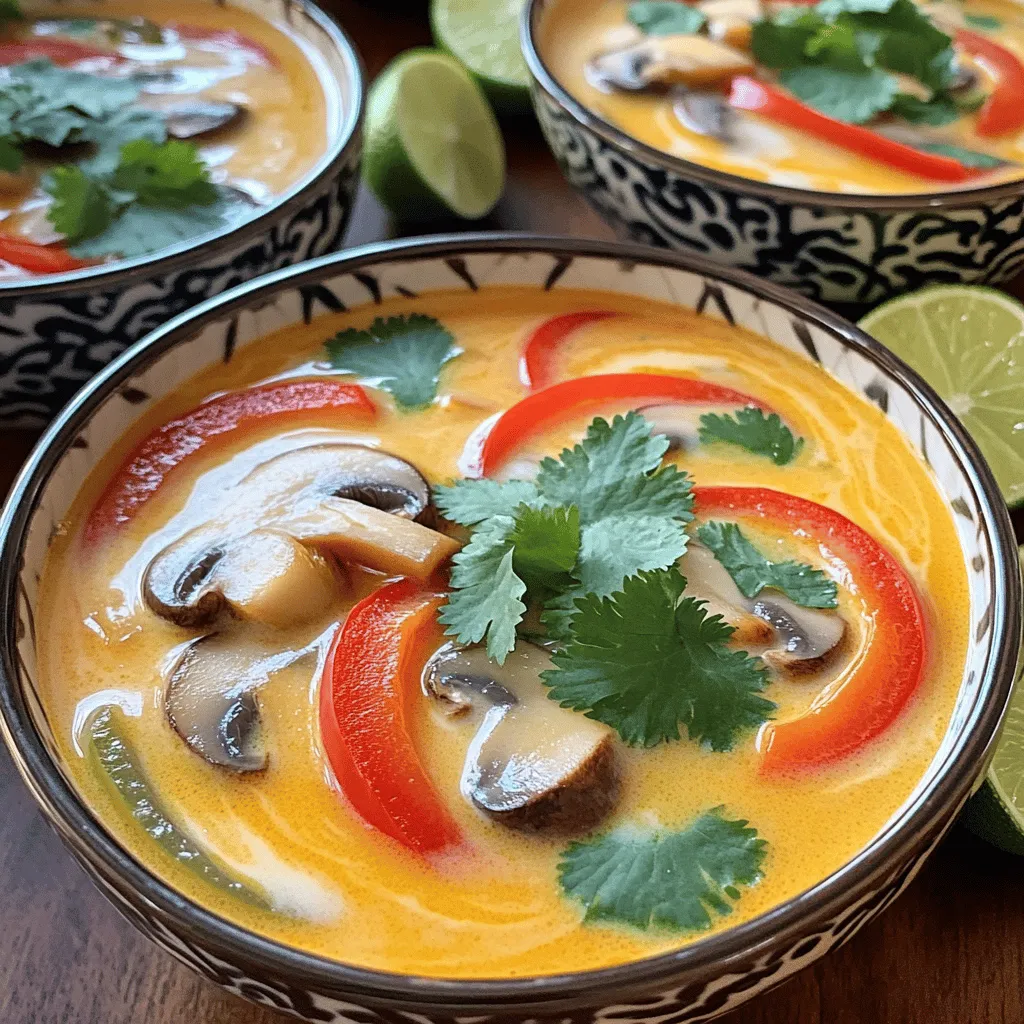 - 1 can (400ml) coconut milk - 2 cups vegetable broth - 1 cup mushrooms, sliced - 1 red bell pepper, julienned - 1 medium onion, thinly sliced Coconut milk serves as the creamy base of the soup. It brings a rich, sweet flavor that balances the spices. I always prefer using full-fat coconut milk for its smooth texture. Vegetable broth adds depth and warmth. It enhances the soup without overpowering other flavors. Fresh vegetables like mushrooms and red bell pepper add color and crunch. They provide a satisfying bite and make the soup more filling. - 2 tablespoons red curry paste - 1 tablespoon soy sauce - Juice of 1 lime Red curry paste is the star of this dish. It brings a spicy kick and a vibrant color. I suggest using a good-quality paste for the best flavor. Soy sauce adds umami and a touch of saltiness. Lime juice brightens the soup, cutting through the richness of the coconut milk. It adds a fresh, zesty note that makes each sip delightful. - Fresh cilantro - Salt and pepper Fresh cilantro is key for garnishing. It adds a burst of flavor and a pop of green color. I love adding a generous handful to serve. Salt and pepper are essential for final seasoning. They enhance all the flavors in the soup. Adjust them to your taste for the perfect balance. For the Full Recipe, follow the steps and enjoy a bowl of comfort that warms the soul. First, heat 1 tablespoon of olive oil in a large pot over medium heat. Add the thinly sliced onion. Sauté for 3-4 minutes until the onion becomes soft and clear. Next, add 2 minced garlic cloves and 1-inch grated ginger. Cook for 1 more minute. This step fills your kitchen with a warm aroma. Now, stir in 2 tablespoons of red curry paste. Mix it well with the sautéed onion, garlic, and ginger. Let it cook for 2 minutes. This helps release the rich flavors of the curry paste. Next, pour in 2 cups of vegetable broth and 1 can (400ml) of coconut milk. Stir it all together. This will create a creamy soup base. Turn up the heat slightly and bring the soup to a gentle simmer. Once simmering, add 1 cup of sliced mushrooms and 1 julienned red bell pepper. Cook for 5-7 minutes, until the veggies are tender yet bright. This keeps the soup colorful and fresh. Now, season the soup with 1 tablespoon of soy sauce and the juice of 1 lime. Add salt and pepper to taste. This step balances the flavors. Once you adjust the taste, remove the pot from heat. Ladle the soup into bowls. Garnish with fresh cilantro for a burst of color. Enjoy this flavorful comfort in a bowl. For the full recipe, check the complete instructions. Sautéing aromatics is key to great flavor. Start with onion, garlic, and ginger. Heat olive oil in your pot. Once hot, add the onion. Cook for about 3-4 minutes until soft. This step builds a strong base for your soup. When you add garlic and ginger, cook for just one minute. You want them fragrant but not burnt. Then, mix in the red curry paste. Let it sauté for about 2 minutes. This makes the spices bloom and adds depth. Achieving the perfect simmer is crucial. After adding coconut milk and broth, raise the heat slightly. Look for gentle bubbles. A good simmer helps meld the flavors without overcooking the veggies. Don't rush this step; it makes all the difference. Balancing flavors with lime juice is simple but vital. Add fresh juice at the end for brightness. A splash of lime cuts through the richness of the coconut milk. It adds a fresh, zesty kick that lifts the entire dish. Choosing the right curry paste is also important. Red curry paste gives a warm, spicy flavor. If you prefer less heat, look for milder options. Each brand may taste different, so pick one you love. This choice can transform your soup from good to great. For more tips, check out the Full Recipe and get cooking! {{image_4}} You can add protein to your Thai coconut soup in many ways. Tofu is a great choice for a vegan option. It absorbs flavors well and adds a nice texture. For meat lovers, chicken is a classic choice. Simply dice it and cook it with the sautéed vegetables. Shrimp also works wonderfully. Add shrimp in the last few minutes of cooking. This keeps them tender and juicy. Each protein brings a unique taste and texture to the soup. If you want a dairy-free option, use nut milk or cream. Almond milk or coconut cream can replace regular cream. They add richness without dairy. This swap keeps the soup creamy and delicious. Just make sure to adjust the seasoning a bit, as nut milks can be mild. This way, you maintain the bold flavors of the soup while keeping it light. Adjusting the spice level can make a big difference. If you prefer a milder soup, use less red curry paste. Start with one tablespoon and taste as you go. On the other hand, if you love heat, add more paste or crushed red pepper flakes. This flexibility allows you to enjoy the soup just how you like it. You can create a comforting bowl that suits your taste buds perfectly. For the full recipe, check out the Full Recipe section! To store leftovers, let the soup cool first. Use an airtight container. It will last up to three days in the fridge. Make sure to label the container with the date. This helps you keep track of freshness. You can freeze Thai coconut soup if you want to store it longer. Use freezer-safe containers. Leave some space at the top for expansion. The soup can freeze well for up to three months. Just remember to label each container with the date. When you reheat the soup, do it gently. You can use a pot on the stove or a microwave. If using a pot, heat on low. Stir often to keep it from sticking. For the microwave, use short intervals and stir in between. This helps keep the flavor and texture nice. Enjoy your delicious soup! For more details, check the Full Recipe. Thai Coconut Soup, also called Tom Kha, comes from Thailand. This dish shows how Thai people use fresh herbs and spices. In Thailand, food is more than just a meal; it’s a way to bring people together. The soup varies by region, with some adding chicken or shrimp, while others stick to vegetables. Each version reflects local tastes and traditions. Yes, you can make this soup vegan! Use vegetable broth instead of chicken broth. For the protein, add tofu or chickpeas. The coconut milk gives it a rich flavor, while the red curry paste adds spice. You won't miss the meat at all! This way, you keep the taste without using animal products. To thicken your soup, you have a few options. You can mash some of the cooked mushrooms. Another easy method is to add a slurry of cornstarch and water. Just mix one tablespoon of cornstarch with two tablespoons of water. Stir it into the soup and let it cook for a few minutes. You can also let it simmer longer to reduce the liquid. These methods keep your soup creamy and delicious. For the full recipe, check out the details above. Enjoy making your Thai Coconut Soup! This blog post covered the key ingredients for Thai Coconut Soup, focusing on the essential elements like coconut milk, broth, and vegetables. I walked you through the cooking steps, including sautéing and combining flavors. I shared tips for enhancing taste and offered variations for proteins and spice levels. Remember, adjusting the ingredients lets you create a meal that fits your taste. Enjoy making this soup and feel free to experiment with different flavors. Your kitchen adventure awaits!
