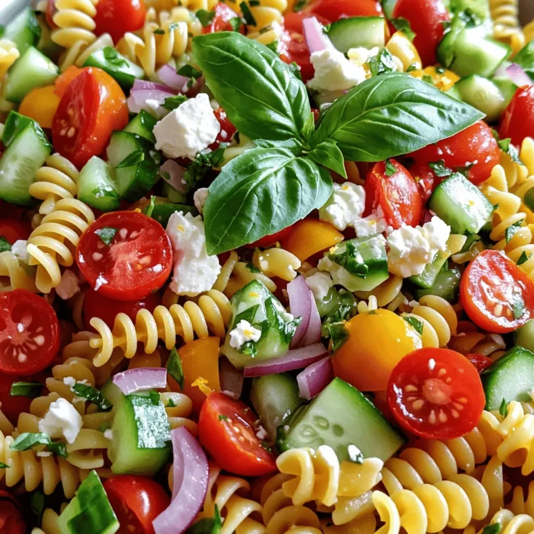 To make a tasty Lemon Basil Pasta Salad, gather these ingredients: - 8 oz (about 225g) rotini or fusilli pasta - 1 cup cherry tomatoes, halved - 1 cup cucumber, diced - 1/2 cup red bell pepper, diced - 1/4 cup red onion, finely chopped - 1/2 cup fresh basil leaves, chopped - 1/4 cup feta cheese, crumbled - 1/4 cup extra virgin olive oil - 3 tablespoons fresh lemon juice - 1 teaspoon lemon zest - Salt and freshly cracked pepper to taste You can swap some ingredients if needed. Here are some ideas: - Use penne or bowtie pasta instead of rotini or fusilli. - Swap cherry tomatoes for halved grape tomatoes or diced regular tomatoes. - Replace red bell pepper with yellow or green bell pepper for a different taste. - If you don’t have feta cheese, try goat cheese or omit it for a dairy-free option. - For a lighter dressing, use Greek yogurt instead of olive oil. Add these items to make your pasta salad even better: - Grilled chicken, shrimp, or chickpeas for added protein. - Avocado for a creamy texture and rich flavor. - Olives for a briny kick. - Nuts like pine nuts or walnuts for crunch. - Fresh herbs like parsley or dill to brighten the dish. You can find the Full Recipe to guide you through the steps. Enjoy creating your zesty delight! To start, cook your pasta. Boil water in a large pot. Add a pinch of salt and your pasta. I like rotini or fusilli for this recipe. Cook it for about 8 to 10 minutes until it’s al dente. When it’s done, drain it in a colander. Rinse it under cold water to stop the cooking. This keeps the pasta firm and fresh. Set it aside. A few tips can help you cook perfect pasta every time. First, always use a large pot with plenty of water. This gives the pasta room to move. Salt the water well. It should taste like the sea. This adds flavor right from the start. Stir the pasta a few times while cooking. This helps prevent sticking. Finally, taste it before the time is up. This way, you can catch it at the right moment. Now, let’s mix the salad. In a big bowl, combine the cooled pasta with halved cherry tomatoes, diced cucumber, red bell pepper, and chopped red onion. Gently stir to mix everything. Next, make the dressing. In a small bowl, whisk together extra virgin olive oil, fresh lemon juice, lemon zest, salt, and pepper. Mix until it’s well combined. Drizzle this dressing over your pasta and veggies. Toss gently to coat everything evenly. Now, fold in fresh basil leaves and crumbled feta cheese. Do this lightly so the feta stays whole. Cover the bowl with plastic wrap and put it in the fridge for at least 30 minutes. This lets the flavors blend. Before you serve, give it a gentle toss again. Taste and adjust with more salt, pepper, or lemon juice if you like. For the full recipe, check out the earlier section. Enjoy! To boost the taste of your lemon basil pasta salad, focus on fresh herbs. Fresh basil gives a vibrant kick. You can also add parsley for a deeper flavor. Try using roasted garlic for a mellow, sweet taste. Lemon zest adds brightness, while feta cheese brings a creamy tang. Always season your salad with salt and pepper before serving. This helps all the flavors pop. Using fresh ingredients makes a big difference. Choose ripe cherry tomatoes for sweetness. Pick cucumbers that are firm and crisp. Red bell peppers should be shiny without blemishes. Fresh basil is key; look for bright green leaves. When it comes to olive oil, choose high-quality extra virgin for the best flavor. These fresh choices will elevate your dish. One common mistake is overcooking the pasta. Aim for al dente, which gives the salad a nice bite. Another mistake is not cooling the pasta before mixing. Rinse it under cold water to stop the cooking. This keeps the pasta from getting mushy. Lastly, don’t skip the resting time. Letting the salad chill allows the flavors to meld. This step is vital for a delicious outcome. {{image_4}} You can easily make this pasta salad vegetarian by skipping the feta cheese. To make it vegan, replace the feta with a plant-based cheese or some avocado. Both options keep the dish creamy and flavorful. You can also add more veggies like spinach or artichokes for extra nutrients. This way, you enjoy a fresh, zesty salad that fits your diet. If you want extra protein in your salad, consider adding grilled chicken or shrimp. Both options pair well with the lemon and basil. For a meat-free protein boost, chickpeas or black beans work great too. They add texture and make the salad more filling. Mix in your choice of protein after tossing the salad with the dressing for the best results. You can change this salad with the seasons. In summer, try adding fresh corn or diced avocados. In fall, consider roasted butternut squash or walnuts for crunch. Each seasonal addition brings new flavors and keeps the dish exciting. Don’t be afraid to experiment! Use the full recipe as a base and let your creativity shine. To keep your Lemon Basil Pasta Salad fresh, store it in an airtight container. This helps seal in flavors and moisture. Make sure the salad is cool before sealing. If you add extra dressing, keep it separate until serving. This prevents the pasta from getting soggy. For longer freshness, use fresh ingredients. Always wash and dry herbs like basil before mixing. If possible, avoid adding salt until serving. Salt draws out moisture, which can make the salad less crisp. You can also layer ingredients in the container. Place heavier items at the bottom and lighter ones on top. Freezing pasta salad is not ideal. The texture of the pasta can change once thawed. If you must freeze it, leave out the cucumbers and fresh herbs. They do not freeze well. Instead, store the salad without these ingredients. When ready to eat, thaw it in the fridge overnight and add fresh items before serving. For a full recipe and more tips, check out the [Full Recipe]. To make Lemon Basil Pasta Salad, follow these steps closely: 1. Cook 8 oz of rotini or fusilli pasta in boiling water with a pinch of salt for 8-10 minutes. 2. Drain the pasta and rinse it under cold water to cool. 3. In a big bowl, mix the cooled pasta with 1 cup of halved cherry tomatoes, 1 cup of diced cucumber, 1/2 cup of diced red bell pepper, and 1/4 cup of finely chopped red onion. 4. Whisk together 1/4 cup of extra virgin olive oil, 3 tablespoons of fresh lemon juice, 1 teaspoon of lemon zest, salt, and pepper in a small bowl. 5. Pour the dressing over the pasta and gently toss to coat. 6. Fold in 1/2 cup of chopped fresh basil and 1/4 cup of crumbled feta cheese. 7. Let it chill in the fridge for at least 30 minutes to blend the flavors. This process gives you a fresh and zesty dish that bursts with flavor. Yes, you can prepare this salad in advance. Making it a few hours ahead or even a day before can enhance the flavors. Just remember to store it in an airtight container in the fridge. This helps keep everything fresh. Lemon Basil Pasta Salad pairs well with several dishes. Here are some great options: - Grilled chicken or shrimp for added protein. - A side of crusty bread or baguette. - Fresh greens topped with light vinaigrette. - Charcuterie boards with assorted cheeses and meats. These sides can make your meal balanced and enjoyable. To adjust the recipe for different serving sizes, simply change the amount of pasta. If you need to serve more people, double or triple the ingredients. For fewer servings, cut the recipe in half. Just keep the same ratios for the veggies and dressing. Absolutely! This pasta salad is perfect for meal prep. It stays fresh for 3-5 days in the fridge. Just pack it in containers for easy grab-and-go meals. It’s a healthy option for lunch or dinner during the week. Check out the Full Recipe for more details! Lemon Basil Pasta Salad is fresh, tasty, and easy to make. We explored the key ingredients, cooking steps, and tips to enhance flavor. I shared variations like vegetarian options and ways to store it properly. Remember, keeping salad fresh matters for the best taste. So try this recipe today. Enjoy it as a side dish or a meal. You’ll love how it brightens your table!