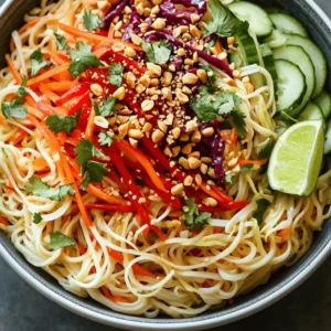To make a spicy Thai noodle salad, you need some key ingredients. Start with: - 200g rice noodles - 1 cup red bell pepper, julienned - 1 cup carrot, julienned - 1 cup cucumber, julienned - 1/2 cup red cabbage, thinly sliced - 1/2 cup fresh cilantro, chopped - 1/4 cup roasted peanuts, crushed - 2 green onions, chopped These ingredients create a colorful and crunchy base for your salad. Fresh produce gives this salad its bright flavors. Use: - Red bell pepper for sweetness - Carrots for a crunchy texture - Cucumber for refreshing coolness - Red cabbage for a slight crunch and color - Fresh cilantro for a burst of herbal flavor These veggies not only taste great but also add nutrition and color. Now, let’s talk about the condiments and spices that make the salad sing. Gather: - 1 tablespoon sesame oil - 3 tablespoons soy sauce - 2 tablespoons freshly squeezed lime juice - 1 tablespoon brown sugar - 1 teaspoon chili paste (adjust for heat) - Salt and pepper to taste These ingredients create a rich and tangy dressing that ties everything together. Each adds depth and flavor, making your salad stand out. For the complete preparation details, check the Full Recipe. Start by boiling a large pot of water. Once it bubbles, add 200g of rice noodles. Cook them based on the package directions, usually about 5 to 7 minutes. After they soften, drain them well. Rinse under cold water to stop the cooking. Set them aside to cool completely. While the noodles cook, prepare your veggies. Grab a sharp knife or julienne peeler. Julienne 1 cup of red bell pepper and 1 cup of carrot. Slice 1 cup of cucumber and 1/2 cup of red cabbage into thin strips. This helps with texture and flavor in each bite. In a small bowl, mix together sesame oil, soy sauce, lime juice, brown sugar, and chili paste. Use 1 tablespoon of sesame oil and 3 tablespoons of soy sauce. For lime juice, use 2 tablespoons. Add 1 tablespoon of brown sugar and 1 teaspoon of chili paste. Whisk this blend well until the sugar dissolves. Taste the dressing and adjust with salt and pepper if needed. In a large salad bowl, combine the cooled noodles with the prepared vegetables. Add the chopped cilantro and green onions. Drizzle the dressing over the mixture. Use tongs or two forks to gently toss everything together. Make sure all the ingredients are well coated in that rich dressing. Just before serving, sprinkle 1/4 cup of crushed roasted peanuts on top. This adds a nice crunch and nutty flavor. Allow the salad to sit for about 10 minutes at room temperature. This resting time enhances the flavors. Serve it in a large bowl or individual plates. Garnish with extra cilantro and lime wedges. Guests can squeeze fresh lime juice before enjoying. For the full recipe, check out the details above! To make your noodles just right, cook them in boiling water for about 5-7 minutes. This softens the noodles perfectly. Rinse them under cold water right after cooking. This halts the cooking and keeps them from sticking. For best results, use rice noodles. They absorb flavors well and add a nice chew. You control the heat in this salad! Start with one teaspoon of chili paste. Mix it into the dressing and taste. If you want more spice, add more chili paste a little at a time. Remember, you can always add more heat, but it's hard to take it out! Keep some chili paste on the side for guests who like it spicy. If you have leftovers, store them in an airtight container. This helps keep the salad fresh. Place it in the fridge and enjoy it within two days. The noodles may soak up the dressing, so you might want to add a bit more dressing when you serve it again. Enjoy this fresh and tasty salad later with a little extra zing! {{image_4}} You can add protein to your Spicy Thai Noodle Salad for extra flavor and nutrition. Chicken, shrimp, or tofu are great choices. - Chicken: Use grilled or poached chicken breast. Slice it into thin strips and mix it in with the noodles. - Shrimp: Cook shrimp in a pan with a bit of oil. Once they are pink and firm, toss them into the salad. - Tofu: For a vegan option, use firm tofu. Press it to remove water, then cube and pan-fry until golden. Adding protein makes this salad a full meal. Feel free to swap out vegetables based on your taste or what you have at home. The salad is very flexible. - Bell Peppers: You can use yellow or green bell peppers instead of red. - Snap Peas: These add a nice crunch and fresh flavor. - Radishes: They give a peppery bite and vibrant color. Experiment with textures and colors to keep your salad fresh and exciting. Making the Spicy Thai Noodle Salad gluten-free is simple. Just use rice noodles, which are naturally gluten-free. For a vegan version, ensure the soy sauce is also gluten-free or use tamari. - Replace honey or brown sugar: Use coconut sugar or maple syrup. These small changes keep the dish tasty and inclusive for everyone. For the full recipe, refer to the instructions provided earlier. To keep your Spicy Thai Noodle Salad fresh, store it in an airtight container. This will prevent moisture from getting in. Place parchment paper between the salad and the lid. This helps absorb extra moisture and keeps the salad crisp. If you have leftover dressing, keep it separate. This way, you can dress the salad right before serving. Your salad can last about 3 days in the fridge when stored properly. After that, the noodles may become soggy, and the veggies might lose their crunch. Always check for signs of spoilage like off smells or a slimy texture before eating. This salad is best enjoyed cold, so reheating is not necessary. However, if you prefer warm noodles, quickly toss them in a pan over low heat. Add a splash of soy sauce or sesame oil to keep them moist. Be careful not to overheat, or you might lose the salad's fresh taste. You can find the full recipe in the earlier section. Enjoy your cooking! A Thai Noodle Salad gets its spice from chili paste. This paste adds heat and depth. You can control the spice by adjusting the amount you use. If you like it hot, add more! If you prefer mild, use less. Fresh herbs and lime juice balance the heat, creating a vibrant dish. Yes, you can prepare this salad in advance. Make the noodles and chop the veggies ahead of time. Keep the dressing separate until you are ready to serve. This way, the salad stays fresh and crunchy. Toss everything together just before serving. Rice noodles are the best choice for Thai salads. They are light and absorb flavors well. You can also use egg noodles if you want a different texture. Cook the noodles according to the package instructions for the best results. If you don’t have sesame oil, you can use olive oil or peanut oil. Both oils have a nice flavor and work well in this salad. However, they will change the taste a bit. If you want a nutty flavor, try using toasted peanut oil. For the full recipe, check the recipe section above! You learned about making a tasty Spicy Thai Noodle Salad. We covered key ingredients, from fresh produce to essential sauces. Step-by-step, you saw how to cook the noodles, prep the veggies, and mix a great dressing. You now know tips to perfect texture and spice. Plus, we explored fun variations and safe storage tips. As you dive in, trust your taste. Enjoy experimenting with flavors. Make the dish your own. Each bite will bring joy to your table.