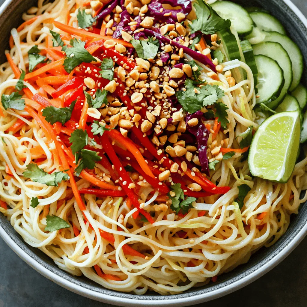 To make a spicy Thai noodle salad, you need some key ingredients. Start with: - 200g rice noodles - 1 cup red bell pepper, julienned - 1 cup carrot, julienned - 1 cup cucumber, julienned - 1/2 cup red cabbage, thinly sliced - 1/2 cup fresh cilantro, chopped - 1/4 cup roasted peanuts, crushed - 2 green onions, chopped These ingredients create a colorful and crunchy base for your salad. Fresh produce gives this salad its bright flavors. Use: - Red bell pepper for sweetness - Carrots for a crunchy texture - Cucumber for refreshing coolness - Red cabbage for a slight crunch and color - Fresh cilantro for a burst of herbal flavor These veggies not only taste great but also add nutrition and color. Now, let’s talk about the condiments and spices that make the salad sing. Gather: - 1 tablespoon sesame oil - 3 tablespoons soy sauce - 2 tablespoons freshly squeezed lime juice - 1 tablespoon brown sugar - 1 teaspoon chili paste (adjust for heat) - Salt and pepper to taste These ingredients create a rich and tangy dressing that ties everything together. Each adds depth and flavor, making your salad stand out. For the complete preparation details, check the Full Recipe. Start by boiling a large pot of water. Once it bubbles, add 200g of rice noodles. Cook them based on the package directions, usually about 5 to 7 minutes. After they soften, drain them well. Rinse under cold water to stop the cooking. Set them aside to cool completely. While the noodles cook, prepare your veggies. Grab a sharp knife or julienne peeler. Julienne 1 cup of red bell pepper and 1 cup of carrot. Slice 1 cup of cucumber and 1/2 cup of red cabbage into thin strips. This helps with texture and flavor in each bite. In a small bowl, mix together sesame oil, soy sauce, lime juice, brown sugar, and chili paste. Use 1 tablespoon of sesame oil and 3 tablespoons of soy sauce. For lime juice, use 2 tablespoons. Add 1 tablespoon of brown sugar and 1 teaspoon of chili paste. Whisk this blend well until the sugar dissolves. Taste the dressing and adjust with salt and pepper if needed. In a large salad bowl, combine the cooled noodles with the prepared vegetables. Add the chopped cilantro and green onions. Drizzle the dressing over the mixture. Use tongs or two forks to gently toss everything together. Make sure all the ingredients are well coated in that rich dressing. Just before serving, sprinkle 1/4 cup of crushed roasted peanuts on top. This adds a nice crunch and nutty flavor. Allow the salad to sit for about 10 minutes at room temperature. This resting time enhances the flavors. Serve it in a large bowl or individual plates. Garnish with extra cilantro and lime wedges. Guests can squeeze fresh lime juice before enjoying. For the full recipe, check out the details above! To make your noodles just right, cook them in boiling water for about 5-7 minutes. This softens the noodles perfectly. Rinse them under cold water right after cooking. This halts the cooking and keeps them from sticking. For best results, use rice noodles. They absorb flavors well and add a nice chew. You control the heat in this salad! Start with one teaspoon of chili paste. Mix it into the dressing and taste. If you want more spice, add more chili paste a little at a time. Remember, you can always add more heat, but it's hard to take it out! Keep some chili paste on the side for guests who like it spicy. If you have leftovers, store them in an airtight container. This helps keep the salad fresh. Place it in the fridge and enjoy it within two days. The noodles may soak up the dressing, so you might want to add a bit more dressing when you serve it again. Enjoy this fresh and tasty salad later with a little extra zing! {{image_4}} You can add protein to your Spicy Thai Noodle Salad for extra flavor and nutrition. Chicken, shrimp, or tofu are great choices. - Chicken: Use grilled or poached chicken breast. Slice it into thin strips and mix it in with the noodles. - Shrimp: Cook shrimp in a pan with a bit of oil. Once they are pink and firm, toss them into the salad. - Tofu: For a vegan option, use firm tofu. Press it to remove water, then cube and pan-fry until golden. Adding protein makes this salad a full meal. Feel free to swap out vegetables based on your taste or what you have at home. The salad is very flexible. - Bell Peppers: You can use yellow or green bell peppers instead of red. - Snap Peas: These add a nice crunch and fresh flavor. - Radishes: They give a peppery bite and vibrant color. Experiment with textures and colors to keep your salad fresh and exciting. Making the Spicy Thai Noodle Salad gluten-free is simple. Just use rice noodles, which are naturally gluten-free. For a vegan version, ensure the soy sauce is also gluten-free or use tamari. - Replace honey or brown sugar: Use coconut sugar or maple syrup. These small changes keep the dish tasty and inclusive for everyone. For the full recipe, refer to the instructions provided earlier. To keep your Spicy Thai Noodle Salad fresh, store it in an airtight container. This will prevent moisture from getting in. Place parchment paper between the salad and the lid. This helps absorb extra moisture and keeps the salad crisp. If you have leftover dressing, keep it separate. This way, you can dress the salad right before serving. Your salad can last about 3 days in the fridge when stored properly. After that, the noodles may become soggy, and the veggies might lose their crunch. Always check for signs of spoilage like off smells or a slimy texture before eating. This salad is best enjoyed cold, so reheating is not necessary. However, if you prefer warm noodles, quickly toss them in a pan over low heat. Add a splash of soy sauce or sesame oil to keep them moist. Be careful not to overheat, or you might lose the salad's fresh taste. You can find the full recipe in the earlier section. Enjoy your cooking! A Thai Noodle Salad gets its spice from chili paste. This paste adds heat and depth. You can control the spice by adjusting the amount you use. If you like it hot, add more! If you prefer mild, use less. Fresh herbs and lime juice balance the heat, creating a vibrant dish. Yes, you can prepare this salad in advance. Make the noodles and chop the veggies ahead of time. Keep the dressing separate until you are ready to serve. This way, the salad stays fresh and crunchy. Toss everything together just before serving. Rice noodles are the best choice for Thai salads. They are light and absorb flavors well. You can also use egg noodles if you want a different texture. Cook the noodles according to the package instructions for the best results. If you don’t have sesame oil, you can use olive oil or peanut oil. Both oils have a nice flavor and work well in this salad. However, they will change the taste a bit. If you want a nutty flavor, try using toasted peanut oil. For the full recipe, check the recipe section above! You learned about making a tasty Spicy Thai Noodle Salad. We covered key ingredients, from fresh produce to essential sauces. Step-by-step, you saw how to cook the noodles, prep the veggies, and mix a great dressing. You now know tips to perfect texture and spice. Plus, we explored fun variations and safe storage tips. As you dive in, trust your taste. Enjoy experimenting with flavors. Make the dish your own. Each bite will bring joy to your table.
