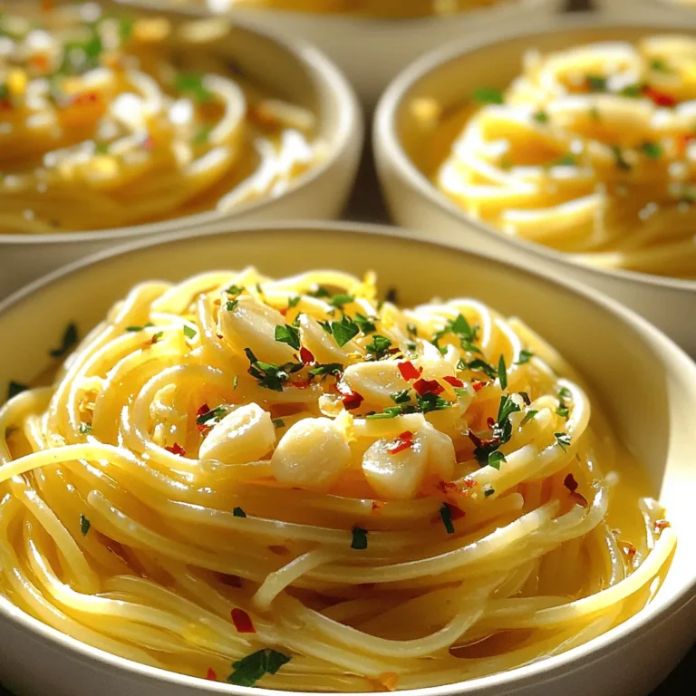 - 400g spaghetti - 6 large cloves of garlic, thinly sliced - 1/2 cup high-quality extra virgin olive oil - 1 teaspoon red pepper flakes - 1/4 cup fresh parsley, finely chopped - Salt, to taste - Freshly grated Parmesan cheese (optional) - Zest of 1 lemon When you cook Spaghetti Aglio e Olio, fresh ingredients matter a lot. - Choosing quality garlic: Look for firm, unblemished cloves. Fresh garlic has a strong scent and will give your dish the best flavor. Avoid any that feel soft or sprouted. - Importance of extra virgin olive oil: Use a high-quality extra virgin olive oil. This oil should have a rich taste. It makes your pasta shine and adds depth to the dish. - Fresh vs. dried herbs: Always go for fresh parsley when you can. Fresh herbs have a bright, lively taste. Dried herbs can work in a pinch, but they won't give you the same kick. Getting these ingredients right makes all the difference. For the full recipe, check out the Garlic Lover's Spaghetti Aglio e Olio. First, fill a large pot with water and add salt. Use about 1 tablespoon of salt for every 4 quarts of water. Bring this water to a rolling boil. Once boiling, add the spaghetti. Cook it for about 8-10 minutes. You want it al dente, which means it should still have a slight bite. Before draining, save about 1 cup of the pasta water. This water is starchy and will help the sauce stick to the spaghetti. Heat a large skillet over medium heat. Add the extra virgin olive oil. It should warm up but not smoke. Once the oil is warm, add the thinly sliced garlic. Sauté the garlic for about 2 minutes. Stir often until it turns golden brown. Watch closely because burnt garlic can ruin the dish. If it burns, you must start over. Now it's time to mix the pasta and sauce. Carefully add the drained spaghetti to the skillet. Use tongs to toss it with the garlic oil. If the pasta looks dry, add some of the reserved pasta water. Do this slowly, a little at a time, until the sauce coats the spaghetti nicely. The pasta should glisten with the garlic oil. Enjoy the flavors coming together in this simple yet delicious dish. To get the best garlic flavor, start with fresh garlic. Slice it thin for even cooking. Avoid burnt garlic by cooking it slowly on medium heat. If it turns dark, it may taste bitter. You can also adjust spice levels with red pepper flakes. Start with a teaspoon and add more if you like it hotter. Garnishing your dish makes it look great. Chop some fresh parsley and sprinkle it on top. You can add lemon zest for a pop of color and flavor. For sides, a simple green salad works well. A glass of crisp white wine pairs nicely, too. If your sauce is too oily, try adding more pasta water. This can help balance the oiliness. If your pasta gets sticky, toss it with a bit of olive oil while it's still warm. This keeps it separate and helps it stay saucy. For the complete recipe, check out the Full Recipe. {{image_4}} You can add protein like shrimp or chicken for a hearty twist. Just cook the protein first, then mix it in with the pasta. This step makes the dish more filling. Another option is to add vegetables such as spinach or broccoli. These greens cook quickly and add great flavor and color. In Italy, every region has its own way to make Aglio e Olio. Some use more garlic, while others add more oil. In Naples, you might find it spicier, thanks to local chili peppers. Each area has unique ingredients that reflect its culture and traditions. This variety makes exploring Aglio e Olio an exciting culinary adventure. For those needing gluten-free options, there are great gluten-free spaghetti brands. They cook well and taste delicious. If you want a vegan dish, skip the cheese and use more veggies. You can also add tofu or chickpeas for protein. Adapting recipes lets everyone enjoy a tasty meal without losing flavor. After enjoying your spaghetti, store leftovers in the fridge. Use an airtight container. This keeps the pasta fresh and tasty. Your spaghetti will last for about three days in the fridge. To reheat spaghetti, use a skillet over low heat. Add a splash of olive oil or a little pasta water. This helps keep the flavor rich. Stir often to prevent sticking. Avoid using the microwave, as it can dry out the pasta. If you want to freeze spaghetti, use a freezer-safe container. Make sure to leave some space for the pasta to expand. You can freeze it for up to three months. To thaw, place it in the fridge overnight. Reheat in a skillet with a bit of oil to keep it moist. Check the [Full Recipe] for more tips! Aglio e Olio means "garlic and oil" in Italian. This dish showcases these two main ingredients. The garlic is sliced and sautéed in olive oil. The result is a rich, fragrant sauce that coats the pasta. Yes, you can prep some parts ahead of time. Cook the spaghetti and sauce separately. Store them in the fridge for up to two days. When ready to eat, just combine and heat. This dish pairs well with simple side salads or crusty bread. You might enjoy a glass of white wine or sparkling water alongside it. These options enhance the meal without overpowering the flavors. For a complete guide on how to make this dish, check out the Garlic Lover's Spaghetti Aglio e Olio 🧄. In this post, we explored how to make Spaghetti Aglio e Olio. You learned about the key ingredients and tips to pick the freshest items. I detailed each cooking step and shared tips for perfecting the dish. We also discussed variations and how to store leftovers. Aglio e Olio is simple yet tasty. With practice, you will master it. Enjoy your cooking and share your results with others!