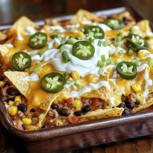 Here is what you need for the Loaded Nacho Casserole: - 1 bag (12 ounces) tortilla chips - 1 pound ground beef (or turkey for a lighter option) - 1 packet taco seasoning (about 1 ounce) - 1 can (15 ounces) black beans, thoroughly rinsed and drained - 1 cup corn kernels (you can use fresh, frozen, or canned) - 1 cup diced tomatoes (choose canned or fresh, depending on availability) - 1 cup shredded cheddar cheese - 1 cup shredded Monterey Jack cheese - 1/2 cup sour cream - 1/4 cup sliced jalapeños (you can use pickled for added flavor or fresh for a crunchy texture) - 2 green onions, finely chopped - Fresh cilantro for garnish (optional, but adds nice color and flavor) - Salt and pepper to taste You can make your nacho casserole even better with some fun toppings. Try adding: - Salsa for a zesty kick - Guacamole for a creamy touch - Extra cheese for the cheese lovers - Sliced olives for added flavor - Fresh avocado slices for freshness If you don't have something on hand, here are some easy swaps: - Use ground chicken or pork instead of beef or turkey. - Swap black beans with pinto beans or kidney beans. - Use diced bell peppers instead of tomatoes for crunch. - Try different cheeses like pepper jack for spice. - Replace sour cream with Greek yogurt for a healthier option. Feel free to mix and match! This recipe is all about your taste. First, set your oven to preheat at 350°F (175°C). This step ensures your casserole cooks evenly and turns out perfectly. Next, grab a large skillet. Add 1 pound of ground beef or turkey. Cook it over medium heat. Stir it until the meat is brown, which takes about 6-8 minutes. After that, drain any extra fat. This keeps the casserole from being greasy. Now, open your taco seasoning packet. Mix it with the cooked meat, following the instructions on the packet. Usually, you need to add some water. Let it simmer for a few minutes so the flavors blend well. Now it's time to build your casserole. First, lightly grease a 9x13-inch baking dish. Start with half of the tortilla chips. Spread them evenly across the bottom. This forms a strong base. Next, take your seasoned meat and spread it over the chips. Then, add black beans, corn, and diced tomatoes on top. Make sure to distribute them evenly for balanced flavors. Now sprinkle half of the shredded cheddar and Monterey Jack cheeses over the mixture. This creates that gooey cheese experience. For the final layers, place the rest of the tortilla chips on top. Cover as much surface as you can. Then, add the remaining meat mixture and top with the rest of the cheese. Finally, put the dish in the oven. Bake it for 20-25 minutes. The cheese should melt, bubble, and turn slightly golden. Once done, take it out and let it cool for about 5 minutes. Add sour cream, jalapeños, and green onions on top. You can also sprinkle fresh cilantro for extra flavor. Enjoy this tasty Loaded Nacho Casserole warm! To make the best Loaded Nacho Casserole, keep these tips in mind: - Layering: Start with a solid base of chips. This keeps everything together. - Cheese: Use a mix of cheeses for great flavor. Cheddar and Monterey Jack work well. - Baking Time: Keep an eye on your casserole. Bake until the cheese is bubbly and golden. - Let It Rest: After baking, let the casserole cool for about 5 minutes. This helps it set. Here are some common mistakes to watch out for: - Too Many Chips: Overloading on chips can make the dish too dry. Use just enough for a good base. - Skipping Seasoning: Don’t forget the taco seasoning. It adds essential flavor. - Not Rinsing Beans: Always rinse black beans. This removes excess salt and keeps the dish fresh. - Ignoring Heat: If you want heat, use fresh jalapeños or add hot sauce. Don’t skip this step if you love spice! You can easily change the flavors in your casserole: - Meat Options: Use ground beef, turkey, or even chicken. Each adds a different taste. - Veggies: Add peppers, zucchini, or olives for more texture and flavor. - Spice Level: Adjust the heat by changing jalapeños. Try mild or extra spicy based on your taste. - Toppings: Top with fresh cilantro, avocado, or salsa for extra flair. These add freshness and color. For the complete recipe, check out the Full Recipe section. {{image_4}} You can make this dish vegetarian by swapping the ground meat. Use a mix of mushrooms, bell peppers, and zucchini. Sauté them until soft, then season with taco spices. This adds great flavor without meat. You can also add more beans for protein. Try using pinto or kidney beans. Layer them with the chips and cheese just like in the full recipe. This option keeps all the tasty nacho vibes while being meat-free. For a spicy twist, you can kick up the heat. Add chopped jalapeños or diced serrano peppers to the meat mix. You can also use spicy taco seasoning instead of the regular kind. If you like it really hot, add some hot sauce to the sour cream. This will give your casserole a nice kick. Serve with extra jalapeños on top for a fiery finish. If you want to cut carbs, use cauliflower instead of chips. You can rice the cauliflower and cook it until soft. Spread it in the bottom of the dish like you would with chips. Use ground turkey or chicken for a leaner meat choice. Add cheese and veggies just like the original recipe. This way, you get all the flavors without the carbs. Enjoy the same great taste while keeping it light. To keep your Loaded Nacho Casserole fresh, let it cool first. Then, place it in an airtight container. Store it in the fridge for up to three days. If you have a large batch, you can divide it into smaller portions. This makes it easy to enjoy later! When you’re ready to eat the leftovers, reheating is key. Preheat your oven to 350°F (175°C). Place your casserole in an oven-safe dish, cover it with foil, and bake for about 15-20 minutes. This keeps it warm and gooey. You can also microwave individual portions. Just heat in short bursts, checking every 30 seconds. Want to save some for later? You can freeze Loaded Nacho Casserole. First, let it cool completely. Then, wrap it tightly in plastic wrap or aluminum foil. Place it in a freezer-safe container. It will stay good for up to two months. When you’re ready to eat, thaw it in the fridge overnight before reheating. This way, you always have a tasty meal on hand! Yes, you can make Loaded Nacho Casserole ahead of time. Prepare the dish, but do not bake it. Cover it with plastic wrap or foil and store it in the fridge. This way, you can bake it when you're ready to serve. It will stay fresh for up to two days. Just remember to adjust your baking time. If it's cold from the fridge, it might take a few extra minutes to heat through. There are many tasty options to serve with Loaded Nacho Casserole. Here are a few ideas: - Fresh guacamole - Salsa or pico de gallo - A side salad with lime dressing - Mexican rice or cilantro-lime rice - Sour cream or Greek yogurt for extra creaminess These sides will add more flavor and fun to your meal. You can easily add more protein to your Loaded Nacho Casserole. Here are some ideas: - Use two kinds of meat, like beef and chicken. - Add cooked beans like pinto or kidney beans. - Incorporate quinoa for a healthy twist. - Top with a layer of shredded rotisserie chicken. These options will make your dish heartier and more filling. Just remember to keep the flavors balanced! For a full experience, check out the Full Recipe. This blog post covered all you need for a Loaded Nacho Casserole. We discussed the key ingredients, easy steps, and tips for success. You can customize flavors and even explore variations like vegetarian options. Remember to store leftovers properly to enjoy later. With these tools, you can make a tasty meal that fits your style. Keeping it simple is the way to go! Enjoy your cooking adventure!