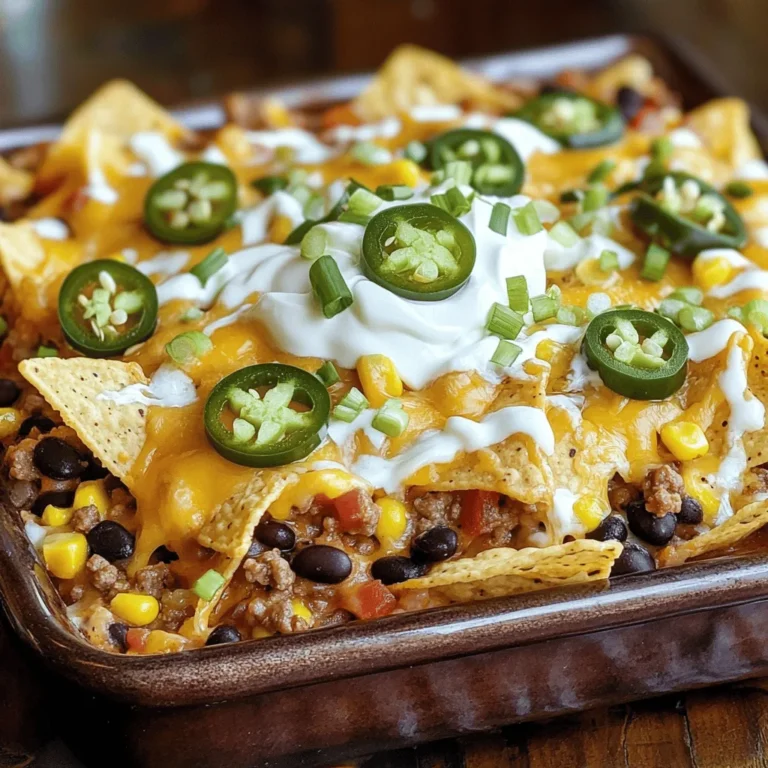 Here is what you need for the Loaded Nacho Casserole: - 1 bag (12 ounces) tortilla chips - 1 pound ground beef (or turkey for a lighter option) - 1 packet taco seasoning (about 1 ounce) - 1 can (15 ounces) black beans, thoroughly rinsed and drained - 1 cup corn kernels (you can use fresh, frozen, or canned) - 1 cup diced tomatoes (choose canned or fresh, depending on availability) - 1 cup shredded cheddar cheese - 1 cup shredded Monterey Jack cheese - 1/2 cup sour cream - 1/4 cup sliced jalapeños (you can use pickled for added flavor or fresh for a crunchy texture) - 2 green onions, finely chopped - Fresh cilantro for garnish (optional, but adds nice color and flavor) - Salt and pepper to taste You can make your nacho casserole even better with some fun toppings. Try adding: - Salsa for a zesty kick - Guacamole for a creamy touch - Extra cheese for the cheese lovers - Sliced olives for added flavor - Fresh avocado slices for freshness If you don't have something on hand, here are some easy swaps: - Use ground chicken or pork instead of beef or turkey. - Swap black beans with pinto beans or kidney beans. - Use diced bell peppers instead of tomatoes for crunch. - Try different cheeses like pepper jack for spice. - Replace sour cream with Greek yogurt for a healthier option. Feel free to mix and match! This recipe is all about your taste. First, set your oven to preheat at 350°F (175°C). This step ensures your casserole cooks evenly and turns out perfectly. Next, grab a large skillet. Add 1 pound of ground beef or turkey. Cook it over medium heat. Stir it until the meat is brown, which takes about 6-8 minutes. After that, drain any extra fat. This keeps the casserole from being greasy. Now, open your taco seasoning packet. Mix it with the cooked meat, following the instructions on the packet. Usually, you need to add some water. Let it simmer for a few minutes so the flavors blend well. Now it's time to build your casserole. First, lightly grease a 9x13-inch baking dish. Start with half of the tortilla chips. Spread them evenly across the bottom. This forms a strong base. Next, take your seasoned meat and spread it over the chips. Then, add black beans, corn, and diced tomatoes on top. Make sure to distribute them evenly for balanced flavors. Now sprinkle half of the shredded cheddar and Monterey Jack cheeses over the mixture. This creates that gooey cheese experience. For the final layers, place the rest of the tortilla chips on top. Cover as much surface as you can. Then, add the remaining meat mixture and top with the rest of the cheese. Finally, put the dish in the oven. Bake it for 20-25 minutes. The cheese should melt, bubble, and turn slightly golden. Once done, take it out and let it cool for about 5 minutes. Add sour cream, jalapeños, and green onions on top. You can also sprinkle fresh cilantro for extra flavor. Enjoy this tasty Loaded Nacho Casserole warm! To make the best Loaded Nacho Casserole, keep these tips in mind: - Layering: Start with a solid base of chips. This keeps everything together. - Cheese: Use a mix of cheeses for great flavor. Cheddar and Monterey Jack work well. - Baking Time: Keep an eye on your casserole. Bake until the cheese is bubbly and golden. - Let It Rest: After baking, let the casserole cool for about 5 minutes. This helps it set. Here are some common mistakes to watch out for: - Too Many Chips: Overloading on chips can make the dish too dry. Use just enough for a good base. - Skipping Seasoning: Don’t forget the taco seasoning. It adds essential flavor. - Not Rinsing Beans: Always rinse black beans. This removes excess salt and keeps the dish fresh. - Ignoring Heat: If you want heat, use fresh jalapeños or add hot sauce. Don’t skip this step if you love spice! You can easily change the flavors in your casserole: - Meat Options: Use ground beef, turkey, or even chicken. Each adds a different taste. - Veggies: Add peppers, zucchini, or olives for more texture and flavor. - Spice Level: Adjust the heat by changing jalapeños. Try mild or extra spicy based on your taste. - Toppings: Top with fresh cilantro, avocado, or salsa for extra flair. These add freshness and color. For the complete recipe, check out the Full Recipe section. {{image_4}} You can make this dish vegetarian by swapping the ground meat. Use a mix of mushrooms, bell peppers, and zucchini. Sauté them until soft, then season with taco spices. This adds great flavor without meat. You can also add more beans for protein. Try using pinto or kidney beans. Layer them with the chips and cheese just like in the full recipe. This option keeps all the tasty nacho vibes while being meat-free. For a spicy twist, you can kick up the heat. Add chopped jalapeños or diced serrano peppers to the meat mix. You can also use spicy taco seasoning instead of the regular kind. If you like it really hot, add some hot sauce to the sour cream. This will give your casserole a nice kick. Serve with extra jalapeños on top for a fiery finish. If you want to cut carbs, use cauliflower instead of chips. You can rice the cauliflower and cook it until soft. Spread it in the bottom of the dish like you would with chips. Use ground turkey or chicken for a leaner meat choice. Add cheese and veggies just like the original recipe. This way, you get all the flavors without the carbs. Enjoy the same great taste while keeping it light. To keep your Loaded Nacho Casserole fresh, let it cool first. Then, place it in an airtight container. Store it in the fridge for up to three days. If you have a large batch, you can divide it into smaller portions. This makes it easy to enjoy later! When you’re ready to eat the leftovers, reheating is key. Preheat your oven to 350°F (175°C). Place your casserole in an oven-safe dish, cover it with foil, and bake for about 15-20 minutes. This keeps it warm and gooey. You can also microwave individual portions. Just heat in short bursts, checking every 30 seconds. Want to save some for later? You can freeze Loaded Nacho Casserole. First, let it cool completely. Then, wrap it tightly in plastic wrap or aluminum foil. Place it in a freezer-safe container. It will stay good for up to two months. When you’re ready to eat, thaw it in the fridge overnight before reheating. This way, you always have a tasty meal on hand! Yes, you can make Loaded Nacho Casserole ahead of time. Prepare the dish, but do not bake it. Cover it with plastic wrap or foil and store it in the fridge. This way, you can bake it when you're ready to serve. It will stay fresh for up to two days. Just remember to adjust your baking time. If it's cold from the fridge, it might take a few extra minutes to heat through. There are many tasty options to serve with Loaded Nacho Casserole. Here are a few ideas: - Fresh guacamole - Salsa or pico de gallo - A side salad with lime dressing - Mexican rice or cilantro-lime rice - Sour cream or Greek yogurt for extra creaminess These sides will add more flavor and fun to your meal. You can easily add more protein to your Loaded Nacho Casserole. Here are some ideas: - Use two kinds of meat, like beef and chicken. - Add cooked beans like pinto or kidney beans. - Incorporate quinoa for a healthy twist. - Top with a layer of shredded rotisserie chicken. These options will make your dish heartier and more filling. Just remember to keep the flavors balanced! For a full experience, check out the Full Recipe. This blog post covered all you need for a Loaded Nacho Casserole. We discussed the key ingredients, easy steps, and tips for success. You can customize flavors and even explore variations like vegetarian options. Remember to store leftovers properly to enjoy later. With these tools, you can make a tasty meal that fits your style. Keeping it simple is the way to go! Enjoy your cooking adventure!