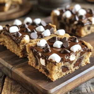 To make delicious s'mores cookie bars, gather the following items: - 1 cup unsalted butter, softened at room temperature - 1 cup brown sugar, tightly packed - 1/2 cup granulated sugar - 1 large egg, at room temperature - 2 teaspoons pure vanilla extract - 2 1/4 cups all-purpose flour - 1 teaspoon baking soda - 1/2 teaspoon fine sea salt - 1 cup semi-sweet chocolate chips - 1 cup mini marshmallows - 1 cup graham cracker crumbs - 1/2 cup chocolate chunks (for topping) Using high-quality ingredients makes a big difference. Fresh butter gives a rich taste. Opt for real vanilla extract instead of imitation for the best flavor. Choose chocolate chips that you love because they shine in these bars. For the graham crackers, select whole or crushed ones with no added sugars. Always check the expiration dates on all your items to ensure freshness. You can make swaps if needed. Try coconut oil instead of butter for a dairy-free version. Use any nut butter in place of butter for a unique twist. If you want gluten-free bars, substitute regular flour with a gluten-free blend. Dark chocolate can replace semi-sweet chocolate for a richer flavor. These changes keep the spirit of s'mores alive while offering new tastes. Start by preheating your oven to 350°F (175°C). This helps the bars bake evenly. Next, grab a 9x13 inch baking dish and lightly grease it or line it with parchment paper. Let the parchment hang over the edges for easy removal later. In a mixing bowl, cream 1 cup of softened unsalted butter with 1 cup of packed brown sugar and 1/2 cup of granulated sugar. Use a hand mixer or stand mixer on medium speed for about 3-5 minutes. The mix should look light and fluffy. Now, add in 1 large egg and 2 teaspoons of pure vanilla extract. Beat until smooth and well mixed. In another bowl, whisk together 2 1/4 cups of all-purpose flour, 1 teaspoon of baking soda, and 1/2 teaspoon of fine sea salt. Slowly add the dry mixture to the wet mix. Mix on low speed until just combined; overmixing can make the bars tough. Gently fold in 1 cup of semi-sweet chocolate chips and 1 cup of graham cracker crumbs. This adds that classic s'mores flavor. Spread half of the cookie dough into the prepared baking dish. Press it down firmly to create a solid base. Evenly sprinkle 1 cup of mini marshmallows and 1/2 cup of chocolate chunks on top. Spoon the rest of the dough over the filling and gently press it down. Bake in the preheated oven for 25-30 minutes. The edges should turn golden brown, and the center should feel firm when touched lightly. After baking, take the dish out of the oven. Let the bars cool in the pan for at least 10 minutes. Use the parchment paper to lift the bars out and place them on a wire rack. Allow them to cool completely before cutting into squares. For a fun touch, drizzle melted chocolate on top and serve with fresh marshmallows and graham cracker pieces. This makes the experience feel just like a traditional s'mores gathering. Enjoy your chewy, delicious s'mores cookie bars! To make the best s'mores cookie bars, follow these tips. First, use room-temperature ingredients. This helps create a smooth batter. Second, mix the butter and sugars well. Aim for a light and fluffy texture. This step adds air to your cookie bars. Third, don’t overmix the dough. Mix just until you see no flour. Overmixing can lead to tough bars. Lastly, check the baking time. Every oven is different, so keep an eye on them. Look for golden edges and a set center. If you have any cookie bars left, store them right to keep them fresh. Place the bars in an airtight container. This prevents them from drying out. You can also layer parchment paper between the bars. This keeps them from sticking together. Store the container in a cool, dry place. If you want to keep them longer, put them in the fridge. Just remember to bring them to room temperature before enjoying again. Many people make a few common mistakes when baking cookie bars. One mistake is not measuring ingredients carefully. Use a kitchen scale for accuracy. Another mistake is skipping the parchment paper. This makes it hard to lift the bars out. Also, avoid cutting the bars too soon. Let them cool completely first. Cutting them too early can lead to messy pieces. Lastly, don’t forget to mix in the graham cracker crumbs. This is key for that s'mores flavor. For the full recipe, check out the section above. {{image_4}} You can change up your s'mores cookie bars in fun ways. Try adding peanut butter chips for a nutty taste. You can also mix in crushed nuts like almonds or walnuts for a crunchy texture. If you love coconut, add shredded coconut to the dough. For a fun twist, use flavored chocolate, like caramel or mint. Each of these add-ins brings a new flavor to the classic s'mores experience. If you need gluten-free options, it's easy to modify the recipe. Swap the all-purpose flour with a gluten-free blend that works for baking. Check that your graham cracker crumbs are gluten-free too. Many brands offer gluten-free versions, so you can still enjoy those classic flavors. This way, everyone can savor these delicious cookie bars without worry. You can make your s'mores cookie bars even more exciting with different toppings. Instead of just chocolate chunks, try using white chocolate or butterscotch chips. You can also sprinkle a bit of sea salt on top for a savory touch that contrasts the sweetness. Serve your cookie bars warm with a scoop of vanilla ice cream for a treat that is hard to resist. Each topping and pairing adds a new layer of flavor, making your dessert even more special. For the full recipe, check out S'mores Cookie Bars. To keep your S'mores Cookie Bars fresh, store them in an airtight container. This helps keep them chewy and moist. If you leave them out, they may dry out. Layer parchment paper between the bars to prevent sticking. This way, you can grab a piece without ruining the others. You can freeze S'mores Cookie Bars, too! First, let them cool completely. Then, cut them into squares. Wrap each piece tightly in plastic wrap. Place the wrapped bars in a freezer-safe bag or container. They will stay fresh for about three months in the freezer. When you're ready to enjoy, just thaw them in the fridge overnight. When stored properly at room temperature, S'mores Cookie Bars last about a week. If you keep them in the fridge, they'll stay fresh for up to two weeks. Remember, the longer they sit, the more they may lose that chewy goodness. Enjoy them while they are at their best! To make S'mores Cookie Bars from scratch, follow these simple steps. Start by creaming butter and sugars until fluffy. Then, add an egg and vanilla, mixing well. In a separate bowl, combine flour, baking soda, and salt. Gradually add this dry mix to the wet mix. Fold in chocolate chips and graham cracker crumbs. Spread half the dough in a greased pan, add mini marshmallows and chocolate chunks, and top with the rest of the dough. Bake for 25-30 minutes. This method brings out the best flavors. For the full recipe, check the detailed instructions above. Yes, you can use any type of chocolate you like. Dark chocolate, milk chocolate, or even white chocolate all work well. Each type will change the taste of your bars. Dark chocolate gives a richer taste, while milk chocolate adds sweetness. You can mix different types too. Just remember to chop the chocolate into small pieces for even melting. To reheat leftover S'mores Cookie Bars, use the oven or microwave. For the oven, preheat it to 350°F (175°C). Place the bars on a baking sheet and cover them with foil. Heat for about 10 minutes. This helps keep them chewy. If you prefer the microwave, heat a single bar for 10-15 seconds. This method warms it quickly and keeps it soft. Enjoy your delicious treat! S'mores cookie bars are easy to make and fun to share. We covered all the ingredients, steps, and tips needed for perfect bars. Remember, quality ingredients make a big difference. Keep your bars fresh by storing them right. Explore variations to suit your taste. Whether you're a baking pro or a novice, these bars are sure to impress. Enjoy every bite of these sweet treats!