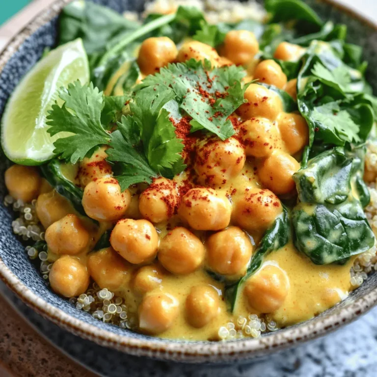 - 2 cans chickpeas, thoroughly drained and rinsed - 1 can full-fat coconut milk - 1 tablespoon coconut oil - 1 medium onion, finely diced - 3 cloves garlic, minced - 1 tablespoon fresh ginger, finely grated - 2 tablespoons red curry paste - 1 teaspoon ground turmeric - 1 teaspoon ground cumin - 1 tablespoon soy sauce - Salt and black pepper to taste - 1 cup vegetable broth (low sodium recommended) - 1 cup fresh spinach, roughly chopped - Juice of 1 lime - Fresh cilantro leaves, for garnish - Cooked rice or quinoa, for serving I love using chickpeas in my cooking. They are full of protein and fiber, making them a healthy choice. Coconut milk adds creaminess and richness to the dish. It complements the spices well. Onions, garlic, and ginger are the base for many great meals. They add depth and flavor. The red curry paste brings heat and a hint of sweetness. Turmeric and cumin add warmth and earthiness, making every bite delicious. For a fresh touch, I always add lime juice. It brightens the curry and balances the flavors. Spinach is a great addition too. It boosts the nutrients and adds color. You can enjoy this dish with rice or quinoa. They soak up all the tasty sauce. Trust me, this meal will be a hit at your table! - Calories: About 350 per serving - Protein: 15 grams per serving - Fat: 18 grams per serving This dish is not just tasty; it's also good for you. Chickpeas provide protein and fiber. Coconut milk adds healthy fats, while spinach gives vitamins and minerals. - Benefits of chickpeas: They help with digestion and keep you full longer. - Advantages of coconut milk: It has healthy fats that can boost heart health. - Nutritional value of spinach: It is high in vitamins A, C, and K, which support overall health. Using these ingredients makes Coconut Curry Chickpeas a savory and nourishing dish. You can find the full recipe above, and I hope you enjoy making it as much as I do! - Preheat your pot over medium heat. - Dice the onion, mince the garlic, and grate the ginger. 1. Add coconut oil to the pot. Wait until it’s hot and shimmering. 2. Toss in the diced onion. Sauté for about 5 minutes. The onion should be soft and clear. 3. Stir in minced garlic and grated ginger. Cook for 1-2 minutes until fragrant. 4. Next, mix in red curry paste, turmeric, and cumin. Cook for 2-3 minutes to bring out the flavors. 5. Carefully pour in vegetable broth and coconut milk. Stir well to combine everything smoothly. 6. Add the drained chickpeas and soy sauce. Bring the mixture to a gentle simmer. 7. Lower the heat and let it cook uncovered for 15 minutes. This allows the flavors to blend well. 8. After 15 minutes, fold in the chopped spinach. Squeeze in the lime juice and stir for 2 minutes. 9. Taste the curry. Adjust the seasoning with salt and black pepper as needed. 10. Serve the warm coconut curry chickpeas over fluffy rice or quinoa. 11. Garnish with fresh cilantro leaves and lime wedges for a nice touch. To check the seasoning, taste a spoonful of the curry. If it needs more flavor, add salt or pepper. For presentation, use bright bowls. A sprinkle of cilantro on top will make it pop. Lime wedges on the side will add freshness for your guests. Enjoy your tasty Coconut Curry Chickpeas! For the complete recipe, refer to the [Full Recipe]. To get the best flavors, start with fresh spices. Fresh spices boost the taste of the dish. Use a heavy pot to cook the curry. This helps to evenly distribute heat. For tools, you need a good knife for chopping. A wooden spoon helps mix everything well. A measuring cup is great for liquids. These tools make cooking easier. One mistake is overcooking spinach. Spinach cooks quickly. Add it near the end of cooking to keep it bright. Another mistake is ignoring seasoning. Always taste your dish before serving. Adjust salt and pepper as needed to enhance flavors. Serve coconut curry chickpeas over rice or quinoa. Both grains soak up the sauce well. For toppings, try fresh cilantro for a burst of flavor. Lime wedges add zest and brightness. You can also sprinkle toasted coconut for texture. {{image_4}} You can switch up the beans in this dish. Black beans or lentils work great too. They add protein and flavor. If you want a creamier texture, try using almond milk or cashew cream instead of coconut milk. Both options give a nice twist to the dish. To make your curry mild, use less red curry paste. You can add more coconut milk to balance the heat. For extra spice, add chopped jalapeños or red pepper flakes. Fresh herbs like cilantro or basil can enhance the flavor too. Adding them at the end brightens the dish. This recipe is vegan and vegetarian-friendly. It has no meat or dairy. If you need a gluten-free option, use gluten-free soy sauce. You can also enjoy this dish as a hearty meal on its own. It is packed with nutrients and flavor, making it a favorite for everyone. For the full recipe, check out the details above. To store leftovers, let the coconut curry chickpeas cool. Place them in an airtight container. This keeps the flavors fresh and safe. You can store them in the fridge for up to four days. Just remember to reheat them well before serving again. If you want to freeze your dish, use a freezer-safe container. Make sure to leave some space for expansion. This dish can last up to three months in the freezer. When you're ready to eat, thaw it overnight in the fridge. To reheat, warm it slowly on the stove or in the microwave. Stir it well to ensure even heating. You can repurpose the coconut curry chickpeas in many fun ways. Try adding them to a salad for extra protein. They also make a great filling for wraps or tacos. Another idea is to blend them into a soup for a creamy texture. If you want more recipes using leftovers, consider making a chickpea curry pasta or a hearty grain bowl. Making Coconut Curry Chickpeas takes about 30 minutes. You will spend 10 minutes on prep and 20 minutes cooking. This quick dish fits into busy days. Yes, you can use dried chickpeas. First, soak them overnight in water. After soaking, drain and rinse them. Cook them in boiling water for about 1 to 1.5 hours until tender. Use them in the recipe as you would canned ones. You can serve Coconut Curry Chickpeas with cooked rice or quinoa. They also pair well with naan or flatbreads. For a fresh touch, add a side salad or steamed veggies. Yes, this dish is great for meal prep. You can cook it in advance and store it in the fridge. It stays fresh for up to four days. When you are ready to eat, just reheat it on the stove or in the microwave. You can also freeze it for up to three months. This makes it easy to grab a healthy meal anytime. This blog post shared a simple recipe for Coconut Curry Chickpeas. It covered key ingredients, their health benefits, and clear cooking steps. I also included tips for flavor balancing and suggestions for ingredient swaps. Remember, you can adapt this dish to your taste and dietary needs. With easy storage and reuse ideas, you can enjoy this meal multiple times. I hope you find joy in cooking and sharing it!
