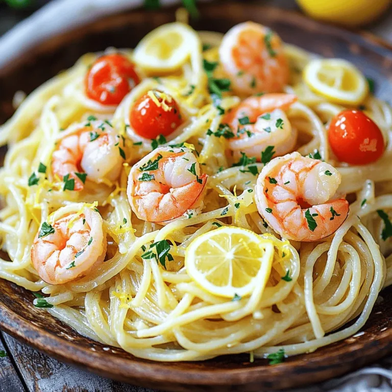 - 8 ounces spaghetti or linguine - 1 pound large shrimp, peeled and deveined - 4 tablespoons unsalted butter, divided To make this dish, start with the pasta. I love using spaghetti or linguine for this recipe. Both types hold the sauce well and bring a nice texture. Next, you need large shrimp. They add a sweet flavor that pairs perfectly with the garlic butter. Lastly, the butter brings richness and helps create a silky sauce. - 4 cloves garlic, finely minced - 1 teaspoon red pepper flakes (adjust according to preference) - Salt and black pepper to taste Garlic is the star here. I use four cloves to get that strong, aromatic flavor. Red pepper flakes add a nice kick. You can adjust how much you use based on your spice level. Salt and black pepper enhance all the flavors, making the dish pop. - 1 cup cherry tomatoes, halved - 1/4 cup fresh parsley, finely chopped - Zest and juice of 1 lemon For a burst of freshness, I add cherry tomatoes. They soften and add a juicy sweetness. Fresh parsley gives color and a herbal note. The lemon zest and juice brighten the dish, balancing the richness of the butter. These fresh elements make garlic butter shrimp pasta vibrant and delicious. For the full recipe, check out the details above. Start by filling a large pot with water. Add a generous pinch of salt. Bring it to a boil over high heat. Once boiling, add your spaghetti or linguine. Cook according to package instructions until it's al dente. Remember to reserve about 1/2 cup of the pasta water before you drain the pasta. This water helps create a smooth sauce. For perfect shrimp, heat 2 tablespoons of butter in a large skillet on medium heat. Once the butter melts, add the shrimp. Season them with salt, black pepper, and red pepper flakes. Cook for about 2-3 minutes on each side. Look for that lovely pink color. When done, set the shrimp aside on a plate. In the same skillet, add the remaining 2 tablespoons of butter and minced garlic. Cook the garlic for around 30 seconds, stirring often. You want it fragrant and slightly golden, but be careful not to burn it. Next, add the halved cherry tomatoes. Cook these for 2-3 minutes until they soften and release their juices. Now, return the shrimp to the skillet. Pour in the lemon juice and sprinkle the lemon zest. Stir everything together to mix well. Now, add the drained pasta to the skillet along with the reserved pasta water. Gently toss the pasta, coating it in the garlic butter sauce. If it looks too dry, add a little more reserved pasta water until you get a nice, creamy texture. Finally, stir in the chopped parsley and taste the dish. Add more salt or black pepper if needed. To serve, plate the pasta generously. Garnish with more parsley on top. If you want to elevate the dish, sprinkle some grated Parmesan cheese before serving. For the full details, check out the Full Recipe. To cook shrimp perfectly, aim for 2-3 minutes per side. You want them pink and opaque. If you cook them too long, they turn rubbery. Common mistakes include cooking shrimp at too high a heat or not removing them in time. Always keep an eye on the color change. For added flavor, consider using fresh herbs like basil or thyme. You can also try adding a splash of white wine for depth. Balancing flavors is easy with lemon. The zest adds brightness, while the juice gives a fresh tang. Adjust the red pepper flakes to suit your taste. For a great look, serve the pasta in shallow bowls. This gives it an elegant touch. Garnish with fresh parsley and a lemon wedge. A sprinkle of red pepper flakes adds color and appeal. Share your plated dish on social media. Use natural light for the best photos. For the full recipe, follow along! {{image_4}} You can change the pasta to fit your needs. Try gluten-free pasta or whole wheat pasta. They both work well and taste great. You can also use different types of shrimp. Medium or small shrimp work just fine. If you want to switch it up, add other seafood like scallops or crab. Adding veggies can make your dish even better. Try spinach, bell peppers, or zucchini. They add color and taste. You can also mix in other proteins like chicken or sausage for a heartier meal. To change the sauce, add herbs like basil or oregano for a fresh twist. Spice it up with cayenne pepper or lemon zest for extra zing. If you want a vegetarian option, use plant-based shrimp or mushrooms. You can replace the pasta with zucchini noodles for a low-carb choice. This keeps the dish light but just as tasty. For a vegan version, swap out the butter for olive oil and use nutritional yeast instead of cheese. For the full recipe, check out the Garlic Butter Shrimp Pasta 🧄 section. After you enjoy your garlic butter shrimp pasta, store the leftovers right away. Let the dish cool to room temperature. Then, transfer it to an airtight container. Refrigerate the pasta for up to three days. This keeps it fresh and safe to eat. When it's time to eat your leftovers, you want to keep the shrimp tender. The best way is to use a skillet. Heat a little olive oil over medium-low heat. Add the pasta and shrimp. Stir gently until warm. Avoid using high heat to prevent overcooking the shrimp. Yes, you can freeze garlic butter shrimp pasta! To do this, let it cool completely. Place it in a freezer-safe container. It can stay frozen for up to two months. When you're ready to eat, thaw it in the fridge overnight. Reheat it slowly on the stove to keep it tasty. To make garlic butter shrimp pasta, follow these steps: 1. Cook the pasta. Boil salted water and add spaghetti or linguine. 2. Sauté the shrimp. Heat butter, season shrimp, and cook until pink. 3. Prepare the garlic butter sauce. Sauté garlic in the same pan until fragrant. 4. Add tomatoes and shrimp. Cook tomatoes until soft, then add shrimp back. 5. Mix everything. Combine pasta with the reserved pasta water for a nice sauce. 6. Finish with herbs. Stir in parsley and adjust the seasoning. 7. Serve hot. Plate the dish and add cheese if you like. Yes, you can use frozen shrimp. Here’s how to prepare them: - Thawing tips: Place shrimp in a bowl of cold water for about 15-20 minutes. - Cooking frozen shrimp: Add them directly to the skillet. Increase cooking time by a minute or two until fully cooked. You can serve garlic butter shrimp pasta with: - Side salads: A light green salad pairs well. - Garlic bread: Crunchy garlic bread complements this dish nicely. - Wine: A glass of white wine enhances the flavors. For the full recipe and tips, check the [Full Recipe]. Garlic butter shrimp pasta is a quick, tasty meal that anyone can make. We outlined key ingredients, including shrimp, pasta, garlic, and fresh herbs. You learned how to cook the shrimp perfectly and why reserved pasta water is crucial for texture. We also shared tips for enhancing flavors and variations for dietary needs. I hope you feel inspired to try this dish. It's simple yet full of flavor. Enjoy your cooking adventure!