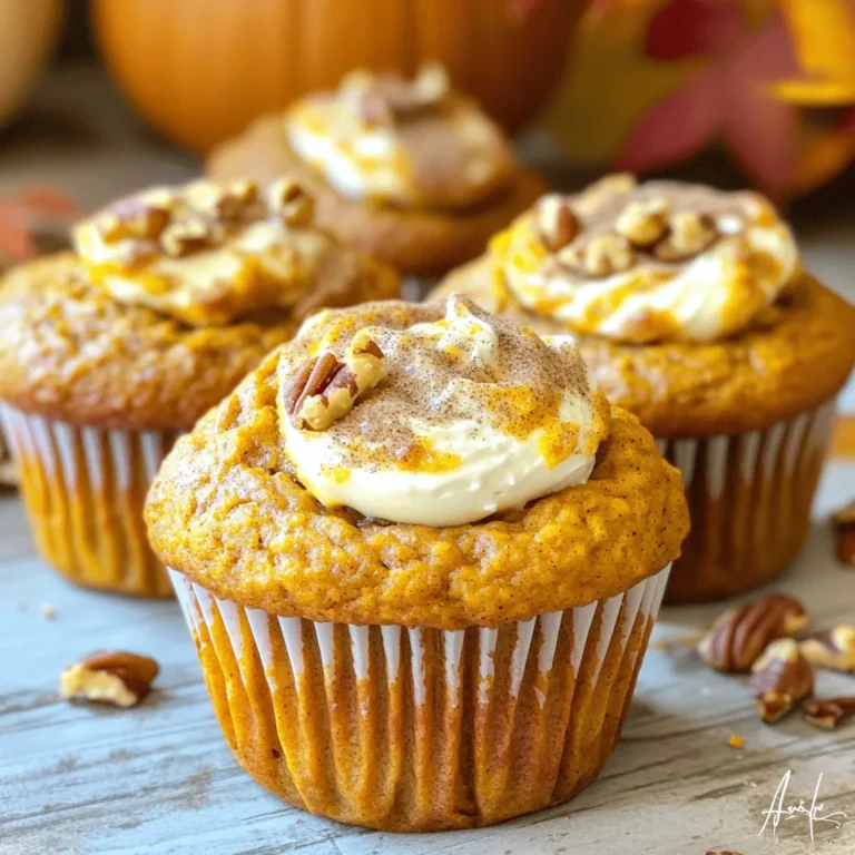 Here are the main ingredients you need: - 1 ½ cups all-purpose flour - 1 teaspoon baking powder - ½ teaspoon baking soda - ½ teaspoon salt - 1 teaspoon ground cinnamon - ½ teaspoon ground nutmeg - ½ teaspoon ground ginger - ½ cup sugar - ½ cup packed brown sugar - ½ cup vegetable oil - 2 large eggs - 1 cup pumpkin puree (canned) - 1 teaspoon vanilla extract - 4 oz cream cheese, softened - 2 tablespoons powdered sugar - Chopped pecans or walnuts (optional, for topping) These ingredients create moist muffins with a rich pumpkin flavor and a creamy center. If you prefer using metric measurements, here’s a quick guide: - 1 ½ cups of all-purpose flour is about 190 grams. - 1 teaspoon is about 5 milliliters. - ½ cup sugar is about 100 grams. - ½ cup vegetable oil is about 120 milliliters. - 1 cup pumpkin puree is about 240 grams. - 4 oz cream cheese is about 113 grams. Using these conversions makes it easy to follow the recipe no matter your measuring style. You can customize these muffins. Consider adding: - Chopped nuts like pecans or walnuts for crunch. - Chocolate chips for a sweet twist. - Dried fruit like cranberries or raisins for extra flavor. These add-ins can enhance texture and taste, making your muffins unique. Feel free to mix and match! Start by heating your oven to 350°F (175°C). This helps the muffins bake evenly. Line your muffin pan with paper cups or grease it well. This step keeps the muffins from sticking. In a medium bowl, whisk together the following dry ingredients: - 1 ½ cups all-purpose flour - 1 teaspoon baking powder - ½ teaspoon baking soda - ½ teaspoon salt - 1 teaspoon ground cinnamon - ½ teaspoon ground nutmeg - ½ teaspoon ground ginger Make sure there are no lumps. This mix adds flavor and helps the muffins rise. In a large bowl, mix together: - ½ cup granulated sugar - ½ cup brown sugar, packed - ½ cup vegetable oil Stir until the sugars blend well with the oil. Then, add in: - 2 large eggs - 1 cup pumpkin puree (canned) - 1 teaspoon vanilla extract Whisk this mixture until it is smooth. The pumpkin gives the muffins moisture and taste. Now, slowly fold the dry mix into the pumpkin mixture. Do this gently to avoid overmixing. Some lumps are okay. This keeps your muffins soft and fluffy. Spoon the pumpkin batter into each muffin cup, filling them halfway. Next, in a small bowl, mix: - 4 oz cream cheese, softened - 2 tablespoons powdered sugar Place about 1 teaspoon of this cream cheese mix in the center of each muffin. Then, cover it with more pumpkin batter until each cup is about ¾ full. This adds a delicious surprise in every bite. Bake the muffins for 20-25 minutes. Insert a toothpick in the center to check if they are done. If it comes out clean, they are ready. Let the muffins cool in the pan for 5 minutes before transferring them to a wire rack. This step helps them cool evenly. For more detailed steps, check the Full Recipe. Baking can be tricky, but you can avoid mistakes with ease. Here are some tips: - Measure ingredients accurately: Use a scale for dry ingredients. A little extra flour can ruin your muffins. - Room temperature ingredients: Make sure eggs and cream cheese are at room temperature. This helps mix everything well. - Don’t overmix: Mix just until the dry ingredients blend in. Overmixing can make your muffins tough. - Use fresh ingredients: Check your baking powder and spices. Fresh ingredients make a big difference in flavor. To get the right texture, follow these tips: - Use canned pumpkin puree: It keeps the muffins moist and adds flavor. Avoid fresh pumpkin, as it may be watery. - Add sour cream or yogurt: A dollop in the batter can boost moisture and give a nice tang. - Check your oven temperature: Use an oven thermometer. An oven that’s too hot can dry out your muffins. Having the right tools makes baking easier. Here’s what you need: - Muffin tin: A non-stick tin helps the muffins release easily. You can also use paper liners for easy cleanup. - Mixing bowls: Use medium and large bowls for mixing dry and wet ingredients separately. - Whisk and spatula: A whisk mixes dry ingredients well. A silicone spatula helps fold in ingredients gently. - Cooling rack: Let your muffins cool properly. This keeps them from getting soggy on the bottom. By following these tips and tricks, you’ll bake the best Pumpkin Cream Cheese Muffins every time! For the complete recipe, check out the [Full Recipe]. {{image_4}} You can make these muffins gluten-free with simple swaps. Use gluten-free flour instead of all-purpose flour. Brands like Bob's Red Mill or King Arthur are great choices. Adjust the baking powder slightly, as gluten-free flour can vary. The muffins will still be moist and tasty. Enjoy the same pumpkin flavor without the gluten! To make these muffins vegan, replace the eggs with flax eggs. Mix one tablespoon of ground flaxseed with three tablespoons of water for each egg. Use a plant-based cream cheese instead of regular cream cheese. You can also swap the sugar with coconut sugar or maple syrup. These changes keep the muffins light and delicious without any animal products. Adding spices can elevate your muffins. Try a pinch of allspice or cloves for warmth. A dash of vanilla extract adds depth to the flavor. Consider mixing in chocolate chips or dried fruit for extra sweetness. You can also top your muffins with a sprinkle of cinnamon for a cozy touch. These small changes make each batch unique and exciting! For the full recipe, check out the pumpkin cream cheese muffins details. To keep your pumpkin cream cheese muffins fresh, let them cool first. Place them in an airtight container. You can store them at room temperature for about three days. If you want them to last longer, refrigerate them. They can stay fresh in the fridge for up to a week. Freezing these muffins is easy and smart. Wrap each muffin in plastic wrap. Then, place them in a freezer-safe bag. They can last up to three months in the freezer. When you’re ready to enjoy them, simply thaw them overnight in the fridge or on the counter for a couple of hours. To reheat your muffins, use the microwave or oven. In the microwave, heat for about 15-20 seconds. For the oven, preheat it to 350°F (175°C) and warm the muffins for around 5-10 minutes. This makes them soft and warm again. Enjoy them just like when they were fresh! For more detailed steps, check out the Full Recipe. You can check if the muffins are done by using a toothpick. Insert it into a muffin's center. If it comes out clean, the muffins are ready. Usually, this takes about 20 to 25 minutes. Keep a close eye on them. If they look golden brown, that's a good sign! Yes, you can use fresh pumpkin! Just make sure to cook and puree it first. Fresh pumpkin adds a nice flavor. However, make sure it is smooth and not too watery. Canned pumpkin is easier, but fresh can be fun! Serve the muffins warm for the best taste. You can top them with a cream cheese frosting. A sprinkle of cinnamon adds a lovely touch. They pair well with coffee or tea, too. If you want to treat guests, serve with whipped cream! These muffins can last about 3 to 5 days at room temperature. Keep them in an airtight container. For longer storage, freeze them. They will stay fresh for about 2 to 3 months. Just thaw before enjoying! You can make delicious Pumpkin Cream Cheese Muffins by following simple steps. First, gather key ingredients and choose optional add-ins. Then, prep your pan and mix ingredients carefully. Remember to avoid common mistakes for the best texture. Explore gluten-free and vegan options to suit different diets. Store leftovers wisely to enjoy them later. By keeping these tips in mind, you’ll bake muffins that impress everyone. Happy baking!