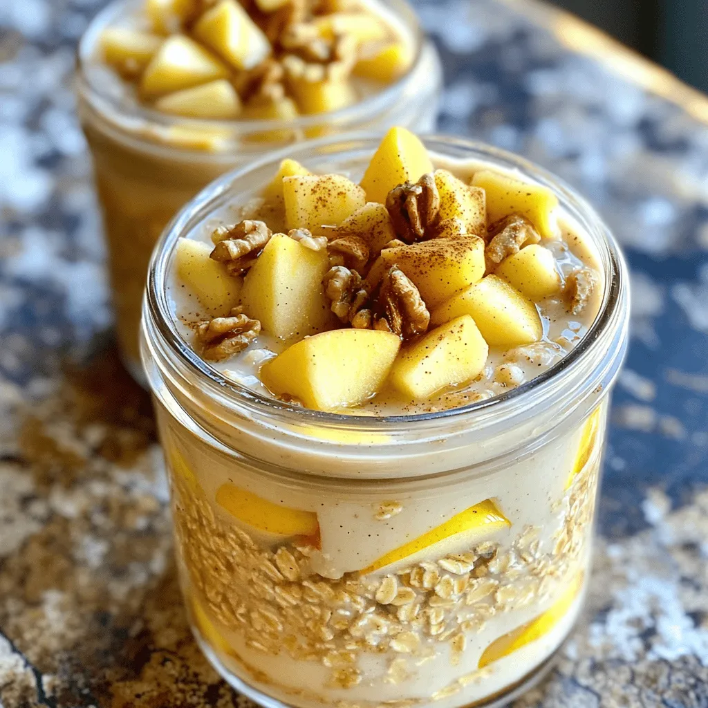 - 1 cup rolled oats - 2 cups almond milk (or any milk of your choice) - 2 tablespoons maple syrup - 1 teaspoon ground cinnamon - 1/4 cup Greek yogurt (or dairy-free alternative) - 1/4 cup chopped nuts (like walnuts or pecans) - 1/2 apple, diced (for topping) - A pinch of salt - Mixing bowl - Airtight containers or jars - Spoon or spatula When making Maple Cinnamon Overnight Oats, I always focus on the main ingredients first. The rolled oats form the base, giving you that hearty texture. Almond milk, or any milk you choose, makes it creamy and rich. I love the sweetness from maple syrup, and cinnamon adds that warm, cozy flavor. If you want to jazz it up, add Greek yogurt for creaminess. Nuts give a nice crunch, and diced apples bring freshness. A small pinch of salt enhances all the flavors, making each bite delightful. For equipment, you need a mixing bowl to combine everything. Airtight jars or containers store the oats well for overnight chilling. A spoon or spatula helps mix the ingredients thoroughly. The process is simple, making it easy for anyone to enjoy this tasty breakfast. Check out the Full Recipe for detailed steps! First, grab a medium bowl. Mix together: - 1 cup rolled oats - 2 cups almond milk (or your favorite milk) - 2 tablespoons maple syrup - 1 teaspoon ground cinnamon - 1/2 teaspoon vanilla extract - A pinch of salt Stir all these ingredients well. Make sure it’s smooth for a creamy texture. Now, gently fold in: - 1/4 cup Greek yogurt (or a dairy-free option) Mix it until the yogurt blends in. This adds a nice creaminess to your oats. Next, divide the mixture into two jars or containers. Make sure each jar has equal amounts. Then, add: - 1/4 cup chopped nuts (like walnuts or pecans) - 1/2 apple, diced Sprinkle these toppings on each jar. Seal the jars tightly. Place them in the fridge. Let them chill overnight or for at least 4 hours. This helps the oats soak up flavors. When you’re ready to eat, stir the oats well. This mixes the toppings back in. If you want, add some extra maple syrup or more nuts on top. Enjoy your tasty breakfast! For the full recipe, check the earlier section. You can tweak the sweetness to match your taste. Start with the recipe's two tablespoons of maple syrup. If you like it sweeter, add more syrup. If you prefer it less sweet, use less. This way, you get the perfect balance for your morning oats. Want to mix it up? Try adding cocoa powder for a chocolate twist. You can also add a splash of vanilla extract for deeper flavor. Both options will make your oats even more delicious. Experiment with different flavors to find what you love. Make your oats look as good as they taste! Use clear jars to show off those colorful layers. For a lovely touch, garnish with a sprinkle of cinnamon and some fresh apple slices on top. This not only makes it pretty but also adds extra flavor. For the full recipe, check the earlier section. {{image_4}} You can easily make this recipe vegan. Just swap out Greek yogurt for a plant-based yogurt. This keeps the oats creamy and adds a nice texture. Many stores offer great options like coconut or almond yogurt. Want to mix things up? Add fresh fruits like bananas, strawberries, or blueberries. Chia seeds also work well for extra fiber and protein. Nut butter is another tasty option. Just stir in a spoonful for a rich flavor boost. You can change the flavor based on the season. In the fall, add pumpkin spice for a cozy touch. In the summer, use fresh berries for a refreshing twist. These small changes keep your breakfast fun and exciting! Explore the [Full Recipe] for more details on making these delicious oats! Store your maple cinnamon overnight oats in the refrigerator. They stay fresh for up to 5 days. Use airtight containers to keep them from drying out. This way, you can enjoy a tasty and healthy breakfast all week! If you want to prepare for busy mornings, freeze individual portions. Just scoop your oats into freezer-safe containers. When you need a quick breakfast, thaw them overnight in the fridge. This method keeps your oats ready and convenient. To enjoy your oats warm, gently heat them in the microwave. Add a splash of milk to bring back the creaminess. This simple step makes your breakfast feel fresh and delicious, even after being stored. Overnight oats can last in the fridge for up to 5 days. I like to make a batch on Sunday and enjoy them all week. Just keep them in airtight containers to stay fresh. Yes, you can skip yogurt or use a dairy-free alternative. Some people prefer to use almond or coconut yogurt for a tasty twist. It still turns out creamy and delicious! Overnight oats are high in fiber. They help with digestion and can regulate blood sugar levels. This means they keep you full and energized, making them a smart breakfast choice. While possible, quick oats will change the texture. Rolled oats are thicker and chewier, giving your breakfast a heartier bite. I recommend sticking with rolled oats for the best results. Yes, you can warm them in the microwave if you prefer a hot breakfast. Just add a splash of milk to keep them creamy. Enjoy them any way you like! Overnight oats are a simple, healthy breakfast choice. We explored easy ingredients, step-by-step instructions, and tips for customization. You can adjust sweetness, enhance flavors, and add seasonal variations. Store your oats in the fridge for up to five days or freeze portions for later. These oats offer fiber, sustained energy, and flexibility to fit your taste. Enjoy crafting your perfect bowl of overnight oats!