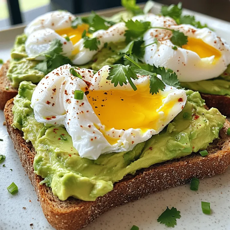 Here’s what you need for this tasty dish: - 2 slices of whole-grain bread - 1 ripe avocado - 2 large eggs - 1 tablespoon extra-virgin olive oil - 1 teaspoon fresh lemon juice - Sea salt and freshly cracked black pepper to taste - 1/4 teaspoon red pepper flakes (optional for heat) - Fresh herbs such as cilantro, chives, or basil for garnish When picking avocados, look for ones that yield slightly to gentle pressure. This means they are ripe and ready to eat. Whole-grain bread adds a nutty flavor and texture to your toast. I love using olive oil for its rich taste and health benefits. You can add red pepper flakes for a little kick, but it's optional. Fresh herbs make everything better—they add color and fresh notes to your meal. For the full recipe, check out the detailed instructions. Enjoy your cooking! Start by toasting the slices of whole-grain bread. You can use a toaster or a skillet. Aim for a golden brown color. This makes the bread crispy and perfect for holding toppings. Once toasted, set the slices on a plate. Next, grab your ripe avocado. Cut it in half and take out the pit. Scoop the green flesh into a small bowl. Use a fork to mash it until creamy but still chunky. Add one tablespoon of olive oil and one teaspoon of lemon juice for flavor. Sprinkle in some sea salt and black pepper. Mix it all together and set it aside. Now it's time for the eggs. Fill a small saucepan with water and heat it until it simmers gently. Crack one egg into a small bowl. Slowly slide it into the water. Do the same with the second egg. Let them cook for about 3-4 minutes. The whites should be set, but the yolks need to stay runny. Use a slotted spoon to lift the eggs out and place them on a paper towel to drain. Take your toasted bread and spread the avocado mash on each slice. Be generous and cover it well. Next, carefully place a poached egg on top of each slice. Let the yolk run a bit for that delicious look. If you want some heat, sprinkle red pepper flakes on top. Finally, add fresh herbs to make it look pretty. Serve your avocado toast warm and enjoy! For the complete recipe, check the Full Recipe section. To poach eggs well, use fresh eggs. They hold their shape better. Start by bringing water to a gentle simmer. Add a splash of vinegar. This helps the egg whites stay together. Crack each egg into a small bowl. Gently slide it into the water. Cook for about 3-4 minutes. The whites should be set, and the yolk runny. Use a slotted spoon to lift them out. Pat them dry with a paper towel for a neat finish. Pick a ripe avocado for the best flavor. It should feel slightly soft when you press it. Avoid avocados that are too mushy or have dark spots. If you need to ripen them, place them in a paper bag with an apple or banana. They will ripen in a day or two. Once ripe, use them right away for the best taste. Avocado toast is versatile. You can add many toppings for extra flavor. Try sliced tomatoes for freshness or radishes for crunch. A sprinkle of feta cheese adds a nice saltiness. You can also add a drizzle of balsamic glaze for sweetness. Fresh herbs like cilantro or chives enhance the dish's look and taste. Serve this dish with fresh fruit or a light salad for a complete meal. Check the Full Recipe for more ideas! {{image_4}} You can make your avocado toast even more fun by adding different toppings. Try sliced tomatoes for freshness or radishes for a crunchy bite. You could also add crumbled feta cheese for a salty kick. Smoked salmon goes well, too, giving a rich flavor. If you want more texture, sprinkle pumpkin seeds or sunflower seeds on top. These toppings add color and make your meal more exciting. If you want a vegan option, skip the eggs. Use slices of grilled tofu or tempeh instead. Another great choice is a chickpea flour scramble. Mix chickpea flour with water and cook it like scrambled eggs. You can also try avocado slices or a dollop of hummus. These options keep your toast creamy and full of flavor. Mix and match flavors to create your perfect toast. Add a drizzle of balsamic glaze for a sweet touch. You can also use sriracha for heat or pesto for a fresh taste. Try adding sliced olives for a briny twist or pickled onions for some zing. Fresh herbs like cilantro or basil can brighten your dish. With these combinations, your avocado toast will never be boring. Feel free to explore and find what you love! For a full recipe, check the earlier section. You should eat avocado toast fresh for the best taste. If you have leftovers, store them in an airtight container. Place a piece of plastic wrap directly over the avocado to prevent browning. Keep it in the fridge for up to one day. If the toast gets soggy, the texture won’t be great. So, it’s better to store the avocado and bread separately if possible. To keep avocados fresh, store them at room temperature until they ripen. Once ripe, you can keep them in the fridge. Wrap cut avocados tightly in plastic wrap or store them in a container. You can also sprinkle lemon juice on the cut side to slow browning. If you have extra ripe avocados, mash them with lemon juice and freeze in small portions for later use. If you want to eat leftover avocado toast, reheat the bread in a toaster or oven. Avoid microwaving, as it makes the bread soggy. Top it with a fresh poached egg if you have one ready. This adds flavor and makes the meal feel new again. Enjoy your delicious avocado toast with poached egg as if it were just made. For the full recipe, check the steps above. Yes, you can use many types of bread. Whole-grain bread is great, but you can try sourdough, rye, or even gluten-free options. Each type offers a unique taste and texture. Just make sure the bread is sturdy enough to hold the toppings. To make this recipe gluten-free, choose gluten-free bread. Many stores sell great options now. Just check the label to ensure it meets your needs. The rest of the recipe remains the same, so you can still enjoy that creamy avocado and poached egg. Avocado toast is packed with nutrients. Here are some benefits: - Healthy fats: The avocado provides monounsaturated fats that help your heart. - Fiber: Whole-grain bread and avocado give you fiber, which aids digestion. - Vitamins: Avocados are rich in vitamins E, C, and K, which are great for your skin. - Protein: Adding eggs boosts protein, keeping you full longer. A ripe avocado feels slightly soft but not mushy. You can gently press it with your fingers. If it gives a little, it's ready. Also, check the color; a darker green or almost black skin usually means it's ripe. If you find it too firm, let it sit at room temperature for a day or two. This post explored how to make delicious avocado toast. We covered the ingredients needed, from bread to eggs. You learned how to toast, mash, and poach your way to perfection. We shared tips for perfect poached eggs and avocado selection. Exploring variations, you can customize your toast with many toppings. Finally, we discussed storage tips to keep your avocados fresh. Avocado toast is not only tasty but also fun to make. Enjoy creating your own versions and share your favorites!