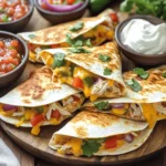 - 2 cups cooked chicken breast, shredded - 1 cup shredded Monterey Jack cheese - 1 cup shredded cheddar cheese - 1 cup bell peppers (mixed colors), diced - 1 small red onion, thinly sliced - 1 tablespoon olive oil - 1 teaspoon ground cumin - 1 teaspoon chili powder - Salt and pepper to taste - 4 large flour tortillas - Salsa and sour cream for serving To make easy chicken quesadillas, use fresh ingredients. The chicken should be cooked and shredded. I like to use a mix of colors for the bell peppers. They add great flavor and make the dish look nice. You can choose any cheese you like, but Monterey Jack and cheddar blend very well. - Large skillet - Spatula - Knife or pizza cutter Having the right tools makes cooking easier. A large skillet helps cook the quesadillas evenly. A spatula is great for flipping them without breaking. Use a sharp knife or pizza cutter to slice the quesadillas into wedges. This makes serving simple. - Calories per serving: Approximately 400 - Protein: 30g - Fat: 20g - Carbs: 30g These quesadillas are not just tasty but also filling. Each serving gives you a good amount of protein. They can be a great option for lunch or dinner. For more details on the cooking process, check out the Full Recipe. - Shred the cooked chicken. - Dice bell peppers and slice onion. Start with the chicken. If you have leftover chicken, that's perfect! Shredded chicken adds great texture. You can use a fork or your hands to shred it into bite-sized pieces. Next, take your bell peppers. I like to use red, yellow, and green for color. Chop them into small cubes. This helps them cook quickly. Now, slice the onion thinly. This way, it will soften and mix well with the other ingredients. - Heat olive oil and sauté vegetables. - Add chicken and spices, mix well. Grab a large skillet and heat some olive oil over medium heat. You want it hot, but not smoking. Once the oil is warm, toss in the sliced onion and diced bell peppers. Sauté them for about five minutes. Stir often to prevent burning. You want them soft and fragrant. After that, add the shredded chicken to the skillet. Sprinkle in ground cumin, chili powder, salt, and pepper. Mix it all well and cook for another two to three minutes. This lets the spices soak into the chicken and veggies. - Layer cheese and filling on tortillas. - Cook in the skillet until crispy. Now comes the fun part: assembling the quesadillas! Take two large flour tortillas and lay them down flat. On each tortilla, sprinkle half of the shredded Monterey Jack and cheddar cheese. Next, spoon half of your chicken and pepper mixture on top of the cheese. Don’t forget to top it off with the remaining cheese. Now, place another tortilla on top of each. Heat your skillet again, this time on medium-low. Cook each quesadilla for about four to five minutes on one side. When they're golden brown, flip them over. Cook the other side for another four to five minutes. You want both sides crispy and the cheese melted. Once done, take them out and let them cool for a minute. Use a sharp knife or pizza cutter to slice them into wedges. Serve warm and enjoy your easy chicken quesadillas! For the full recipe, check out the detailed instructions above. To get that perfect crispiness, I suggest using medium-low heat. This allows the tortillas to toast slowly. You want them golden brown, not burnt. Use a non-stick skillet for ease. If you want extra crunch, lightly brush the tortillas with olive oil before cooking. For melting cheese effectively, layer your cheese generously. Use a mix of Monterey Jack and cheddar for the best flavor. Start with a low heat to help the cheese melt evenly. Cover the skillet with a lid. This traps heat and helps the cheese melt faster. The best dips for quesadillas are salsa and sour cream. They add creaminess and zest. You can also try guacamole for a rich taste. For gatherings, serve quesadillas on a large platter. Cut them into wedges for easy sharing. Add bowls of dips around the platter for a fun touch. One big mistake is overfilling the quesadilla. This can make it hard to flip and cook evenly. Stick to a small amount of filling. Another mistake is cooking at too high a heat. This can burn the tortillas before the cheese melts. Keep the heat moderate for a perfect quesadilla. {{image_4}} For a vegetarian twist, swap chicken for black beans or lentils. Both options add protein and taste. You might also try tofu or tempeh for a heartier meal. For veggies, use spinach, mushrooms, or zucchini. These ingredients bring flavor and color. Don't forget cheese! I recommend using a mix of Monterey Jack and mozzarella for a creamy texture. Want a kick? Add jalapeños or a splash of hot sauce to your chicken mix. These ingredients give your quesadillas heat and zest. If you prefer milder spice, adjust seasoning levels. Start with less chili powder and taste as you go. You can always add more! Cheese makes quesadillas special. Try different cheeses to explore new flavors. Pepper Jack cheese adds spice, while goat cheese offers a tangy twist. If you're dairy-free, many great non-dairy cheeses are available. Look for brands that melt well, like cashew or almond-based cheeses. They can make your quesadillas just as delicious! To keep your easy chicken quesadillas fresh, you should store them properly. First, let the quesadillas cool down to room temperature. This step prevents moisture build-up. Then, place them in an airtight container. This keeps them safe from air and moisture. You can also wrap them tightly in plastic wrap. Store them in the fridge for up to three days. When it’s time to eat leftovers, you want them crispy again. For the best results, use the oven. Preheat your oven to 375°F (190°C). Place the quesadillas on a baking sheet and cook for about 10-15 minutes. This method helps keep the outside crunchy. If you need to use a microwave, place a damp paper towel over the quesadilla. This keeps it from drying out. Heat it for 30-60 seconds, but know that it won’t be as crispy. You can freeze easy chicken quesadillas for later. Wrap each quesadilla in plastic wrap. Then, place them in a freezer-safe bag or container. Make sure to remove as much air as possible. They can last in the freezer for up to three months. When you’re ready to eat them, take them out and thaw in the fridge overnight. After thawing, you can reheat in the oven or microwave as described before. Enjoy your tasty meal anytime! For the full recipe, check out the instructions above. Easy chicken quesadillas can last about 3 to 4 days in the fridge. To store them, wrap each quesadilla in plastic wrap or foil. Place them in an airtight container to keep them fresh. Make sure to cool them down to room temperature before putting them in the fridge. This prevents moisture, which can make them soggy. Yes, you can use corn tortillas! However, the texture and flavor will be different. Corn tortillas have a more distinct taste and can be a bit crunchier. They may not hold as much filling as flour tortillas, so be careful not to overfill. If you enjoy a stronger corn flavor, corn tortillas are a great choice. If you want to switch up the protein, there are many options! You can use shredded beef, pork, or turkey instead of chicken. For a plant-based option, try black beans, lentils, or tofu. Each choice adds a unique taste to the quesadilla. Just make sure to season your alternative protein well to keep it tasty! You learned how to make tasty chicken quesadillas. We covered the ingredients, cooking tools, and step-by-step instructions. I shared tips for cooking and serving, plus ways to avoid common mistakes. You can even try variations and store leftovers easily. My final thoughts: these quesadillas are perfect for any meal. They are fun to make and customize. Enjoy experimenting with flavors and sharing with friends!