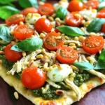 Creating a tasty Pesto Chicken Flatbread starts with the right ingredients. Here’s what you need: - Flatbread options: You can choose either store-bought flatbread or make it at home. Store-bought saves time, while homemade adds a personal touch. If you choose to make your own, a simple dough of flour, water, and salt works well. - Cooked chicken breast details: Use cooked chicken breast that you can shred into bite-sized pieces. Leftover chicken works fine. If you prefer, grab a rotisserie chicken for added flavor. - Pesto choice: You can use homemade basil pesto for a fresh taste or go for store-bought if you're short on time. Both options work well, but homemade always shines with its vibrant flavor. - Cheese and additional toppings: Shredded mozzarella cheese is perfect for this recipe. You can also add cherry tomatoes for a juicy burst of flavor. Toasted pine nuts give a nice crunch and nutty aroma. Don’t forget fresh basil leaves for a fragrant finish. These ingredients combine to create a dish that is both simple and delicious, perfect for any meal. For the full recipe, check out the details above. Preheating your oven is key. Set it to 400°F (200°C). This temperature helps the flatbread cook evenly. A hot oven makes the edges crispy and the cheese bubbly. Aim for about 10 minutes of preheating. This step ensures your flatbread bakes perfectly. Start with a clean baking sheet. Place parchment paper on it. This prevents sticking and makes cleanup easy. Lay your flatbread flat on the paper. If you make your own flatbread, let it cool before adding toppings. A cool flatbread holds toppings better. Now, let’s build your flatbread. - Spreading pesto evenly: Take the fresh basil pesto. Use the back of a spoon to spread it. Leave a small border around the edges. This keeps the toppings from spilling over during baking. - Combining chicken with seasonings: Grab the shredded chicken. In a bowl, drizzle it with olive oil. Season it with salt and black pepper. Mix well, so every piece gets flavor. Spread the chicken over the pesto layer. - Proper cheese distribution: Next, add mozzarella cheese. Sprinkle it generously over the chicken. Make sure to cover all the chicken. This way, every bite will be cheesy and delicious. - Adding tomatoes and pine nuts: Halve the cherry tomatoes. Spread them evenly on the flatbread. They add a fresh burst of flavor. Now, toast the pine nuts in a skillet for 2-3 minutes. Once golden, sprinkle them on top. This adds a nice crunch and nutty taste. Follow these steps for a perfect Pesto Chicken Flatbread. For the full recipe, check the detailed instructions above. To get crispy edges and bubbly cheese, follow a few key steps. First, ensure your oven is hot enough. Preheat it to 400°F (200°C) before baking. This high heat helps the flatbread get crispy fast. Use parchment paper on your baking sheet. This prevents sticking and makes cleanup easy. When spreading the toppings, avoid overloading. Too many toppings can make it soggy. Keep a small border around the edges for best results. You can swap traditional basil pesto for other tasty options. Try sun-dried tomato pesto for a rich flavor. Spinach pesto adds a fresh twist and bright color. You could use arugula for a peppery kick. Nut-free pesto can be made by skipping pine nuts and using seeds instead. Don’t be afraid to experiment with herbs and flavors! Using rotisserie chicken is a great shortcut. It saves time and adds great flavor. Just shred the chicken and season it. If you have leftovers, use them! They work perfectly in this recipe. You can also cook chicken breast quickly in a pan. Just season it well and shred it when it’s cooked. This adds a nice touch to your flatbread! {{image_4}} If you want to make a vegetarian version of pesto chicken flatbread, you can easily swap out the chicken for vegetables. Use a mix of your favorite veggies like bell peppers, zucchini, and mushrooms. Slice them thinly for even cooking. Sauté the veggies lightly in olive oil for extra flavor before layering them on the flatbread. This option keeps the dish colorful and healthy. You can also experiment with different cheeses to change up the flavor. While mozzarella is a classic choice, try using goat cheese, feta, or even a sharp cheddar. Each cheese adds its own unique taste. Mixing cheeses can also create a richer flavor. Feel free to use a blend to find your favorite combination. For those needing gluten-free options, there are great alternatives to traditional flatbread. Look for gluten-free flatbreads at the store or use a cauliflower crust. You can also make your own with almond flour or chickpea flour. These options let everyone enjoy this dish without worrying about gluten. For the full recipe, check out the [Full Recipe]. To keep your pesto chicken flatbread fresh, store it in the fridge. Use an airtight container to prevent moisture. Place parchment paper between layers if stacking. This keeps the textures nice. Try to eat leftovers within three days for the best taste. When reheating, use the oven for best results. Preheat your oven to 350°F (175°C). Place the flatbread on a baking sheet. Cover it lightly with aluminum foil to keep it from drying out. Heat for about 10 minutes. This keeps the edges crispy and the cheese gooey. You can freeze this flatbread for later. After baking, let it cool completely. Wrap it tightly in plastic wrap, then in foil. This prevents freezer burn. To thaw, place it in the fridge overnight. Reheat in the oven to restore its texture. Enjoy your easy meal anytime! You can enjoy this dish with various sides. Here are some tasty options: - A fresh garden salad with mixed greens - Crispy French fries or sweet potato fries - A bowl of tomato soup for dipping - Roasted vegetables for a healthy touch - Sparkling water or a light white wine These pair well with the flavors of the flatbread. Feel free to mix and match! Yes, you can prep parts of this dish ahead of time. Here are some tips: - Shred the chicken and store it in the fridge for up to three days. - Prepare the pesto in advance and keep it in an airtight container. - You can even assemble the flatbread without baking it. Just cover it and store it in the fridge. Bake it the next day for a hot meal. Pesto Chicken Flatbread stays fresh for about three days in the fridge. To store it: - Wrap the leftover flatbread tightly in plastic wrap or foil. - Place it in an airtight container for extra protection. - Reheat in the oven to keep it crispy, about 10 minutes at 350°F (175°C). This way, you can savor those wonderful flavors even after the first meal! In this blog post, we covered how to make a tasty Pesto Chicken Flatbread. We discussed ingredients like flatbread options, chicken, and cheese. I shared step-by-step instructions, cooking tips, and variations, including vegetarian and gluten-free choices. You learned how to store leftovers and reheat them well. Now, you have all you need to create this dish. Enjoy making it your own and savor every bite. Happy cooking!