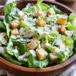 To make a classic Caesar salad, gather these key items: - 1 large head of romaine lettuce, washed and chopped - 1 cup croutons, for crunch - 1/2 cup freshly grated Parmesan cheese - 1/4 cup creamy mayonnaise - 2 tablespoons fresh lemon juice - 1 tablespoon Dijon mustard - 1 garlic clove, minced - 1 teaspoon Worcestershire sauce (optional) - Salt and black pepper to taste Each ingredient plays a vital role. The romaine gives a crisp base, while the croutons add texture. Parmesan cheese brings rich flavor. The dressing, made from mayonnaise, lemon, mustard, and garlic, ties everything together. Feel free to mix in some optional ingredients: - Grilled chicken or shrimp for protein - Cherry tomatoes for a burst of sweetness - Anchovies for a savory kick - Fresh herbs like parsley or basil for extra flavor These choices let you tailor the salad to your taste. Add what you love or what you have on hand. To elevate your Caesar salad, consider these tips: - Use fresh, crisp romaine for the best texture. - Make your croutons at home for extra flavor. - Always use fresh lemon juice for brightness. - Grate Parmesan cheese just before using for a fresher taste. Follow these guidelines, and you will create a Caesar salad that shines. For the complete recipe, check the Full Recipe section. To make the dressing, start with a large mixing bowl. Add 1/4 cup of creamy mayonnaise. Then, squeeze in 2 tablespoons of fresh lemon juice. Next, add 1 tablespoon of Dijon mustard. This adds a nice tang. Now, take 1 garlic clove and mince it finely, then toss it into the bowl. If you want more flavor, include 1 teaspoon of Worcestershire sauce. Whisk everything together until you have a smooth and creamy mix. After mixing, taste the dressing. This step is key! Add salt and freshly cracked black pepper as needed. The goal is to find a balance in flavors. Adjust the seasoning based on your taste. You want it to be perfect for your salad! Grab another large bowl for the salad. Place the chopped romaine lettuce in it. Drizzle the prepared dressing generously over the lettuce. Use tongs to toss the lettuce gently. Make sure every piece gets a nice coat of that creamy dressing. Now, fold in the croutons and half of the grated Parmesan cheese. Be careful not to crush the lettuce or croutons! Once mixed, transfer the salad to a serving platter. Top with the remaining Parmesan cheese for a lovely finish. Finally, sprinkle some freshly cracked black pepper on top to boost flavor. Enjoy your Classic Caesar Salad! For the full recipe, check out the Crispy Caesar Salad Delight 🥗. To make the best Caesar dressing, use fresh ingredients. I love creamy mayonnaise for a rich base. Combine it with fresh lemon juice for brightness. Add Dijon mustard for a nice tang. Don’t forget minced garlic! It gives the dressing depth. Also, Worcestershire sauce adds a hint of umami. Mix everything well until it's smooth and creamy. Crisp lettuce is key for a great Caesar salad. Start with a large head of romaine. Wash it well to remove dirt and grit. After washing, dry the leaves thoroughly to avoid sogginess. A salad spinner works wonders here. Chop the lettuce into bite-sized pieces. This helps it stay crisp and makes it easy to eat. Croutons add crunch to your Caesar salad. Use store-bought ones for ease or make your own. If making croutons, use stale bread for the best texture. Cut the bread into cubes and toss them with olive oil. Bake until they are golden and crunchy. This enhances the flavor and gives you a delightful crunch with each bite. For a personal touch, add herbs or garlic powder before baking. For the full recipe, check out the details above! {{image_4}} You can add many proteins to your Caesar salad for more flavor. Grilled chicken is popular. It brings a juicy taste and pairs well with the dressing. Shrimp adds a nice touch, too. Just grill or sauté them until cooked through. Another great option is salmon. It adds richness and works well with the tangy dressing. You can also try tofu for a vegetarian twist. Marinate it first for extra flavor. If you want a vegan Caesar salad, swap the mayonnaise for a plant-based version. You can use cashew cream or vegan mayo. These options keep the salad creamy without eggs. For the cheese, use a vegan Parmesan or nutritional yeast. These give a cheesy flavor without dairy. You can also add extra veggies like avocado. This adds creaminess and healthy fats. The flavors still shine, making it tasty for everyone. Caesar salad has many regional twists. In Mexico, you might find chipotle added for a smoky flavor. Some places use anchovies, while others skip them for a cleaner taste. In Italy, a Caesar salad might include capers or olives. These add a briny kick that contrasts with the creamy dressing. You can even find it topped with grilled vegetables in some regions. These variations show how the classic Caesar salad adapts to different tastes. Each version brings something unique while keeping the heart of the dish. Experiment with these ideas to find your favorite! After enjoying your Classic Caesar Salad, store leftovers in an airtight container. This keeps the salad fresh and prevents wilting. Keep the salad and dressing separate if possible. This helps maintain the crunch of the lettuce and the crispness of the croutons. If you mix them, eat the salad within a day to enjoy the best texture. To keep romaine lettuce fresh, wrap it in a damp paper towel. Place it in a plastic bag and store it in the fridge. This method keeps the lettuce crisp. For croutons, store them in a sealed container at room temperature. Keep Parmesan cheese in the fridge in an airtight container to prevent it from drying out. Reheating a salad is not ideal, but you can save components. If you have extra dressing, store it in the fridge for up to a week. You can use it on other salads or sandwiches. If you want to reheat croutons, place them in the oven for a few minutes at 350°F (175°C) to regain their crunch. Enjoy your salad in its best form! For the full recipe, check out the Crispy Caesar Salad Delight. Caesar Salad started in the 1920s in Tijuana, Mexico. Chef Caesar Cardini created it. He made it for guests at his restaurant. The salad had fresh romaine, croutons, and a special dressing. People loved the blend of flavors. It quickly grew in popularity and spread worldwide. Now, it’s a staple on many menus. Yes, you can make Caesar Salad without anchovies. Some people prefer to leave them out. You can use capers for a similar salty taste. Another option is to add a splash of soy sauce. These swaps help keep the flavor rich and tasty. Homemade Caesar dressing can last about one week in the fridge. Store it in a sealed container. Always check for signs of spoilage before using. If it looks or smells off, it’s best to throw it out. Enjoy fresh dressing for the best taste! Check out the Full Recipe for more details on how to make this delicious salad! This blog post covered classic Caesar salad, from key ingredients to tasty variations. You learned how to make a rich dressing, use crisp lettuce, and enhance flavor with great croutons. Remember, you can customize your salad with proteins or try vegan options. Proper storage keeps your leftovers fresh for next time. A good Caesar salad is all about balance and quality. Use this guide to create a delicious meal that you and others will love. Enjoy crafting your perfect Caesar salad!