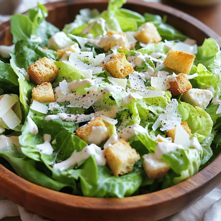 To make a classic Caesar salad, gather these key items: - 1 large head of romaine lettuce, washed and chopped - 1 cup croutons, for crunch - 1/2 cup freshly grated Parmesan cheese - 1/4 cup creamy mayonnaise - 2 tablespoons fresh lemon juice - 1 tablespoon Dijon mustard - 1 garlic clove, minced - 1 teaspoon Worcestershire sauce (optional) - Salt and black pepper to taste Each ingredient plays a vital role. The romaine gives a crisp base, while the croutons add texture. Parmesan cheese brings rich flavor. The dressing, made from mayonnaise, lemon, mustard, and garlic, ties everything together. Feel free to mix in some optional ingredients: - Grilled chicken or shrimp for protein - Cherry tomatoes for a burst of sweetness - Anchovies for a savory kick - Fresh herbs like parsley or basil for extra flavor These choices let you tailor the salad to your taste. Add what you love or what you have on hand. To elevate your Caesar salad, consider these tips: - Use fresh, crisp romaine for the best texture. - Make your croutons at home for extra flavor. - Always use fresh lemon juice for brightness. - Grate Parmesan cheese just before using for a fresher taste. Follow these guidelines, and you will create a Caesar salad that shines. For the complete recipe, check the Full Recipe section. To make the dressing, start with a large mixing bowl. Add 1/4 cup of creamy mayonnaise. Then, squeeze in 2 tablespoons of fresh lemon juice. Next, add 1 tablespoon of Dijon mustard. This adds a nice tang. Now, take 1 garlic clove and mince it finely, then toss it into the bowl. If you want more flavor, include 1 teaspoon of Worcestershire sauce. Whisk everything together until you have a smooth and creamy mix. After mixing, taste the dressing. This step is key! Add salt and freshly cracked black pepper as needed. The goal is to find a balance in flavors. Adjust the seasoning based on your taste. You want it to be perfect for your salad! Grab another large bowl for the salad. Place the chopped romaine lettuce in it. Drizzle the prepared dressing generously over the lettuce. Use tongs to toss the lettuce gently. Make sure every piece gets a nice coat of that creamy dressing. Now, fold in the croutons and half of the grated Parmesan cheese. Be careful not to crush the lettuce or croutons! Once mixed, transfer the salad to a serving platter. Top with the remaining Parmesan cheese for a lovely finish. Finally, sprinkle some freshly cracked black pepper on top to boost flavor. Enjoy your Classic Caesar Salad! For the full recipe, check out the Crispy Caesar Salad Delight 🥗. To make the best Caesar dressing, use fresh ingredients. I love creamy mayonnaise for a rich base. Combine it with fresh lemon juice for brightness. Add Dijon mustard for a nice tang. Don’t forget minced garlic! It gives the dressing depth. Also, Worcestershire sauce adds a hint of umami. Mix everything well until it's smooth and creamy. Crisp lettuce is key for a great Caesar salad. Start with a large head of romaine. Wash it well to remove dirt and grit. After washing, dry the leaves thoroughly to avoid sogginess. A salad spinner works wonders here. Chop the lettuce into bite-sized pieces. This helps it stay crisp and makes it easy to eat. Croutons add crunch to your Caesar salad. Use store-bought ones for ease or make your own. If making croutons, use stale bread for the best texture. Cut the bread into cubes and toss them with olive oil. Bake until they are golden and crunchy. This enhances the flavor and gives you a delightful crunch with each bite. For a personal touch, add herbs or garlic powder before baking. For the full recipe, check out the details above! {{image_4}} You can add many proteins to your Caesar salad for more flavor. Grilled chicken is popular. It brings a juicy taste and pairs well with the dressing. Shrimp adds a nice touch, too. Just grill or sauté them until cooked through. Another great option is salmon. It adds richness and works well with the tangy dressing. You can also try tofu for a vegetarian twist. Marinate it first for extra flavor. If you want a vegan Caesar salad, swap the mayonnaise for a plant-based version. You can use cashew cream or vegan mayo. These options keep the salad creamy without eggs. For the cheese, use a vegan Parmesan or nutritional yeast. These give a cheesy flavor without dairy. You can also add extra veggies like avocado. This adds creaminess and healthy fats. The flavors still shine, making it tasty for everyone. Caesar salad has many regional twists. In Mexico, you might find chipotle added for a smoky flavor. Some places use anchovies, while others skip them for a cleaner taste. In Italy, a Caesar salad might include capers or olives. These add a briny kick that contrasts with the creamy dressing. You can even find it topped with grilled vegetables in some regions. These variations show how the classic Caesar salad adapts to different tastes. Each version brings something unique while keeping the heart of the dish. Experiment with these ideas to find your favorite! After enjoying your Classic Caesar Salad, store leftovers in an airtight container. This keeps the salad fresh and prevents wilting. Keep the salad and dressing separate if possible. This helps maintain the crunch of the lettuce and the crispness of the croutons. If you mix them, eat the salad within a day to enjoy the best texture. To keep romaine lettuce fresh, wrap it in a damp paper towel. Place it in a plastic bag and store it in the fridge. This method keeps the lettuce crisp. For croutons, store them in a sealed container at room temperature. Keep Parmesan cheese in the fridge in an airtight container to prevent it from drying out. Reheating a salad is not ideal, but you can save components. If you have extra dressing, store it in the fridge for up to a week. You can use it on other salads or sandwiches. If you want to reheat croutons, place them in the oven for a few minutes at 350°F (175°C) to regain their crunch. Enjoy your salad in its best form! For the full recipe, check out the Crispy Caesar Salad Delight. Caesar Salad started in the 1920s in Tijuana, Mexico. Chef Caesar Cardini created it. He made it for guests at his restaurant. The salad had fresh romaine, croutons, and a special dressing. People loved the blend of flavors. It quickly grew in popularity and spread worldwide. Now, it’s a staple on many menus. Yes, you can make Caesar Salad without anchovies. Some people prefer to leave them out. You can use capers for a similar salty taste. Another option is to add a splash of soy sauce. These swaps help keep the flavor rich and tasty. Homemade Caesar dressing can last about one week in the fridge. Store it in a sealed container. Always check for signs of spoilage before using. If it looks or smells off, it’s best to throw it out. Enjoy fresh dressing for the best taste! Check out the Full Recipe for more details on how to make this delicious salad! This blog post covered classic Caesar salad, from key ingredients to tasty variations. You learned how to make a rich dressing, use crisp lettuce, and enhance flavor with great croutons. Remember, you can customize your salad with proteins or try vegan options. Proper storage keeps your leftovers fresh for next time. A good Caesar salad is all about balance and quality. Use this guide to create a delicious meal that you and others will love. Enjoy crafting your perfect Caesar salad!