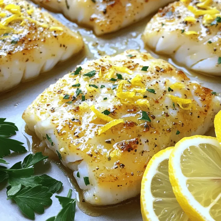 To make baked lemon herb cod, you need fresh ingredients. Here’s what you will need: - 4 cod fillets (approximately 6 oz each) - 2 tablespoons extra virgin olive oil - 3 cloves of garlic, finely minced - Zest and juice of 1 large lemon - 1 teaspoon dried oregano - 1 teaspoon dried thyme - 1 teaspoon smoked paprika - Salt and freshly ground black pepper, to taste - Fresh parsley, finely chopped (for garnish) - Lemon slices, for serving These ingredients come together to create a bright and tasty dish. The cod fillets serve as a perfect canvas for the lemon and herbs. The olive oil helps to keep the fish moist, while the garlic adds a nice punch. The lemon zest and juice brighten the flavors, making each bite refreshing. Dried oregano and thyme bring an earthy note, and the smoked paprika adds depth. Don’t forget to taste as you go! Adjust the salt and pepper to your liking. Fresh parsley will add a lovely touch at the end. This simple list makes it easy to pull together a delicious meal. For the full recipe, check out the detailed instructions. - Preheat your oven to 400°F (200°C). - Get a baking dish ready for the cod. - In a bowl, mix olive oil, minced garlic, lemon zest, and lemon juice. - Add oregano, thyme, smoked paprika, salt, and pepper. Stir well. - Coat the cod fillets with the marinade. Make sure each piece is covered. - Let the cod marinate for 15 minutes. This helps the flavors soak in. - Place the marinated cod in the oven. - Bake for 12-15 minutes until the fish is flaky. Check with a fork. This simple process makes a tasty meal. You can find the full recipe above for all the details. To get the best cod, you need to check for doneness. The fish should flake easily with a fork. This means it’s cooked just right. If it feels firm or rubbery, it needs more time. After baking, let the cod rest for a few minutes. This step helps keep the moisture inside. A moist cod is always more tasty. You can boost the flavor with spices. Try adding a bit of chili powder for heat. Or, mix in some fresh dill or cilantro for a herb twist. Fresh herbs add brightness but should go on right before serving. This keeps their flavor fresh. To plate your baked cod, use a nice serving platter. Place the cod in the center. Arrange lemon slices around it. A sprinkle of parsley on top adds a pop of color. For a complete meal, serve with steamed veggies or a light salad. This makes your dish look and taste great. For the full recipe, check the section above. {{image_4}} If you cannot find cod, don't worry! You can use other fish. Great choices include haddock, tilapia, or even salmon. Each of these fish has a unique taste. Just remember to adjust the cooking time based on thickness. For example, salmon may need just a minute or two longer than cod. Want to spice things up? You can add heat with chili flakes or jalapeño. This gives your dish a nice kick. If you prefer fresh herbs, try dill, basil, or cilantro. Each herb changes the taste in a fun way. Experimenting with these flavors makes every meal exciting. Pair your baked lemon herb cod with tasty sides. Steamed vegetables like broccoli or green beans add crunch. A fresh salad with mixed greens brings brightness to your plate. You can also serve it with grains like quinoa or rice. These sides complete the meal and make it even more enjoyable. For the full recipe, check out [Full Recipe]. How long can you keep baked cod in the fridge? After baking, cod can stay fresh for about three days in the fridge. Store it in an airtight container to keep it moist. What are the best practices for reheating? For reheating, place the cod on a baking sheet. Preheat your oven to 350°F (175°C). Heat it for about 10 minutes. This method keeps the fish tender and flaky, just like when it was fresh. How do you freeze leftover cod? To freeze, wrap each fillet tightly in plastic wrap. Then, place them in a freezer bag. Make sure to remove as much air as possible to avoid freezer burn. Cod can last up to three months in the freezer. What are the thawing and reheating tips? To thaw, move the cod to the fridge overnight. For reheating, follow the same method as before, heating in the oven at 350°F (175°C) for about 10 minutes. How can you prepare ahead for busy days? You can marinate the cod the night before. Keep it in the fridge overnight. This way, the flavors blend well, and you save time during dinner. What are some quick meal assembly suggestions for leftovers? Use leftover cod in a salad or a taco. Flake the fish and mix it with fresh veggies, lime juice, and some spices. It makes for a quick and tasty meal! You bake cod at 400°F for about 12 to 15 minutes. The exact time depends on the thickness of your fish fillets. Thicker fillets may need a bit longer, while thinner ones cook faster. Cod is done when it flakes easily with a fork. This means it is tender and moist. The best temperature to cook cod is 400°F. This temperature cooks the fish evenly. It gives you a nice, flaky texture without drying the fish out. Some people like to cook cod at 375°F or even 425°F. Both can work, but 400°F strikes a perfect balance. Yes, you can cook frozen cod without thawing it first. However, you need to adjust the cooking time. Add an extra 5 to 10 minutes to your bake time. This ensures the fish cooks through evenly. Always check for doneness by seeing if it flakes easily. For a tasty meal, follow the [Full Recipe]. This blog post showed you how to prepare tasty baked cod. We discussed ingredients, step-by-step instructions, and tips for perfecting your dish. You learned about variations, storage options, and answers to common questions. Baking cod can be quick and simple. With fresh flavors and smart techniques, you can impress anyone at your table. Enjoy your cooking adventure and make each meal special with cod!