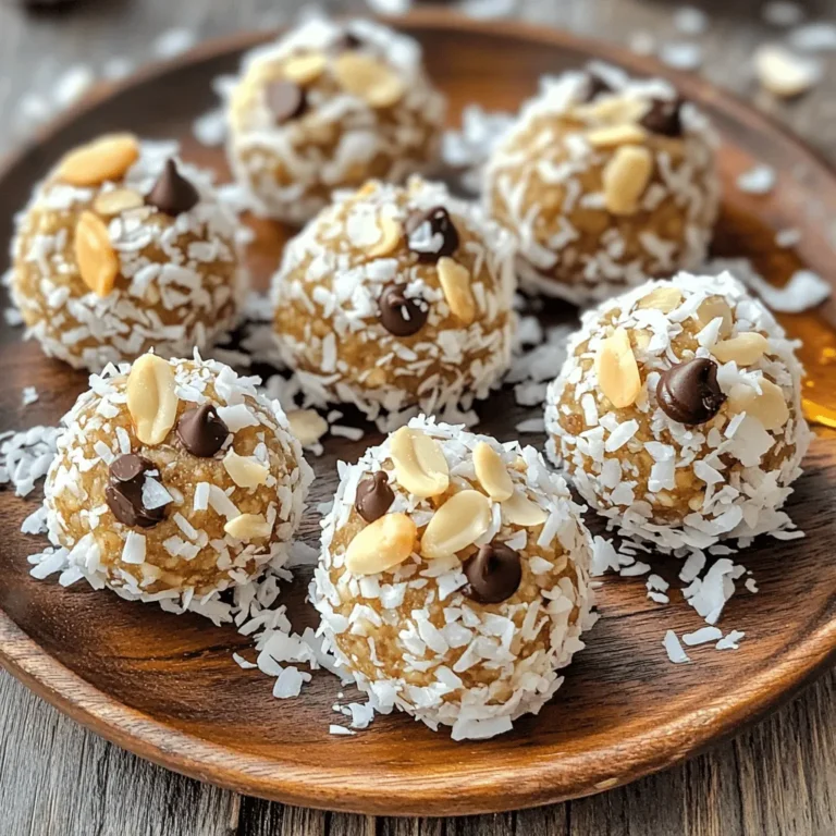To make Almond Joy Energy Bites, gather these ingredients: - 1 cup almond butter - 1/2 cup honey or maple syrup - 1 1/2 cups rolled oats - 1/2 cup shredded coconut - 1/4 cup chopped almonds (lightly toasted) - 1/4 cup dark chocolate chips (dairy-free for vegan) - 1 tsp vanilla extract - Pinch of salt These ingredients create a delicious blend of flavors and textures. The almond butter gives a creamy base, while the oats add heartiness. The coconut and chocolate chips provide sweetness, making these bites a treat. If you have allergies or want to make swaps, here are some ideas: - Nut allergies: Use sunflower seed butter instead of almond butter. - Sweeteners: Replace honey with agave syrup for a vegan option. - Gluten-free: Choose certified gluten-free rolled oats. - Coconut: If you dislike coconut, skip it or try ground flaxseed. - Chocolate: Use carob chips instead of dark chocolate for a different flavor. These substitutes keep the energy bites tasty while meeting your needs. For the best flavor and quality, I suggest these brands: - Almond Butter: Look for brands like Justin's or MaraNatha. - Honey or Maple Syrup: Try local honey or Pure Maple for great taste. - Rolled Oats: Quaker or Bob's Red Mill offer reliable options. - Shredded Coconut: Look for unsweetened options from Native Forest or Let's Do Organic. - Dark Chocolate Chips: Enjoy Life or Ghirardelli provide tasty dairy-free options. These brands ensure your Almond Joy Energy Bites are as delicious as possible! To make Almond Joy Energy Bites, start by gathering your ingredients. You will need almond butter, honey, rolled oats, shredded coconut, chopped almonds, dark chocolate chips, vanilla extract, and a pinch of salt. 1. In a large mixing bowl, combine the almond butter and honey (or maple syrup). Use a spatula to mix until smooth. 2. Gradually add the rolled oats, shredded coconut, chopped almonds, dark chocolate chips, vanilla extract, and a pinch of salt. 3. Mix everything thoroughly with a spatula or your hands. Aim for a sticky yet firm consistency. 4. Cover the bowl with plastic wrap and chill in the refrigerator for about 30 minutes. This firms up the mix. 5. Once chilled, dampen your hands with water to stop the mix from sticking. Roll the mixture into small balls, about 1 inch wide, and place them on a baking sheet lined with parchment paper. 6. If you like, sprinkle a bit more shredded coconut or chopped almonds on top of each ball. 7. Chill the baking sheet in the refrigerator for another 30 minutes. This helps the bites hold their shape. When mixing, it’s key to really combine all the ingredients. If the mix feels too dry, add a little more almond butter or honey. If it’s too wet, a bit more oats can help. You want a mix that sticks together but doesn’t fall apart. Using your hands can help you feel the texture better. A good mix will hold its shape when you roll it into a ball. If it crumbles, just add a splash of moisture. Dampen your hands before rolling. This simple step makes it easier to shape the bites without sticking. Roll the mixture into balls about 1 inch in size. This size is perfect for a quick snack. Once you have rolled all the bites, place them on a baking sheet. You can use parchment paper for easy cleanup. If you want, top them with extra coconut or almonds. This adds a nice touch and makes them look even better. For an eye-catching display, arrange the bites on a decorative plate or in a mason jar. Enjoy these tasty treats as a snack or a quick energy boost! For the complete recipe, check out the Full Recipe. To make sure your energy bites hold their shape, chilling the mixture is key. After mixing, cover the bowl and chill for 30 minutes. This step firms up the mix. Also, dampen your hands slightly when shaping the bites. This prevents sticking and helps form neat balls. If they still seem soft, chill them longer before rolling. You can add a few fun twists to your Almond Joy Energy Bites. Try mixing in peanut butter for added creaminess. You could also swap the dark chocolate chips for white chocolate or even cocoa nibs. Want a nutty crunch? Add more chopped almonds or even some walnuts. For a tropical touch, toss in dried fruit like raisins or cranberries. One common mistake is not measuring ingredients correctly. Be precise with your almond butter and oats. If you add too much liquid, the bites can get too sticky. Another mistake is skipping the chilling step. Chilling helps the bites firm up, so don’t skip it. Lastly, avoid making them too big. Aim for bite-sized portions for easy snacking. For the full recipe, don't forget to check the detailed instructions provided earlier! {{image_4}} You can make these Almond Joy Energy Bites nut-free by using sun butter. This smooth spread works well and keeps the bites creamy. For a gluten-free version, choose certified gluten-free oats. Both swaps allow everyone to enjoy these tasty treats. To change the flavor, swap almond butter for cashew or peanut butter. Each nut butter brings its own taste. You can also replace dark chocolate chips with white chocolate for a sweeter bite. Adding a dash of cinnamon gives a warm spice that pairs well with coconut. Boost the protein by mixing in protein powder. A scoop of vanilla or chocolate protein blends well. For extra nutrition, try adding chia seeds or hemp seeds. Both are superfoods that add texture and health benefits. You can also mix in some ground flaxseed for fiber. To keep your Almond Joy Energy Bites fresh, place them in an airtight container. Line the container with parchment paper to prevent sticking. This method works well for short-term storage. You can keep them in the fridge for up to one week. If you want to keep them longer, freezing is a great option. These energy bites last about one week in the fridge. If you freeze them, they can last up to three months. To freeze, place the bites in a single layer on a baking sheet. Freeze them for about an hour, then transfer to a freezer bag. This method prevents them from sticking together. When you want to enjoy a bite, let it thaw in the fridge overnight. You can eat the bites straight out of the fridge or freezer. For a fun twist, serve them with fresh fruit. Pairing them with sliced apples or bananas adds flavor and texture. If you want a little extra, try drizzling some melted dark chocolate on top. This makes for a tasty treat that feels special! Yes, you can use other nut butters. Almond butter works great, but peanut butter is also a good choice. Sunflower seed butter is a nice nut-free option. Each nut butter brings its taste, so feel free to experiment. Just remember that the texture may change slightly. These energy bites are great for many diets. They are naturally gluten-free if you use gluten-free oats. They can be low in refined sugar if you choose unsweetened coconut and pure maple syrup. They are high in fiber and healthy fats, making them a good snack for anyone. To make these bites vegan, simply use maple syrup instead of honey. Also, choose dairy-free dark chocolate chips. With these small changes, you will have a tasty vegan treat. Enjoy them guilt-free while staying true to your dietary choices. For the full recipe, check the earlier section. In this blog post, we explored how to make Almond Joy Energy Bites. We covered the full ingredient list, suitable substitutes, and recommended brands. You learned step-by-step instructions for prep and tips for shaping them perfectly. We shared tricks to keep your bites solid and tasty variations to try. Proper storage methods and serving ideas ensure freshness. Remember, these energy bites fit many diets and are simple to adapt. Enjoy making and sharing these bites with your friends and family!