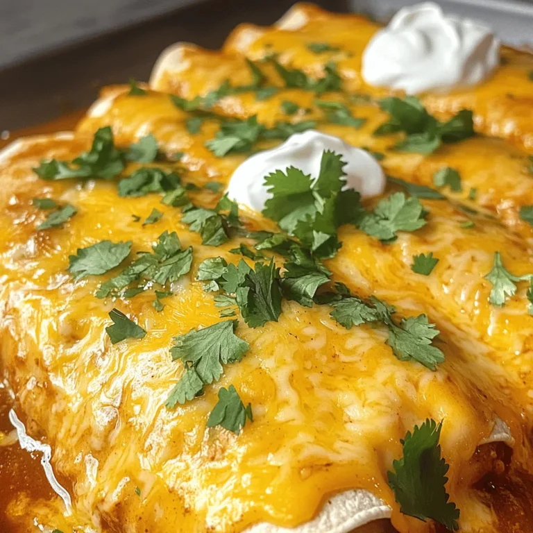 - 1 lb ground beef - 8 small flour tortillas - 1 can (10 oz) enchilada sauce - Fresh cilantro - Sour cream - 1 small onion - 2 cloves garlic - 1 teaspoon ground cumin - 1 teaspoon chili powder To make these easy beef enchiladas, you start with the main ingredients. Ground beef brings rich flavor and protein to the dish. I prefer using small flour tortillas because they wrap nicely around the filling. Enchilada sauce adds a delicious kick and moisture. For optional ingredients, fresh cilantro adds a burst of flavor and a nice touch of green. Sour cream serves as a cool, creamy contrast to the spicy enchiladas. Next, let’s talk about the seasoning and aromatics. Onion and garlic bring depth and aroma. I always use a small onion, finely chopped, and two cloves of garlic, minced. The spices, like ground cumin and chili powder, make the filling even more tasty. They create that authentic Mexican flavor you crave. You can find the full recipe [here]. 1. Browning the beef: Start by heating a large skillet over medium heat. Add 1 pound of ground beef. Cook it for about 5 to 7 minutes. You want it to be nicely browned. If there's too much grease, drain it. 2. Sautéing onion and garlic: Next, add 1 small chopped onion and 2 minced garlic cloves to the beef. Cook for another 3 to 4 minutes. The onion should turn soft and smell great. 3. Combine ingredients: Stir in 1 can of drained black beans, 1 teaspoon of ground cumin, 1 teaspoon of chili powder, and salt and pepper to taste. Mix well and cook for 2 more minutes. Remove the skillet from the heat. 1. Filling the tortillas: Preheat your oven to 375°F (190°C). Spread 1/2 cup of enchilada sauce in a 9x13 inch baking dish. Take a tortilla and place about 1/3 cup of the beef mixture in the center. Add a small amount of shredded cheese on top. Roll it up tight and place it seam-side down in the dish. 2. Repeat filling: Keep filling and rolling the rest of the tortillas until the dish is full of enchiladas. 3. Pouring sauce and cheese over: Pour the remaining enchilada sauce over the rolled tortillas. Make sure they are mostly covered. Then sprinkle the rest of the cheese on top. 1. Oven preheating: By now, your oven should be preheated to 375°F (190°C). 2. Covering and baking time: Cover the baking dish with aluminum foil. This helps the enchiladas cook evenly. Bake for 20 minutes. After that, remove the foil and bake for another 10 minutes. The cheese should melt and bubble nicely. Enjoy your Easy Beef Enchiladas! For the full recipe, check out the details above. You can save time by using pre-cooked beef. Many stores sell it, and it cuts down on cooking time. Just warm it before adding to the tortillas. Choosing store-bought enchilada sauce also helps. You can find tasty options in any grocery store. It saves you from making sauce from scratch, making this dish even quicker. To boost flavor, add spices to the beef mixture. A little extra cumin or chili powder can make a big difference. You can also try adding smoked paprika for a twist. For toppings, consider fresh cilantro or sliced jalapeños. Avocado slices or diced tomatoes add freshness too. Sour cream gives a nice creamy touch to each bite. Fresh tortillas make a big impact. If possible, buy them the day you cook. Warm them slightly before filling for better rolling. For gooey cheese, sprinkle some cheese inside the tortillas before rolling. Cover the dish with foil while baking to keep moisture in. Remove the foil later for a bubbly, golden cheese top. {{image_4}} You can change the meat in your enchiladas. Ground turkey or chicken works well. They have a nice, mild flavor. You still get a tasty dish with less fat. For a vegetarian option, use beans. Black beans or pinto beans are great choices. They add protein and fiber. Mix them in with the spices for a hearty filling. This way, everyone can enjoy a delicious meal. You have choices for sauce too. You can pick red or green enchilada sauce. Red sauce has a rich, deep flavor. Green sauce is often a bit tangier. Both are tasty and can change the dish. If you want to make your own sauce, it's easy! Blend tomatoes, chili peppers, and spices for a fresh taste. You can even make it spicy or mild based on your taste. Cheese is key for enchiladas. You can use different blends for flavor. Cheddar and Monterey Jack are classic choices. They melt well and taste great. If you want something unique, try pepper jack for a kick. For those who avoid dairy, there are dairy-free cheese options. Look for brands that melt nicely. They work well in this recipe too. Enjoy mixing and matching to find your favorite! To keep your beef enchiladas fresh, store them in the fridge. Place them in an airtight container. This helps to keep moisture in and flavors intact. If you have a lot of leftovers, you can also wrap them tightly in plastic wrap or foil. Remember to let them cool before you store them. This keeps the steam from making them soggy. If you want to freeze your enchiladas, follow these steps. First, wrap each enchilada tightly in plastic wrap. Then, place the wrapped enchiladas in a freezer-safe bag. Squeeze out as much air as you can. This method helps prevent freezer burn. When you are ready to eat them, take them out to thaw in the fridge overnight. To reheat, place them in the oven at 350°F (175°C) for about 25 minutes. For best taste, eat your beef enchiladas within three to four days when stored in the fridge. If you freeze them, they can last up to three months. After that, the flavor may fade. Always check for signs of spoilage before eating. Enjoy your Easy Beef Enchiladas from the Full Recipe again and again! Making Easy Beef Enchiladas takes about 40 minutes in total. You need 20 minutes to prep ingredients and another 20 minutes to bake them. This quick time makes it easy to enjoy a tasty meal any night. Yes, you can make this recipe ahead of time! Prepare the filling and fill the tortillas. Place them in the baking dish, cover tightly, and store in the fridge for up to 24 hours. When ready, just pour the sauce on top and bake. Yes, you can use gluten-free tortillas for this recipe. Many brands offer tasty options made from corn or rice. Just swap the flour tortillas for these. Make sure to check the labels for any other allergens, too. Beef Enchiladas taste great with many sides. Here are some popular choices: - Mexican rice - Refried beans - Fresh guacamole - A crisp garden salad - Corn on the cob These sides add flavor and balance to your meal, making it even more enjoyable. This article covered making Easy Beef Enchiladas from start to finish. We explored the basic and optional ingredients, learned step-by-step instructions for preparation and baking, and discovered tips for flavor and texture. We also discussed variations, storage options, and answered common questions. Enjoy customizing your enchiladas, and remember, cooking is all about exploring and having fun!