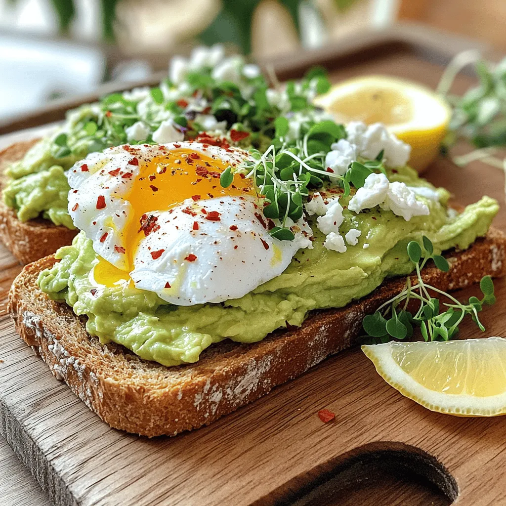 - 2 slices of whole-grain bread - 1 ripe avocado - 1 tablespoon fresh lemon juice - 1 large egg - Salt and freshly cracked black pepper to taste - 1/2 teaspoon red pepper flakes (adjust according to spice preference) - Fresh microgreens or arugula for garnish - Optional: 1 tablespoon feta cheese, crumbled Using these simple and fresh ingredients, you can create a delicious dish. Whole-grain bread gives a hearty base. The ripe avocado provides creaminess. Fresh lemon juice adds a bright zing. A perfectly poached egg brings richness and protein. The seasonings enhance every bite, while optional toppings like feta or greens add flair. I love how this meal can suit any time of day. Breakfast, lunch, or a snack—avocado toast with a poached egg fits the bill. The key is to pick good quality ingredients. Always choose ripe avocados. They should feel soft but not mushy. You can check the Full Recipe for more details on preparation. Enjoy making this delightful dish! To start, choose your toasting method. You can use a toaster or a skillet. I often prefer the skillet. It gives the bread a nice, crisp edge. - Toaster: Place the slices in a toaster until golden brown. - Skillet: Heat the skillet over medium heat. Add the bread and toast both sides until crispy. The goal is to achieve a lovely golden brown color and a crunchy texture. This base will hold all the delicious toppings. Next, let's poach the egg. Fill a pot with water and bring it to a gentle simmer. You can add a splash of vinegar to help the egg hold its shape. - Crack the egg into a small bowl gently. - Slide the egg into the simmering water. Let it cook for about 3-4 minutes. You want the whites fully set and a gooey yolk. Use a slotted spoon to lift the egg out and place it on a paper towel. This step ensures the egg is dry and ready to crown your toast. Now, it's time to mash the avocado. Cut the ripe avocado in half and scoop out the flesh into a bowl. - Use a fork to mash the avocado to your desired creaminess. Mix in one tablespoon of fresh lemon juice. This keeps it bright and adds flavor. Add salt and freshly cracked black pepper to taste. With the bread toasted and the avocado ready, it’s time to assemble. - Spread the creamy avocado generously on each slice of toast. Make sure to cover it well so every bite is delicious. Next, place the poached egg right on top of the avocado spread. Now for the fun part—garnishing! - Sprinkle red pepper flakes over the egg for a bit of heat. If you like, crumble some feta cheese over the top for extra flavor. Finish with a handful of fresh microgreens or arugula for a bright green touch. Presentation is key! Serve on a rustic wooden board with a wedge of lemon on the side. Enjoy this simple delight! You can find the full recipe for more details. To make a great poached egg, you can use a few methods. The classic way is to simmer water with a splash of vinegar. This helps the egg hold its shape. You can also try using a microwave or an egg poacher for quicker results. Common mistakes include cooking the egg too long or not using enough water. Make sure to check the time. Aim for a runny yolk, which takes about 3-4 minutes. Avoid cracking the egg directly into the water. Always crack it into a bowl first to keep the yolk whole. Choosing the right avocado is key. Look for avocados that yield slightly to gentle pressure. If they feel too soft, they may be overripe. Green avocados are not ready yet. To store avocados and prevent browning, keep them in the fridge once ripe. You can also sprinkle lemon juice on the cut side. This helps slow down oxidation. If you have leftover avocado, wrap it tightly in plastic wrap to keep it fresh. For the base of your avocado toast, whole grain bread is a popular choice. It adds fiber and flavor. If you prefer gluten-free, there are many options available made from almond or coconut flour. A good bread should be crusty on the outside and soft inside. Sourdough is another great option. It adds a nice tang to the dish. Choose bread that will hold up under the weight of the toppings without getting soggy. {{image_4}} You can make avocado toast even better with fun flavors. Adding proteins like smoked salmon or crispy bacon will give your toast a savory boost. Both options add texture and taste. You can also mix in fresh vegetables. Slices of juicy tomatoes or crunchy radishes add color and crunch. They make every bite exciting. Want a vegan option? You can use a tasty tofu or chickpea mash instead of the egg. This keeps it filling and healthy. For those needing gluten-free choices, look for gluten-free bread. Many options are out there, and they taste great. You can enjoy avocado toast no matter your diet. Take your taste buds on a trip! For a Mediterranean flair, add fresh herbs like basil or parsley and some olives. This twist brings a bright, fresh taste. If you prefer something spicy, try an Asian-style version. Drizzle sesame oil or sriracha on top for a kick. These unique flavors create a new experience with every bite. For the full recipe, check out the Avocado Toast Delight. To keep your avocado fresh, store it properly. Wrap the leftover avocado half in plastic wrap. Press the wrap against the flesh to reduce air exposure. You can also store it in an airtight container. Adding a splash of lemon juice can help, too. This slows down browning. To prevent browning, check on your avocado daily. If you see any brown spots, just scrape them off. The green part is still good to eat. When reheating toast, aim for crispness. Use a toaster for best results. If you use a microwave, the toast may become soggy. Heat it for a short time. Keep an eye on it to ensure it does not burn. Fresh avocado toast is best. However, you can enjoy leftovers the next day. Just remember, the texture may change. To save time on busy mornings, prep your ingredients. You can mash the avocado and store it in the fridge. Keep it in an airtight container with lemon juice on top. This will help it stay fresh. You can also toast the bread ahead of time. Store it in a paper bag at room temperature. Use it within a couple of days for the best taste. For a quick breakfast, assemble the toast just before eating. This keeps everything fresh and tasty. For the full recipe, check out the details above! To poach an egg well, start with fresh eggs. Use a pot filled with water. Heat the water until it gently simmers. Add a splash of vinegar to help the egg hold its shape. Crack the egg into a bowl first, then slide it into the water. Cook for about 3-4 minutes. The white should be set, and the yolk should be runny. Remove the egg with a slotted spoon and let it drain on a paper towel. This way, you get a perfect poached egg every time. Yes, you can prepare avocado toast ahead of time, but it’s best to do it shortly before serving. If you must make it early, store the avocado and toast separately. Wrap the toast in foil to keep it crisp. For the avocado, place it in an airtight container. Add lemon juice to the avocado to help it stay green. When ready to eat, simply assemble your toast. This keeps everything fresh and tasty. To keep your avocado from browning, use lemon juice or lime juice. The citric acid helps slow down the oxidation process. After mashing the avocado, mix in a tablespoon of juice. You can also cover the mashed avocado with plastic wrap, pressing it directly onto the surface. This limits air contact. If you have leftover avocado, store it with the pit in, as it can help slow browning, too. Many toppings pair well with avocado toast. Here are some popular choices: - Crumbled feta cheese for a salty kick - Sliced cherry tomatoes for sweetness - Radishes for crunch - Smoked salmon for a touch of luxury - Poached eggs for added protein - Microgreens or arugula for freshness These toppings add flavor and texture to your dish. Avocado toast with a poached egg typically has around 350-400 calories. This can vary based on the bread and toppings you choose. Whole grain bread adds fiber, while the avocado provides healthy fats. The poached egg adds protein, making this meal both filling and nutritious. Always check your ingredients to get an accurate count. Absolutely! You can use various types of bread for avocado toast. Here are some great options: - Sourdough for a tangy flavor - Rye bread for a hearty option - Gluten-free bread for those with dietary needs - Ciabatta for a rustic touch Choose a bread that you love, and it will enhance your avocado toast experience. Avocado toast is simple yet tasty. Start with whole-grain bread, ripe avocado, and a poached egg. Toast the bread until crisp, then mash the avocado with lemon juice and seasonings. Perfect your poaching technique for a creamy egg. You can customize toppings, add proteins or change flavors for variety. Remember to store avocados properly and reheat leftover toast wisely. With these tips, you'll create a great breakfast or snack anytime. Enjoy your avocado toast adventures!