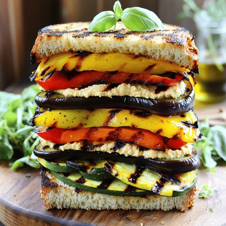 To make the best grilled vegetable sandwich, you need fresh, colorful veggies. Here are the must-have ingredients: - 1 medium zucchini, sliced into thin rounds - 1 red bell pepper, sliced into strips - 1 yellow bell pepper, sliced into strips - 1 small eggplant, sliced into rounds - 1 small red onion, sliced into rings These vegetables not only add great taste but also bring vibrant colors to your plate. Grilling them enhances their natural sweetness and gives them a nice char. Seasonings are key to making your sandwich flavorful. Here’s what you should use: - 2 tablespoons olive oil - 1 teaspoon garlic powder - 1 teaspoon smoked paprika - Salt and pepper to taste Olive oil helps the vegetables grill nicely and adds richness. Garlic powder and smoked paprika give a wonderful depth of flavor. Don’t forget to add salt and pepper to enhance all the tastes. The right bread makes a big difference. For this sandwich, I recommend: - 4 slices of whole grain bread Whole grain bread adds fiber and a hearty texture. It holds up well against the juicy vegetables. You can toast it on a grill for extra flavor and crunch. For a complete guide on creating this delicious sandwich, check out the Full Recipe. Enjoy the process and let your creativity shine! Start by heating your grill or grill pan to medium-high. This step is key for nice grill marks. While the grill heats, prepare your veggies. Slice the zucchini, red bell pepper, yellow bell pepper, eggplant, and red onion. Aim for even slices so they cook well. Place all the sliced veggies in a bowl. Now, drizzle two tablespoons of olive oil over the veggies. Add one teaspoon of garlic powder, one teaspoon of smoked paprika, salt, and pepper. Toss everything until the veggies are well coated. This mix gives great flavor! Once the grill is hot, place your seasoned vegetables on it. Cook for about five to seven minutes on each side. Look for tender veggies with nice grill marks. If they stick, wait a moment before flipping them. You want them to be soft and flavorful. While the veggies grill, toast your whole grain bread slices. You can use a toaster or the grill for extra taste. Once the bread is golden, spread one tablespoon of hummus on one side of each slice. Next, layer your grilled vegetables on two of the slices. Add fresh basil leaves for a burst of flavor. Close the sandwiches with the other slices, hummus side down. For a crispy finish, grill the assembled sandwiches for one to two minutes. Slice them in half and serve! For the full recipe, check the details above. Enjoy your tasty grilled vegetable sandwich! To get those perfect grill marks, heat your grill well. A hot grill gives a nice sear. Place the veggies in a single layer. Do not overcrowd them. You want each piece to touch the grill. Leave them alone for a few minutes. This helps form those tasty marks. Flip them only once. The longer they stay, the better the marks. You can boost flavor with simple add-ins. Try adding balsamic vinegar for a sweet kick. A sprinkle of feta cheese adds creaminess. Fresh herbs like thyme or rosemary add zest. You can also mix in olives for a salty bite. Experiment with different flavors to find your favorite. Toasting bread is key for a good sandwich. You want it crispy and warm. You can use a toaster for quick results. If you grill the bread, brush it with olive oil first. This adds flavor and helps it crisp. Toast until golden brown. This adds a nice texture to your sandwich. For the complete recipe, check out the Full Recipe section. {{image_4}} Protein makes your sandwich more filling and fun. You can add grilled chicken or turkey slices for a tasty boost. If you prefer plant-based options, consider using chickpeas or black beans. Just mash or mix them with your veggies. Tofu is also a great choice. Marinate it in soy sauce and grill until golden. Cheese can change the entire flavor of your sandwich. Try goat cheese for a tangy twist. Feta cheese adds a creamy touch too. If you like melting cheese, mozzarella works wonders. Swiss cheese gives a nice nutty flavor. Just layer your cheese on top of the grilled veggies before closing the sandwich. If you want to switch things up, add different veggies. Mushrooms give a meaty feel and smoky taste. Roasted red peppers add sweetness and depth. You can also try artichoke hearts for a unique flavor. Don’t forget to load up on greens! Spinach or arugula adds freshness. For the full recipe, check out the Grilled Veggie Delight Sandwich. To keep your grilled vegetables fresh, let them cool first. Place them in an airtight container. They can last up to three days in the fridge. If you want to store them longer, you can freeze them. Just make sure to seal them well in freezer bags. When ready, thaw them in the fridge overnight. If you have leftover sandwiches, wrap them tightly in foil or plastic wrap. This keeps them from drying out. Store them in the fridge, where they can last for about two days. If you want to save the sandwich for later, consider storing the fillings and bread separately. This keeps the bread from getting soggy. When you’re ready to eat, reheat the sandwich in a toaster oven or grill. This helps to keep the bread crispy. Heat it at a low temperature for about 5-10 minutes. You can also use a microwave, but be careful. It can make the bread chewy. For the best taste, add a little fresh basil or a drizzle of olive oil before serving. For the full recipe, check the details provided earlier. Yes, you can use frozen vegetables for grilling. However, fresh veggies taste better. Frozen vegetables may lose some crunch. If you choose frozen, thaw them first. Pat them dry to avoid excess moisture. This step helps achieve nice grill marks. Whole grain bread is best for a grilled vegetable sandwich. It adds flavor and texture. Sourdough also works well, giving a slight tang. Choose a sturdy bread to hold the toppings. Soft bread may get soggy quickly. To make a grilled vegetable sandwich vegan, simply skip any cheese or butter. Use hummus as a spread, which adds creaminess. You can also add avocado for richness. This keeps the sandwich flavorful and plant-based. For the full recipe, check out the Grilled Veggie Delight Sandwich. Grilled vegetable sandwiches are tasty and easy to make. We discussed key ingredients like fresh veggies, flavorful oils, and the right type of bread. The step-by-step guide ensures you grill and assemble your sandwich perfectly. Plus, helpful tips can enhance your flavors and presentation. Variations let you add proteins and cheeses for more options. Store leftovers smartly to enjoy later. With these insights, you can create a delicious grilled vegetable sandwich that will impress everyone. Now, it's time to fire up that grill and get cooking!
